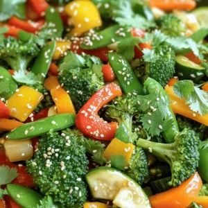 For a vibrant and crunchy veggie stir-fry, you need fresh vegetables. Here’s what I use: - 1 cup fresh broccoli florets - 1 cup mixed bell peppers (red, yellow, green), sliced into thin strips - 1 cup crisp snap peas, trimmed - 1 medium carrot, julienned - 1 small zucchini, sliced into half-moons These veggies provide great color, texture, and flavor. You can mix and match other vegetables based on your taste. Aromatics bring depth to your stir-fry. I recommend: - 3 cloves garlic, finely minced - 2 tablespoons fresh ginger, grated - 3 tablespoons soy sauce (or tamari for a gluten-free option) - 1 tablespoon toasted sesame oil - 2 tablespoons vegetable oil These ingredients enhance the flavor and aroma of your dish, making it irresistible. Garnishes add a fun touch to your meal. Try these: - Sesame seeds, for garnish - Fresh cilantro leaves, for garnish If you want substitutes, consider using green onions or crushed peanuts for a different flavor. You can also use any veggies you have at home for a tasty twist. Check the full recipe for more details on preparation. Start by washing all your veggies well. This step ensures they are clean and fresh. Slice the bell peppers into thin strips. Julienning the carrot makes it easy to eat. Cut the zucchini into half-moons. Mince the garlic and grate the ginger. Having your ingredients ready speeds up cooking and helps you avoid mistakes. Grab a large wok or skillet. Pour in the vegetable oil and set it over medium-high heat. Wait until the oil shimmers. This means it's hot and ready. Add the minced garlic and grated ginger. Stir them for about 30 seconds. You want the garlic to be golden and fragrant, not burnt. Next, toss in the broccoli florets and julienned carrot. Stir-fry them for 2-3 minutes. This softens them a bit while keeping a nice crunch. Cooking them first ensures they get enough time to cook through. Now it’s time for the sliced bell peppers and zucchini. Add them to the pan and keep stirring. Cook for another 2-3 minutes. You want them to soften but still look bright and colorful. Toss in the snap peas next. Drizzle the soy sauce and toasted sesame oil over everything. Stir well to coat all the veggies. Heat them through for about 2 more minutes. This step blends all the flavors together. Once done, take the stir-fry off the heat. Sprinkle sesame seeds and fresh cilantro on top. This adds a nice pop of color and flavor. Serve your stir-fry hot and enjoy it! For the complete recipe, check out the Full Recipe section. To get a great stir-fry, use high heat. A hot pan helps keep veggies crisp. Cut your vegetables into similar sizes. This helps them cook evenly. Prep all your ingredients before you start. It makes cooking quick and easy. Stir constantly to avoid burning. If you see smoke, lower the heat a bit. Add fresh herbs like cilantro for a bright taste. You can also use a splash of lime juice. For heat, try adding red pepper flakes. Mixing in different sauces adds depth. A bit of sesame oil at the end boosts flavor. Don't forget to taste as you cook! Cleanup can be a breeze! Soak your pans right after cooking. This helps food bits come off easily. Use parchment paper on baking sheets to avoid sticking. Keep a bowl handy for scraps. It keeps your workspace tidy while cooking. A clean kitchen makes cooking more fun! For the complete recipe, check the Full Recipe section. {{image_4}} You can easily add protein to your veggie stir fry. Tofu is a great choice if you want a plant-based option. It soaks up flavor well. Cut it into cubes and fry it until golden. Chicken is another popular option. Use boneless, skinless chicken thighs or breasts. Slice them thin for quick cooking. Add them to the pan before the veggies. Cook until no longer pink. Shrimp cooks quickly. Toss peeled and deveined shrimp into the pan after the garlic and ginger. Cook for just a few minutes until they turn pink. Adjust the flavor of your stir fry to fit your taste. For a spicy kick, add red pepper flakes or a splash of sriracha. Start with a little, and add more as you like. To make it sweet, add a spoonful of honey or brown sugar. This balances the soy sauce's saltiness. You can also use sweet chili sauce for a different twist. If you love nutty flavors, try adding peanut butter or tahini. Mix it with the soy sauce for a rich taste. You can also sprinkle chopped nuts on top for crunch. Using seasonal vegetables can change your stir fry's flavor and texture. In spring, add asparagus or snap peas for a fresh crunch. Summer is perfect for zucchini and bell peppers. In fall, use hearty veggies like Brussels sprouts or butternut squash. Winter calls for root vegetables like carrots and parsnips. You can mix and match based on what's fresh and available. For the full recipe, check the Vibrant Crunchy Veggie Stir-Fry. After your veggie stir fry cools, place it in an airtight container. You can store leftovers in the refrigerator for up to three days. Make sure not to leave it out at room temperature for longer than two hours. This keeps your meal safe and tasty. To reheat your stir fry, use a skillet or microwave. If using a skillet, heat over medium heat. Add a splash of water or oil to keep it moist. Stir often until warm. If using a microwave, place it in a microwave-safe dish. Cover with a lid or wrap for even heating. Heat in short bursts, stirring in between, until hot. You can freeze your veggie stir fry for later enjoyment. Let it cool completely, then transfer it to a freezer-safe bag. Remove as much air as possible before sealing. Your stir fry will keep well for up to three months. When you're ready to eat it, thaw it overnight in the fridge before reheating. This method keeps the veggies crisp and full of flavor. For the full recipe, check out the vibrant crunchy veggie stir-fry that makes meal prep easy and fun! To make your stir-fry more colorful, use a variety of vegetables. Aim for bright colors like red, green, and orange. Bell peppers, carrots, and purple cabbage add a pop. You can also add fresh herbs like cilantro or basil for extra color. Mixing different shapes and sizes helps too. For example, cut some veggies into strips and others into rounds. The more colors you include, the more vibrant your dish will be. Yes, you can use frozen vegetables! They are a great time saver and can still taste good. Just remember to thaw them first. Drain any excess water to avoid a soggy stir-fry. Add them to the hot pan and stir-fry for a few minutes until they are heated through. Frozen veggies can be just as nutritious as fresh ones, making them a handy option. Veggie stir-fry pairs well with many sides. I recommend serving it with steamed rice or quinoa. Both options soak up the sauce nicely. You can also serve it with noodles for a twist. If you want to add protein, try tofu or chicken on the side. For a lighter meal, a fresh salad also works well. These options make your meal more satisfying and tasty. You learned how to make a quick and tasty veggie stir-fry. We broke down the ingredients, steps, and tips to make it great. I shared ways to add protein and flavor too. Remember, fresh veggies and good oil are key. Use your favorite ingredients and enjoy your meal. With these tips, your stir-fry will be colorful and fun. Now, get cooking and impress everyone with your new dish!