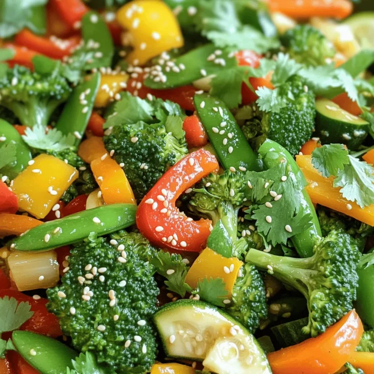 For a vibrant and crunchy veggie stir-fry, you need fresh vegetables. Here’s what I use: - 1 cup fresh broccoli florets - 1 cup mixed bell peppers (red, yellow, green), sliced into thin strips - 1 cup crisp snap peas, trimmed - 1 medium carrot, julienned - 1 small zucchini, sliced into half-moons These veggies provide great color, texture, and flavor. You can mix and match other vegetables based on your taste. Aromatics bring depth to your stir-fry. I recommend: - 3 cloves garlic, finely minced - 2 tablespoons fresh ginger, grated - 3 tablespoons soy sauce (or tamari for a gluten-free option) - 1 tablespoon toasted sesame oil - 2 tablespoons vegetable oil These ingredients enhance the flavor and aroma of your dish, making it irresistible. Garnishes add a fun touch to your meal. Try these: - Sesame seeds, for garnish - Fresh cilantro leaves, for garnish If you want substitutes, consider using green onions or crushed peanuts for a different flavor. You can also use any veggies you have at home for a tasty twist. Check the full recipe for more details on preparation. Start by washing all your veggies well. This step ensures they are clean and fresh. Slice the bell peppers into thin strips. Julienning the carrot makes it easy to eat. Cut the zucchini into half-moons. Mince the garlic and grate the ginger. Having your ingredients ready speeds up cooking and helps you avoid mistakes. Grab a large wok or skillet. Pour in the vegetable oil and set it over medium-high heat. Wait until the oil shimmers. This means it's hot and ready. Add the minced garlic and grated ginger. Stir them for about 30 seconds. You want the garlic to be golden and fragrant, not burnt. Next, toss in the broccoli florets and julienned carrot. Stir-fry them for 2-3 minutes. This softens them a bit while keeping a nice crunch. Cooking them first ensures they get enough time to cook through. Now it’s time for the sliced bell peppers and zucchini. Add them to the pan and keep stirring. Cook for another 2-3 minutes. You want them to soften but still look bright and colorful. Toss in the snap peas next. Drizzle the soy sauce and toasted sesame oil over everything. Stir well to coat all the veggies. Heat them through for about 2 more minutes. This step blends all the flavors together. Once done, take the stir-fry off the heat. Sprinkle sesame seeds and fresh cilantro on top. This adds a nice pop of color and flavor. Serve your stir-fry hot and enjoy it! For the complete recipe, check out the Full Recipe section. To get a great stir-fry, use high heat. A hot pan helps keep veggies crisp. Cut your vegetables into similar sizes. This helps them cook evenly. Prep all your ingredients before you start. It makes cooking quick and easy. Stir constantly to avoid burning. If you see smoke, lower the heat a bit. Add fresh herbs like cilantro for a bright taste. You can also use a splash of lime juice. For heat, try adding red pepper flakes. Mixing in different sauces adds depth. A bit of sesame oil at the end boosts flavor. Don't forget to taste as you cook! Cleanup can be a breeze! Soak your pans right after cooking. This helps food bits come off easily. Use parchment paper on baking sheets to avoid sticking. Keep a bowl handy for scraps. It keeps your workspace tidy while cooking. A clean kitchen makes cooking more fun! For the complete recipe, check the Full Recipe section. {{image_4}} You can easily add protein to your veggie stir fry. Tofu is a great choice if you want a plant-based option. It soaks up flavor well. Cut it into cubes and fry it until golden. Chicken is another popular option. Use boneless, skinless chicken thighs or breasts. Slice them thin for quick cooking. Add them to the pan before the veggies. Cook until no longer pink. Shrimp cooks quickly. Toss peeled and deveined shrimp into the pan after the garlic and ginger. Cook for just a few minutes until they turn pink. Adjust the flavor of your stir fry to fit your taste. For a spicy kick, add red pepper flakes or a splash of sriracha. Start with a little, and add more as you like. To make it sweet, add a spoonful of honey or brown sugar. This balances the soy sauce's saltiness. You can also use sweet chili sauce for a different twist. If you love nutty flavors, try adding peanut butter or tahini. Mix it with the soy sauce for a rich taste. You can also sprinkle chopped nuts on top for crunch. Using seasonal vegetables can change your stir fry's flavor and texture. In spring, add asparagus or snap peas for a fresh crunch. Summer is perfect for zucchini and bell peppers. In fall, use hearty veggies like Brussels sprouts or butternut squash. Winter calls for root vegetables like carrots and parsnips. You can mix and match based on what's fresh and available. For the full recipe, check the Vibrant Crunchy Veggie Stir-Fry. After your veggie stir fry cools, place it in an airtight container. You can store leftovers in the refrigerator for up to three days. Make sure not to leave it out at room temperature for longer than two hours. This keeps your meal safe and tasty. To reheat your stir fry, use a skillet or microwave. If using a skillet, heat over medium heat. Add a splash of water or oil to keep it moist. Stir often until warm. If using a microwave, place it in a microwave-safe dish. Cover with a lid or wrap for even heating. Heat in short bursts, stirring in between, until hot. You can freeze your veggie stir fry for later enjoyment. Let it cool completely, then transfer it to a freezer-safe bag. Remove as much air as possible before sealing. Your stir fry will keep well for up to three months. When you're ready to eat it, thaw it overnight in the fridge before reheating. This method keeps the veggies crisp and full of flavor. For the full recipe, check out the vibrant crunchy veggie stir-fry that makes meal prep easy and fun! To make your stir-fry more colorful, use a variety of vegetables. Aim for bright colors like red, green, and orange. Bell peppers, carrots, and purple cabbage add a pop. You can also add fresh herbs like cilantro or basil for extra color. Mixing different shapes and sizes helps too. For example, cut some veggies into strips and others into rounds. The more colors you include, the more vibrant your dish will be. Yes, you can use frozen vegetables! They are a great time saver and can still taste good. Just remember to thaw them first. Drain any excess water to avoid a soggy stir-fry. Add them to the hot pan and stir-fry for a few minutes until they are heated through. Frozen veggies can be just as nutritious as fresh ones, making them a handy option. Veggie stir-fry pairs well with many sides. I recommend serving it with steamed rice or quinoa. Both options soak up the sauce nicely. You can also serve it with noodles for a twist. If you want to add protein, try tofu or chicken on the side. For a lighter meal, a fresh salad also works well. These options make your meal more satisfying and tasty. You learned how to make a quick and tasty veggie stir-fry. We broke down the ingredients, steps, and tips to make it great. I shared ways to add protein and flavor too. Remember, fresh veggies and good oil are key. Use your favorite ingredients and enjoy your meal. With these tips, your stir-fry will be colorful and fun. Now, get cooking and impress everyone with your new dish!
