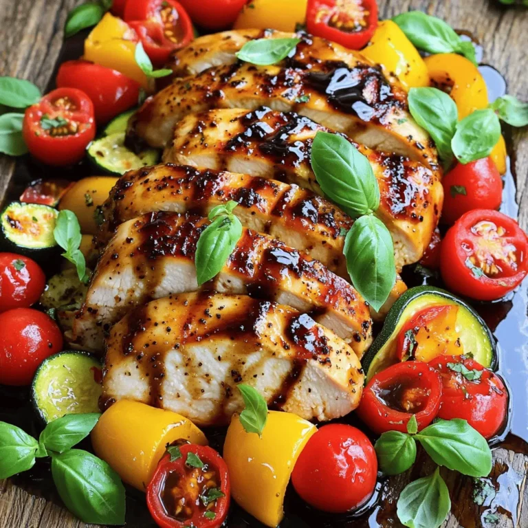 Here are the ingredients you need for this Balsamic Chicken with Veggies: - 4 boneless, skinless chicken breasts - 1/2 cup balsamic vinegar - 3 tablespoons honey - 2 tablespoons olive oil (plus more for veggies) - 3 cloves garlic, minced - 1 teaspoon dried Italian herbs - Salt and pepper to taste - 1 red bell pepper, sliced into strips - 1 yellow bell pepper, sliced into strips - 1 zucchini, sliced into half-moons - 1 cup cherry tomatoes, halved - Fresh basil leaves for garnish Each ingredient plays a key role. The chicken is the star. Balsamic vinegar adds a rich tang. Honey gives it a nice sweetness. Garlic and herbs bring in delicious flavors. The colorful veggies not only look great but add nutrition too. Bell peppers add crunch, zucchini brings softness, and cherry tomatoes add juiciness. When you gather these items, you set yourself up for a tasty meal. Make sure to pick fresh veggies. They make a big difference in taste. For the full recipe, check out the detailed instructions. Happy cooking! To start, grab a medium bowl. Combine balsamic vinegar, honey, olive oil, minced garlic, dried Italian herbs, salt, and pepper. Whisk them together until mixed well. Next, take your chicken breasts and place them in a large resealable bag or shallow dish. Pour the marinade over the chicken. Seal the bag or cover the dish. Now, refrigerate the chicken for at least 30 minutes. If you want a deeper flavor, let it marinate for up to 2 hours. It's time to preheat the oven. Set it to 400°F (200°C). While the oven heats, prepare your veggies. In a large mixing bowl, toss sliced red and yellow bell peppers, zucchini, and halved cherry tomatoes with a drizzle of olive oil. Season them with salt and pepper. Use your hands or a spatula to mix until the veggies are well coated. Now, take a large baking dish. Place the marinated chicken breasts in the center. Surround them with the seasoned veggies, spreading them evenly. Carefully put the baking dish in your preheated oven. Bake everything for 25 to 30 minutes. Make sure the chicken is fully cooked; the internal temperature should reach 165°F. Once done, remove the dish from the oven. Allow the chicken to rest for about 5 minutes. Slice the chicken and arrange it on a serving platter, placing the vibrant veggies around it. Drizzle any remaining pan juices over the dish. For a lovely touch, garnish with fresh basil leaves. Marinating chicken helps it soak up flavor. For the best taste, marinate for at least 30 minutes. If you have time, go for 2 hours. The longer it sits, the more the chicken absorbs the balsamic vinegar and honey. This makes every bite burst with flavor. How do you know when the chicken is done? Use a meat thermometer. The safe internal temperature for chicken is 165°F. Insert the thermometer into the thickest part of the breast. If it reads 165°F or higher, your chicken is ready. This step ensures you serve juicy and safe chicken. Presentation matters. Serve your dish family-style on a large platter. Place the chicken in the center and arrange the colorful veggies around it. For an extra touch, drizzle balsamic reduction on top. Add fresh basil leaves for a pop of green. This makes your meal look as good as it tastes. For the full recipe, check out the complete guide above. {{image_4}} You can easily change the veggies in this dish. Try using asparagus or broccoli for a fresh twist. Cauliflower or carrots also work well. Seasonal ingredients add great flavor and color. If you find some zucchini or yellow squash at the market, toss those in too! You can even mix in leafy greens like spinach or kale towards the end of baking for a nutritious boost. This way, you can make it different each time you cook. If you want to switch up the flavor, try a citrus marinade. Combine orange juice and zest with olive oil for a bright taste. You can also add a bit of soy sauce for a salty kick. If you like heat, mix in some red pepper flakes or hot sauce. This will spice things up! Experimenting with different herbs like rosemary or cilantro can create a unique taste. These ideas keep the dish exciting and fresh. For a complete meal, pair this balsamic chicken with grains. Quinoa or brown rice are great choices. They soak up the delicious juices from the chicken. A fresh salad with mixed greens and a light vinaigrette would also be a perfect side. You can even serve some crusty bread to soak up the extra sauce. These pairings create a balanced and satisfying dinner. Enjoy experimenting with different sides to find your favorite combination! To store leftovers, first let the dish cool. Place the chicken and veggies in an airtight container. They will stay fresh for about three days in the fridge. Make sure to cover them well to keep moisture in. This way, the flavors stay nice and bright! If you want to freeze Balsamic Chicken with Veggies, let it cool completely. Then, pack it in a freezer-safe bag or container. Remove as much air as possible to prevent freezer burn. You can freeze it for up to three months. To reheat, let it thaw in the fridge overnight before warming it up. To reheat the chicken and veggies, preheat your oven to 350°F (175°C). Place the dish in the oven for about 20 minutes. Check the chicken's internal temperature; it should be 165°F. This keeps the chicken juicy and the veggies tender. You can also use a microwave, but the oven helps keep the texture better. Yes, you can use chicken thighs. They add more flavor and stay juicy. When using thighs, adjust the cooking time. Bake them for about 30-35 minutes. Always check the internal temperature. It should reach 165°F to ensure they are safe to eat. Many sides go well with balsamic chicken. Here are some tasty options: - Steamed rice or quinoa - Garlic mashed potatoes - Roasted sweet potatoes - A fresh garden salad - Crusty bread for dipping These sides will balance the flavors of the chicken and veggies perfectly. Yes, making parts ahead is easy. You can marinate the chicken up to two hours in advance. Prepare the veggies a day before and store them in the fridge. On cooking day, just bake everything together. This saves time and makes dinner a breeze! For the best taste, try to bake right before serving. Check the Full Recipe for more details. This blog post showed how to create a tasty balsamic chicken dish. You learned about the key ingredients, marinating tips, and cooking methods. Remember to choose fresh vegetables and personalize your marinade for variety. Proper storage ensures leftovers stay delicious. Finally, this dish is great for family meals and easy to adapt. Enjoy crafting your balsamic chicken recipe, and feel free to explore new flavors or sides! It’s a perfect way to impress your family with simple cooking.