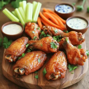 - 2 pounds chicken wings - 1 tablespoon baking powder - 1 teaspoon salt - 1 teaspoon freshly ground black pepper - 1 teaspoon garlic powder - 1 teaspoon onion powder - ½ teaspoon smoked paprika - ½ teaspoon cayenne pepper (optional) - 3 tablespoons olive oil - Freshly chopped parsley (for garnish) - Your favorite wing sauce To make crispy baked chicken wings, you need some key ingredients. Start with 2 pounds of chicken wings. The baking powder is vital; it helps the skin get crispy. Use 1 tablespoon of it. Next, season the wings. You will need 1 teaspoon each of salt, black pepper, garlic powder, and onion powder. The smoked paprika adds a nice flavor. Use ½ teaspoon of it. If you like heat, add ½ teaspoon of cayenne pepper. Finally, toss the wings with 3 tablespoons of olive oil. Don’t forget to garnish with freshly chopped parsley before serving. And, of course, have your favorite wing sauce ready for tossing after baking. You can find the full recipe with all steps [here](#). - Calories per serving: Approximately 350 - Macronutrient breakdown: - Fats: 25g - Proteins: 25g - Carbohydrates: 2g Knowing the nutritional content of your meal is important. Each serving has around 350 calories. You get 25 grams of fat, mostly from the olive oil and wings. There are also 25 grams of protein, which is great for muscle health. The carbohydrates are very low, making this a good option for many diets. - Baking sheet and wire rack - Mixing bowl - Paper towels For this recipe, you need a few tools. A baking sheet and a wire rack are essential. They help the air circulate around the wings. This allows them to cook evenly. You will also need a mixing bowl to combine your seasonings. Lastly, have some paper towels handy. You’ll use these to dry the wings well. Dry wings are key to achieving that perfect crispiness. Preheating the oven is vital for crispy wings. Set it to 250°F (120°C). This lower heat helps melt the fat in the chicken. As the fat renders, it creates a crispy texture. To make tasty wings, start by drying them well. Use paper towels to pat them dry. Removing moisture is crucial. Drier wings will crisp up better in the oven. Mix up the seasoning in a bowl. Combine baking powder, salt, black pepper, garlic powder, onion powder, smoked paprika, and cayenne if you like heat. Add the wings to the bowl and drizzle with olive oil. Toss gently to coat each wing evenly. Next, place the seasoned wings on a wire rack over a baking sheet. This setup allows air to flow around the wings. Bake them at 250°F (120°C) for 30 minutes. This step helps with crispiness. After 30 minutes, raise the oven to 425°F (220°C). Bake the wings for another 40-50 minutes. This higher heat gets them golden brown and crispy. Flip the wings halfway to cook evenly. Once crispy, take the wings out and let them rest for 5 minutes. Then, place them in a large bowl. Toss them in your favorite sauce until they are well coated. Serve on a platter with freshly chopped parsley for color. For the full recipe, check out the [Full Recipe]. To get the best crunch on your wings, use baking powder. It helps draw out moisture. Here’s how to do it right: - Use aluminum-free baking powder: This option keeps the flavor clean. - Pat dry the wings: Moisture is the enemy of crispiness. - Coat evenly: Mix the baking powder with your spices. This helps it stick to the wings. Pair your crispy wings with tasty sides and dips to make it a feast. Here are some ideas: - Celery and carrots: These fresh veggies add crunch. - Dips: Try ranch or blue cheese dressing. They complement the wings well. - Fries or onion rings: These classic sides add more fun to your meal. Here are some common pitfalls when making wings: - Not drying enough: If the wings are damp, they won’t crisp up well. - Overbaking: Keep an eye on the wings. They can burn quickly in the oven. - Crowding the pan: Give the wings space. This allows hot air to circulate for even cooking. For the full recipe, check out the previous section. Happy cooking! {{image_4}} You can change up the flavors of your wings with different sauces. Here are three popular options: - Buffalo: This classic sauce is spicy and tangy. Mix hot sauce with butter for a tasty kick. - Garlic Parmesan: For a savory twist, blend melted butter with minced garlic and grated Parmesan cheese. - Honey Mustard: Combine honey with Dijon mustard for a sweet and tangy glaze. Each sauce adds its own unique taste to the crispy wings. You can easily customize the heat of your wings. If you like it spicy, add more cayenne pepper. For a milder taste, reduce the amount or skip it. You can also try adding different spices, like chili powder or smoked paprika, to change the flavor profile. Just remember to balance heat with other flavors for the best results. You can also cook these wings in different ways. If you have an air fryer, it can give you crispy wings in less time. Simply follow the same seasoning steps and cook at 400°F for about 25-30 minutes. You can also grill the wings for a smoky flavor. Just make sure to watch them closely, so they don’t burn. Explore the [Full Recipe] for more ideas on how to enjoy your crispy baked chicken wings! To keep your crispy baked chicken wings fresh, store them in the fridge. Place the wings in an airtight container. Make sure they cool before sealing. This keeps them from getting soggy. Properly stored, they last up to four days. To reheat wings and keep them crispy, use the oven. Preheat it to 350°F (175°C). Place the wings on a baking sheet. Bake for about 10-15 minutes. You can also use an air fryer. Set it to 350°F (175°C) and cook for about 5-7 minutes. Both methods restore their crunchiness. If you want to freeze cooked wings, let them cool first. Wrap each wing tightly in plastic wrap. Then, place them in a freezer bag. Try to remove as much air as possible. They can stay in the freezer for up to three months. When ready to eat, thaw them in the fridge overnight before reheating. To make chicken wings crispy without frying, I use a simple trick. First, I pat the wings dry. This step is key. Less moisture means more crispness. Next, I coat them with baking powder and seasoning. The baking powder draws out moisture and helps them crisp up in the oven. Lastly, I bake them at two different temperatures. The first low bake renders the fat, while the high bake adds that golden color. Yes, you can use frozen chicken wings! Just make sure to thaw them first. I recommend placing them in the fridge overnight. This helps them defrost evenly. If you’re short on time, you can use the microwave. Just be careful not to cook them. Once thawed, follow the usual steps in the Full Recipe. Cooked chicken wings last about 3 to 4 days in the fridge. Store them in an airtight container. This keeps them fresh and safe to eat. If you want to keep them longer, consider freezing them instead. The best temperature for baking chicken wings is 425°F (220°C). This high heat makes them crispy and golden. The initial lower bake at 250°F (120°C) helps render the fat. Then, the high temperature finishes the wings perfectly. Yes, you can make these wings in advance! Bake them ahead of time and let them cool. Store them in the fridge for up to 4 days. When you're ready to serve, reheat them in the oven. This keeps them crispy and delicious. In this post, we covered how to make crispy chicken wings with simple steps. We discussed key ingredients, nutritional facts, and essential equipment. I shared tips for an extra crispy finish and various sauce options. Remember to dry the wings well and watch the baking time. With these methods, your wings will impress everyone. Feel free to experiment with flavors and make them your own. Enjoy your tasty creations, and don't forget to share your results!