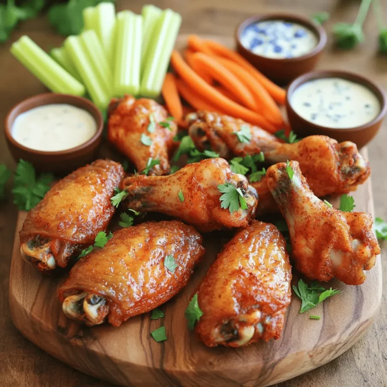 - 2 pounds chicken wings - 1 tablespoon baking powder - 1 teaspoon salt - 1 teaspoon freshly ground black pepper - 1 teaspoon garlic powder - 1 teaspoon onion powder - ½ teaspoon smoked paprika - ½ teaspoon cayenne pepper (optional) - 3 tablespoons olive oil - Freshly chopped parsley (for garnish) - Your favorite wing sauce To make crispy baked chicken wings, you need some key ingredients. Start with 2 pounds of chicken wings. The baking powder is vital; it helps the skin get crispy. Use 1 tablespoon of it. Next, season the wings. You will need 1 teaspoon each of salt, black pepper, garlic powder, and onion powder. The smoked paprika adds a nice flavor. Use ½ teaspoon of it. If you like heat, add ½ teaspoon of cayenne pepper. Finally, toss the wings with 3 tablespoons of olive oil. Don’t forget to garnish with freshly chopped parsley before serving. And, of course, have your favorite wing sauce ready for tossing after baking. You can find the full recipe with all steps [here](#). - Calories per serving: Approximately 350 - Macronutrient breakdown: - Fats: 25g - Proteins: 25g - Carbohydrates: 2g Knowing the nutritional content of your meal is important. Each serving has around 350 calories. You get 25 grams of fat, mostly from the olive oil and wings. There are also 25 grams of protein, which is great for muscle health. The carbohydrates are very low, making this a good option for many diets. - Baking sheet and wire rack - Mixing bowl - Paper towels For this recipe, you need a few tools. A baking sheet and a wire rack are essential. They help the air circulate around the wings. This allows them to cook evenly. You will also need a mixing bowl to combine your seasonings. Lastly, have some paper towels handy. You’ll use these to dry the wings well. Dry wings are key to achieving that perfect crispiness. Preheating the oven is vital for crispy wings. Set it to 250°F (120°C). This lower heat helps melt the fat in the chicken. As the fat renders, it creates a crispy texture. To make tasty wings, start by drying them well. Use paper towels to pat them dry. Removing moisture is crucial. Drier wings will crisp up better in the oven. Mix up the seasoning in a bowl. Combine baking powder, salt, black pepper, garlic powder, onion powder, smoked paprika, and cayenne if you like heat. Add the wings to the bowl and drizzle with olive oil. Toss gently to coat each wing evenly. Next, place the seasoned wings on a wire rack over a baking sheet. This setup allows air to flow around the wings. Bake them at 250°F (120°C) for 30 minutes. This step helps with crispiness. After 30 minutes, raise the oven to 425°F (220°C). Bake the wings for another 40-50 minutes. This higher heat gets them golden brown and crispy. Flip the wings halfway to cook evenly. Once crispy, take the wings out and let them rest for 5 minutes. Then, place them in a large bowl. Toss them in your favorite sauce until they are well coated. Serve on a platter with freshly chopped parsley for color. For the full recipe, check out the [Full Recipe]. To get the best crunch on your wings, use baking powder. It helps draw out moisture. Here’s how to do it right: - Use aluminum-free baking powder: This option keeps the flavor clean. - Pat dry the wings: Moisture is the enemy of crispiness. - Coat evenly: Mix the baking powder with your spices. This helps it stick to the wings. Pair your crispy wings with tasty sides and dips to make it a feast. Here are some ideas: - Celery and carrots: These fresh veggies add crunch. - Dips: Try ranch or blue cheese dressing. They complement the wings well. - Fries or onion rings: These classic sides add more fun to your meal. Here are some common pitfalls when making wings: - Not drying enough: If the wings are damp, they won’t crisp up well. - Overbaking: Keep an eye on the wings. They can burn quickly in the oven. - Crowding the pan: Give the wings space. This allows hot air to circulate for even cooking. For the full recipe, check out the previous section. Happy cooking! {{image_4}} You can change up the flavors of your wings with different sauces. Here are three popular options: - Buffalo: This classic sauce is spicy and tangy. Mix hot sauce with butter for a tasty kick. - Garlic Parmesan: For a savory twist, blend melted butter with minced garlic and grated Parmesan cheese. - Honey Mustard: Combine honey with Dijon mustard for a sweet and tangy glaze. Each sauce adds its own unique taste to the crispy wings. You can easily customize the heat of your wings. If you like it spicy, add more cayenne pepper. For a milder taste, reduce the amount or skip it. You can also try adding different spices, like chili powder or smoked paprika, to change the flavor profile. Just remember to balance heat with other flavors for the best results. You can also cook these wings in different ways. If you have an air fryer, it can give you crispy wings in less time. Simply follow the same seasoning steps and cook at 400°F for about 25-30 minutes. You can also grill the wings for a smoky flavor. Just make sure to watch them closely, so they don’t burn. Explore the [Full Recipe] for more ideas on how to enjoy your crispy baked chicken wings! To keep your crispy baked chicken wings fresh, store them in the fridge. Place the wings in an airtight container. Make sure they cool before sealing. This keeps them from getting soggy. Properly stored, they last up to four days. To reheat wings and keep them crispy, use the oven. Preheat it to 350°F (175°C). Place the wings on a baking sheet. Bake for about 10-15 minutes. You can also use an air fryer. Set it to 350°F (175°C) and cook for about 5-7 minutes. Both methods restore their crunchiness. If you want to freeze cooked wings, let them cool first. Wrap each wing tightly in plastic wrap. Then, place them in a freezer bag. Try to remove as much air as possible. They can stay in the freezer for up to three months. When ready to eat, thaw them in the fridge overnight before reheating. To make chicken wings crispy without frying, I use a simple trick. First, I pat the wings dry. This step is key. Less moisture means more crispness. Next, I coat them with baking powder and seasoning. The baking powder draws out moisture and helps them crisp up in the oven. Lastly, I bake them at two different temperatures. The first low bake renders the fat, while the high bake adds that golden color. Yes, you can use frozen chicken wings! Just make sure to thaw them first. I recommend placing them in the fridge overnight. This helps them defrost evenly. If you’re short on time, you can use the microwave. Just be careful not to cook them. Once thawed, follow the usual steps in the Full Recipe. Cooked chicken wings last about 3 to 4 days in the fridge. Store them in an airtight container. This keeps them fresh and safe to eat. If you want to keep them longer, consider freezing them instead. The best temperature for baking chicken wings is 425°F (220°C). This high heat makes them crispy and golden. The initial lower bake at 250°F (120°C) helps render the fat. Then, the high temperature finishes the wings perfectly. Yes, you can make these wings in advance! Bake them ahead of time and let them cool. Store them in the fridge for up to 4 days. When you're ready to serve, reheat them in the oven. This keeps them crispy and delicious. In this post, we covered how to make crispy chicken wings with simple steps. We discussed key ingredients, nutritional facts, and essential equipment. I shared tips for an extra crispy finish and various sauce options. Remember to dry the wings well and watch the baking time. With these methods, your wings will impress everyone. Feel free to experiment with flavors and make them your own. Enjoy your tasty creations, and don't forget to share your results!