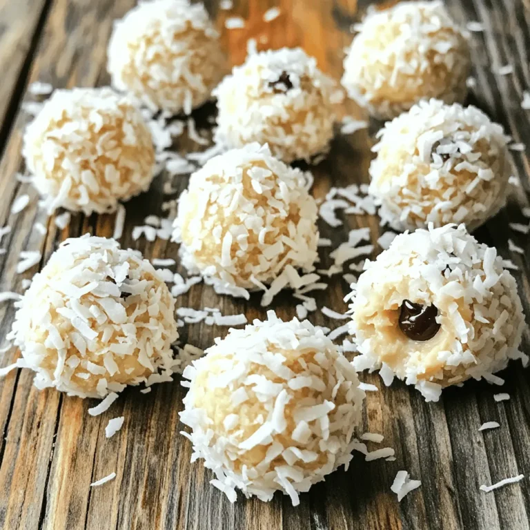 To make these no-bake coconut energy bites, you need the following items: - 1 cup rolled oats - 1/2 cup unsweetened shredded coconut - 1/2 cup almond butter (or substitute with peanut butter) - 1/4 cup honey (or maple syrup for vegan) - 1/4 cup dark chocolate chips (optional) - 1/4 teaspoon vanilla extract - 1/4 teaspoon sea salt - Extra unsweetened shredded coconut for coating These ingredients pack a nutritious punch. Here’s why they are good for you: - Rolled oats provide fiber. They help keep you full and support digestion. - Unsweetened shredded coconut offers healthy fats. These fats can boost your energy. - Almond butter gives protein. It helps build and repair muscles. - Honey adds natural sweetness. It’s a quick energy source. - Dark chocolate chips provide antioxidants. They can improve heart health. - Vanilla extract adds flavor. It can also uplift your mood. - Sea salt enhances taste. It helps balance hydration. You can easily swap ingredients for allergies or preferences: - For nut allergies, use sunflower seed butter or tahini instead of almond butter. - If you can't have honey, maple syrup is a great vegan option. - For gluten-free diets, ensure your oats are certified gluten-free. - If you want to avoid chocolate, leave it out or use dried fruit for sweetness. These coconut energy bites are not only tasty but also tailored to fit many dietary needs. Enjoy making them! Making No-Bake Coconut Energy Bites is simple and quick. You will need just a few bowls and a spoon. Gather your ingredients first. This helps you stay organized. The key is to work in stages. Mixing dry and wet ingredients separately is a good start. 1. Mix Dry Ingredients: Start by adding the rolled oats and shredded coconut to a medium bowl. Stir them together well. 2. Prepare Wet Mixture: In another bowl, blend the almond butter and honey. If you want it vegan, use maple syrup. Add the vanilla and sea salt. Whisk until smooth and creamy. 3. Combine Ingredients: Pour the wet mix into the dry bowl. Stir gently until everything is well mixed. If you like chocolate, add the dark chocolate chips now. Fold them in carefully. 4. Form Bites: Take small amounts of the mixture and roll them into balls. Aim for about 1 inch in size. If the mix is sticky, wet your hands a bit to help. 5. Coat in Coconut: Roll each ball in extra shredded coconut. This adds flavor and texture. Make sure they are coated well. Place the energy bites on a baking sheet with parchment paper. Put them in the fridge for at least 30 minutes. This helps them firm up. Once they are set, move them to an airtight container. These bites last up to a week in the fridge. You can also freeze them for longer storage. Enjoy your tasty and healthy treats! For the complete recipe, check out the Full Recipe section. To make your coconut energy bites easier to prepare, keep these tips in mind: - Use a non-stick bowl: This helps the mixture come together better. - Measure ingredients properly: Accurate measurements ensure the right texture. - Dampen your hands: If the mixture is sticky, wet hands help form perfect balls. - Chill your bowl: A cold bowl can help keep the mixture firm while you work. You can boost the flavor and texture of your energy bites with a few simple tweaks: - Add spices: A pinch of cinnamon or nutmeg can elevate the taste. - Include seeds: Chia seeds or flaxseeds add nutrition and crunch. - Mix in dried fruit: Raisins, cranberries, or chopped dates provide sweetness and chewiness. - Swap for different nut butters: Try cashew or sunflower seed butter for variety. Make your energy bites look as good as they taste with these serving ideas: - Presentation: Place them in a decorative bowl and sprinkle extra coconut on top. - Gift them: Package bites in small jars with a ribbon for a thoughtful gift. - Pair with drinks: Serve with smoothies or herbal tea for a tasty snack combo. - Offer variety: Create a platter with different flavors to please all guests. For the full recipe, check out the detailed instructions provided earlier. {{image_4}} You can easily change the taste of your energy bites. Here are some ideas: - Add Spices: Try cinnamon or nutmeg for warmth. A pinch of cayenne adds heat. - Mix in Seeds: Chia or flaxseeds boost nutrition and add crunch. - Use Dried Fruit: Chopped dates or cranberries give a sweet twist. - Experiment with Nut Butters: Cashew or sunflower butter can change the flavor profile. These small adjustments can make each batch unique, giving you endless options to enjoy. You can make these energy bites fit many diets: - Vegan: Use maple syrup instead of honey. This makes them vegan-friendly. - Nut-Free: Replace almond butter with sunflower seed butter. This keeps them safe for nut allergies. - Gluten-Free: Ensure your oats are certified gluten-free if needed. These adaptations let everyone enjoy these tasty bites, regardless of dietary needs. You can make your energy bites in different sizes to suit your needs: - Mini Bites: Roll smaller balls for a quick snack. These are great for kids. - Larger Bites: Make bigger balls for a more filling treat. These work well as meal replacements on the go. - Different Shapes: Use a cookie cutter for fun shapes. This can make them more appealing for parties or events. By varying the size and shape, you can keep things interesting and cater to different occasions. To keep your no-bake coconut energy bites fresh, place them in an airtight container. You can store them in the fridge for up to a week. Make sure to separate layers with parchment paper. This keeps them from sticking together. If you want to enjoy them later, freezing is a great option. For longer shelf life, you can freeze these bites. First, arrange them in a single layer on a baking sheet. Freeze them for about one hour. Once frozen, transfer them to a freezer-safe bag. They can stay frozen for up to three months. Just remember to label the bag with the date. To keep your energy bites fresh, always use clean utensils when handling them. Avoid exposing them to moisture. If they start to feel dry, you can add a little more almond butter to the mix. Storing them in a cool, dark place also helps maintain their taste and texture. No-Bake Coconut Energy Bites last about one week in the fridge. Store them in an airtight container to keep them fresh. If you freeze them, they can last for up to three months. This makes them great for meal prep or quick snacks! Yes, you can use other nut butters. Peanut butter works well and adds a nice flavor. Cashew butter or sunflower seed butter are great options too. Just keep in mind that each nut butter has a unique taste and texture. You may need to adjust the amount based on how thick the nut butter is. To boost the chocolate flavor, try adding cocoa powder to the mixture. Start with one tablespoon and mix it in with the dry ingredients. You can also use chocolate chips, but make sure they are high-quality. For a richer taste, consider using dark chocolate chips or even a drizzle of melted chocolate on top. You can find the Full Recipe for more details on how to make these tasty bites! We explored how to make No-Bake Coconut Energy Bites, including key ingredients and their benefits. You learned about preparation steps, tips for flavor enhancement, and storage methods. Remember, these bites are versatile. Change flavors or adapt for any diet. Enjoy them fresh or store them for later. Keep experimenting to find what you love most. Simple, tasty, and healthy snacks are just a mix away. Embrace your creativity and keep those energy levels up!