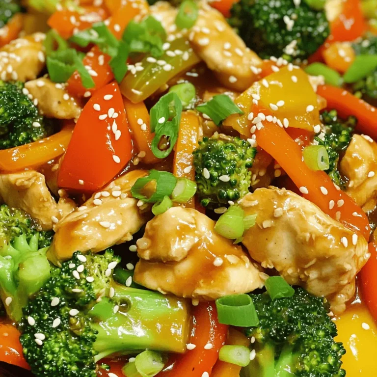 For a quick meal, gather these items: - 2 boneless, skinless chicken breasts, thinly sliced - 1 cup bell peppers (a mix of red, yellow, and green), sliced - 1 cup broccoli florets - 1 medium carrot, julienned - 3 cloves garlic, minced - 1 tablespoon fresh ginger, grated These fresh ingredients give your stir fry a vibrant look and taste. You will need these key seasonings and oils for flavor: - 2 tablespoons soy sauce - 1 tablespoon sesame oil - 1 tablespoon cornstarch - 1/2 cup chicken broth - 2 tablespoons vegetable oil - Salt and pepper to taste These seasonings bring out the best in your chicken and veggies. Add some fun touches with these garnishes: - 3 green onions, thinly sliced - Sesame seeds These garnishes not only look good but also add extra flavor and crunch. For the full recipe, check out the complete guide to Easy Chicken Stir Fry. First, take two boneless, skinless chicken breasts. Slice them thinly and place them in a bowl. Add one tablespoon of cornstarch, along with salt and pepper to taste. Mix well until the chicken is evenly coated. Let it sit for 10 minutes. This helps make the chicken tender and tasty. Heat one tablespoon of vegetable oil in a large skillet or wok over medium-high heat. When the oil shimmers, carefully add the chicken slices. Stir-fry the chicken for about 5 to 7 minutes. You want the chicken to be golden brown and cooked through. Once done, use a slotted spoon to take out the chicken. Place it on a plate and set it aside. In the same skillet, add another tablespoon of vegetable oil. When it gets hot, toss in three minced garlic cloves and one tablespoon of grated ginger. Also, add one julienned carrot. Sauté this mix for about 2 minutes. Keep stirring until it smells good and the carrots start to soften. Now, add one cup of sliced bell peppers and one cup of broccoli florets to the skillet. Stir-fry for another 3 to 4 minutes. You want the veggies to stay bright and crisp. Next, return the cooked chicken to the skillet. Pour in two tablespoons of soy sauce and half a cup of chicken broth. Stir everything together for 2 to 3 minutes. This allows the sauce to thicken a bit. Finally, drizzle one tablespoon of sesame oil over the stir-fry and mix gently. Taste and add more salt or pepper if needed. For a beautiful finish, garnish with thinly sliced green onions and a sprinkle of sesame seeds. You can follow the Full Recipe for more details! To make great chicken stir fry, the right techniques matter. Start by thinly slicing your chicken. Thin pieces cook fast and stay juicy. Coat the chicken with cornstarch for a crispy texture. Heat your pan until it’s hot before adding the oil. This helps the chicken brown nicely. Stir-fry quickly over high heat. This keeps the chicken tender and prevents it from steaming. For crisp vegetables, timing is key. Add harder veggies like carrots first. Sauté them for a couple of minutes before adding softer ones like bell peppers and broccoli. Stir-fry just until they turn bright and tender-crisp. This keeps their nutrients and bright colors. Also, don’t overcrowd the pan. Cook in batches if needed to ensure even cooking. Enhance your stir fry with fresh aromatics. Garlic and ginger bring warmth and depth. Add soy sauce for umami and a splash of chicken broth for moisture. If you like spice, consider adding red pepper flakes or a dash of sriracha. Taste your dish as you cook. Adjust salt and pepper to your liking. Finish with sesame oil for a nutty flavor. For more ideas, check out the Full Recipe for extra tips. {{image_4}} You can use many proteins in this stir fry. Try thinly sliced beef or shrimp for a twist. Firm tofu works great for a vegetarian option. Just remember to adjust the cooking time. Each protein has its own cooking time. Beef may take longer than chicken, while shrimp cooks faster. Always ensure your protein is cooked through for safety. Feel free to change up the veggies in your stir fry. Snow peas, snap peas, or zucchini add a nice crunch. You can also use mushrooms or asparagus for extra flavor. Just make sure to cut them into even pieces for even cooking. Mixing different colors not only looks good but adds to the taste. Switching up the sauce can change the whole dish. Try teriyaki sauce for a sweeter flavor. A splash of oyster sauce gives a rich taste. You can also use chili paste if you like heat. Don’t forget to taste as you go. Adjust the flavors to your liking. You can find the full recipe in this guide. To keep your chicken stir fry fresh, let it cool first. Place it in an airtight container. Store it in the fridge. It should stay good for about 3-4 days. If you plan to eat it later, use the freezer instead. When you’re ready to eat your leftovers, reheat them gently. Use a skillet on low heat. Add a splash of water or broth to keep it moist. Stir often until it's heated through. This way, it stays tasty and does not dry out. If you want to freeze your chicken stir fry, place it in a freezer-safe container. Make sure to leave some space for the food to expand. It can last for about 2-3 months in the freezer. When you're ready to eat, thaw it in the fridge overnight. Reheat it well before serving. For more detailed instructions, check the Full Recipe. I recommend using boneless, skinless chicken breasts. They cook fast and stay tender. Thinner slices make it easier for the chicken to absorb flavors. If you prefer dark meat, chicken thighs are also a great option. They add a richer taste to your dish. Yes, you can prepare chicken stir fry ahead of time. Cook the chicken and veggies, then store them in an airtight container. Keep it in the fridge for up to three days. When ready to serve, just reheat on the stove or in the microwave. You can serve this dish with rice or noodles. White rice or brown rice pairs well. You could also use rice noodles or udon noodles. For a low-carb option, serve it with cauliflower rice. A side salad adds freshness and extra crunch. To make this recipe healthier, use less oil when cooking. You can also add more vegetables like snap peas or mushrooms. Try using low-sodium soy sauce to reduce salt. For added fiber, serve it with whole grain rice or quinoa. You now have all the tools to make an easy chicken stir fry. We covered ingredients, step-by-step cooking instructions, and tips for the best results. You learned about variations and how to store leftovers, too. This versatile dish is quick to make and can please anyone. With some simple swaps, you can adjust flavors to suit your taste. Grab your pan and start cooking! Enjoy your delicious meal and impress your family and friends.