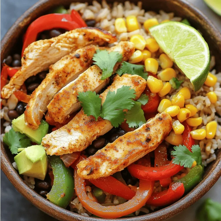 - 2 boneless, skinless chicken breasts, sliced into thin strips - 1 tablespoon olive oil - 1 teaspoon cumin - 1 teaspoon smoked paprika - 1 teaspoon garlic powder - 1 teaspoon onion powder - Salt and fresh ground black pepper, to taste - 1 red bell pepper, cored and sliced - 1 green bell pepper, cored and sliced - 1 medium onion, sliced into thin wedges - 1 cup cooked brown rice or quinoa - 1 cup canned black beans, rinsed and drained - 1 cup corn kernels (fresh, frozen, or canned) - 1 ripe avocado, diced - A handful of fresh cilantro, chopped, for garnish - Lime wedges, for serving In this meal, chicken is the star. I use two boneless, skinless breasts. Cutting them into thin strips helps them cook fast and soak up all those spices. For seasoning, I love a mix of cumin, smoked paprika, garlic powder, and onion powder. It gives the dish a warm, smoky taste. Olive oil adds richness and helps the spices stick to the chicken. Next, I add colorful veggies. Red and green bell peppers bring crunch and sweetness. The onion adds a nice savory touch. For the base, I often use brown rice or quinoa. Both are healthy and filling. Black beans and corn add fiber and texture. Finally, I top it all with fresh avocado and cilantro for creaminess and brightness. Don't forget a lime wedge to squeeze on top! You can find the Full Recipe to make these tasty bowls. To start, mix your spice blend. In a large bowl, combine cumin, smoked paprika, garlic powder, onion powder, salt, and black pepper. This mix packs a punch! Next, add your chicken strips to this blend. Pour in the olive oil to help the spices stick. Use your hands or a spoon to mix well. Make sure every piece is coated. This step gives your chicken amazing flavor. Now let's cook the chicken! Heat a large nonstick skillet on medium-high heat. Once hot, add the chicken strips to the pan. Cook them for about 5 to 7 minutes. Stir occasionally to prevent sticking. You want the chicken to be golden brown and fully cooked. Check the internal temperature; it should reach 165°F. This ensures it's safe to eat. Once the chicken is done, it’s time for the veggies. Add the sliced bell peppers and onions to the skillet. Stir everything together. Cook for another 5 to 6 minutes. The vegetables should be tender and colorful. This step adds a nice crunch and sweetness to your dish. While the chicken and veggies are cooking, heat the black beans and corn. Use a separate saucepan over medium heat. Stir them every so often. Heat until warm, which takes about 3 to 5 minutes. This adds protein and a nice texture to your bowls. Now for the fun part—assembling your bowls! Start with a base of cooked brown rice or quinoa at the bottom. Spoon the chicken and veggie mix on top. Then add a hearty scoop of black beans and corn. Finish with diced avocado and chopped cilantro. Add a lime wedge on the side for a fresh squeeze before eating. This bright and tasty dish is sure to impress! Check out the Full Recipe for all the details. To keep your chicken tender, marinate it with olive oil and spices. This adds flavor and moisture. Avoid overcooking the chicken; it should be golden brown and reach 165°F. This ensures it stays juicy. For perfectly sautéed vegetables, cook them after the chicken. Add them to the hot pan and stir often. This helps them stay crisp and colorful. Aim for about 5-6 minutes of cooking time. They should be soft but not mushy. To boost flavor, try adding chili powder or cayenne for some heat. You can also mix in fresh lime juice for a tangy kick. For toppings, consider shredded cheese, sour cream, or salsa. These add creaminess and zest to your bowls. For serving sauces, guacamole pairs nicely with the fajita bowls. You can also drizzle a bit of chipotle sauce for extra depth. These sauces enhance both taste and presentation. Want to learn more? Check out the Full Recipe for an in-depth guide to making these delightful Chicken Fajita Bowls! {{image_4}} If you want to mix things up, try different proteins. Tofu works great for a vegetarian option. Just cube it and sauté it until golden. Beef is another tasty choice. Use flank steak or sirloin, sliced thin. Shrimp is also a fun addition. Cook them until they turn pink and firm. Each protein brings its own flavor and texture. You can swap in different vegetables too. Zucchini adds a nice crunch. Mushrooms bring a hearty texture. Seasonal veggies like asparagus or squash can add variety. Try adding cherry tomatoes for a pop of color and flavor. Don’t be afraid to experiment with what you have on hand. Changing the grain can also enhance your bowls. Quinoa is a great choice; it's high in protein. Brown rice gives a nutty flavor and chewy texture. For a lighter option, use cauliflower rice. It’s low in carbs and adds a fresh taste. Choose what fits your mood and dietary needs. To keep your fajita bowls fresh, store them in airtight containers. Ensure you let them cool before sealing. This helps avoid condensation, which can make your meal soggy. Your prepared fajita bowls can last up to four days in the fridge. If you want to keep them longer, consider freezing them. They can last up to three months in the freezer. Just remember to label the containers with the date. When it comes to reheating, the microwave is the quickest method. Place a bowl in the microwave and cover it with a damp paper towel. Heat for about 1-2 minutes or until hot. Stir halfway through to heat evenly. For the best results, use the stovetop. Heat a nonstick skillet over medium heat. Add a little oil and then the fajita bowl mixture. Stir frequently until warm. This method keeps your ingredients nice and crispy. Enjoy your meal like it was freshly made! You can swap chicken for tofu or jackfruit. Use the same spices for flavor. Sauté the tofu until golden. Add your favorite veggies and beans to keep it hearty and tasty. Yes, you can use frozen chicken. Just ensure it’s fully thawed before cooking. This helps it cook evenly. If you cook from frozen, add a few extra minutes to the cooking time. To make it low-carb, skip the rice or quinoa. Instead, use cauliflower rice or leafy greens as a base. You can still add all the tasty veggies and spices for flavor. If you don’t have lime, use lemon juice or vinegar. Both add a nice tang. Adjust the amount to your taste, as they can be stronger than lime. Store leftovers in airtight containers. Place them in the fridge for up to three days. When you’re ready to eat, simply reheat in the microwave or on the stove. Enjoy your meal again! This blog post provided a complete guide to making chicken fajita bowls. We covered ingredients, step-by-step instructions, and helpful tips. You learned how to prepare chicken, sauté veggies, and build tasty bowls. Don't forget to explore protein and vegetable variations to make it your own. With the right storage tips, your leftovers can taste fresh and delicious. Now, you're set to create a flavorful meal that’s quick and easy! Enjoy your cooking journey!