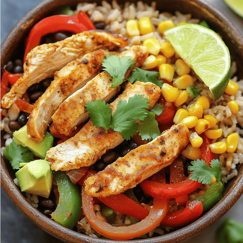 - 2 boneless, skinless chicken breasts, sliced into thin strips - 1 tablespoon olive oil - 1 teaspoon cumin - 1 teaspoon smoked paprika - 1 teaspoon garlic powder - 1 teaspoon onion powder - Salt and fresh ground black pepper, to taste - 1 red bell pepper, cored and sliced - 1 green bell pepper, cored and sliced - 1 medium onion, sliced into thin wedges - 1 cup cooked brown rice or quinoa - 1 cup canned black beans, rinsed and drained - 1 cup corn kernels (fresh, frozen, or canned) - 1 ripe avocado, diced - A handful of fresh cilantro, chopped, for garnish - Lime wedges, for serving In this meal, chicken is the star. I use two boneless, skinless breasts. Cutting them into thin strips helps them cook fast and soak up all those spices. For seasoning, I love a mix of cumin, smoked paprika, garlic powder, and onion powder. It gives the dish a warm, smoky taste. Olive oil adds richness and helps the spices stick to the chicken. Next, I add colorful veggies. Red and green bell peppers bring crunch and sweetness. The onion adds a nice savory touch. For the base, I often use brown rice or quinoa. Both are healthy and filling. Black beans and corn add fiber and texture. Finally, I top it all with fresh avocado and cilantro for creaminess and brightness. Don't forget a lime wedge to squeeze on top! You can find the Full Recipe to make these tasty bowls. To start, mix your spice blend. In a large bowl, combine cumin, smoked paprika, garlic powder, onion powder, salt, and black pepper. This mix packs a punch! Next, add your chicken strips to this blend. Pour in the olive oil to help the spices stick. Use your hands or a spoon to mix well. Make sure every piece is coated. This step gives your chicken amazing flavor. Now let's cook the chicken! Heat a large nonstick skillet on medium-high heat. Once hot, add the chicken strips to the pan. Cook them for about 5 to 7 minutes. Stir occasionally to prevent sticking. You want the chicken to be golden brown and fully cooked. Check the internal temperature; it should reach 165°F. This ensures it's safe to eat. Once the chicken is done, it’s time for the veggies. Add the sliced bell peppers and onions to the skillet. Stir everything together. Cook for another 5 to 6 minutes. The vegetables should be tender and colorful. This step adds a nice crunch and sweetness to your dish. While the chicken and veggies are cooking, heat the black beans and corn. Use a separate saucepan over medium heat. Stir them every so often. Heat until warm, which takes about 3 to 5 minutes. This adds protein and a nice texture to your bowls. Now for the fun part—assembling your bowls! Start with a base of cooked brown rice or quinoa at the bottom. Spoon the chicken and veggie mix on top. Then add a hearty scoop of black beans and corn. Finish with diced avocado and chopped cilantro. Add a lime wedge on the side for a fresh squeeze before eating. This bright and tasty dish is sure to impress! Check out the Full Recipe for all the details. To keep your chicken tender, marinate it with olive oil and spices. This adds flavor and moisture. Avoid overcooking the chicken; it should be golden brown and reach 165°F. This ensures it stays juicy. For perfectly sautéed vegetables, cook them after the chicken. Add them to the hot pan and stir often. This helps them stay crisp and colorful. Aim for about 5-6 minutes of cooking time. They should be soft but not mushy. To boost flavor, try adding chili powder or cayenne for some heat. You can also mix in fresh lime juice for a tangy kick. For toppings, consider shredded cheese, sour cream, or salsa. These add creaminess and zest to your bowls. For serving sauces, guacamole pairs nicely with the fajita bowls. You can also drizzle a bit of chipotle sauce for extra depth. These sauces enhance both taste and presentation. Want to learn more? Check out the Full Recipe for an in-depth guide to making these delightful Chicken Fajita Bowls! {{image_4}} If you want to mix things up, try different proteins. Tofu works great for a vegetarian option. Just cube it and sauté it until golden. Beef is another tasty choice. Use flank steak or sirloin, sliced thin. Shrimp is also a fun addition. Cook them until they turn pink and firm. Each protein brings its own flavor and texture. You can swap in different vegetables too. Zucchini adds a nice crunch. Mushrooms bring a hearty texture. Seasonal veggies like asparagus or squash can add variety. Try adding cherry tomatoes for a pop of color and flavor. Don’t be afraid to experiment with what you have on hand. Changing the grain can also enhance your bowls. Quinoa is a great choice; it's high in protein. Brown rice gives a nutty flavor and chewy texture. For a lighter option, use cauliflower rice. It’s low in carbs and adds a fresh taste. Choose what fits your mood and dietary needs. To keep your fajita bowls fresh, store them in airtight containers. Ensure you let them cool before sealing. This helps avoid condensation, which can make your meal soggy. Your prepared fajita bowls can last up to four days in the fridge. If you want to keep them longer, consider freezing them. They can last up to three months in the freezer. Just remember to label the containers with the date. When it comes to reheating, the microwave is the quickest method. Place a bowl in the microwave and cover it with a damp paper towel. Heat for about 1-2 minutes or until hot. Stir halfway through to heat evenly. For the best results, use the stovetop. Heat a nonstick skillet over medium heat. Add a little oil and then the fajita bowl mixture. Stir frequently until warm. This method keeps your ingredients nice and crispy. Enjoy your meal like it was freshly made! You can swap chicken for tofu or jackfruit. Use the same spices for flavor. Sauté the tofu until golden. Add your favorite veggies and beans to keep it hearty and tasty. Yes, you can use frozen chicken. Just ensure it’s fully thawed before cooking. This helps it cook evenly. If you cook from frozen, add a few extra minutes to the cooking time. To make it low-carb, skip the rice or quinoa. Instead, use cauliflower rice or leafy greens as a base. You can still add all the tasty veggies and spices for flavor. If you don’t have lime, use lemon juice or vinegar. Both add a nice tang. Adjust the amount to your taste, as they can be stronger than lime. Store leftovers in airtight containers. Place them in the fridge for up to three days. When you’re ready to eat, simply reheat in the microwave or on the stove. Enjoy your meal again! This blog post provided a complete guide to making chicken fajita bowls. We covered ingredients, step-by-step instructions, and helpful tips. You learned how to prepare chicken, sauté veggies, and build tasty bowls. Don't forget to explore protein and vegetable variations to make it your own. With the right storage tips, your leftovers can taste fresh and delicious. Now, you're set to create a flavorful meal that’s quick and easy! Enjoy your cooking journey!