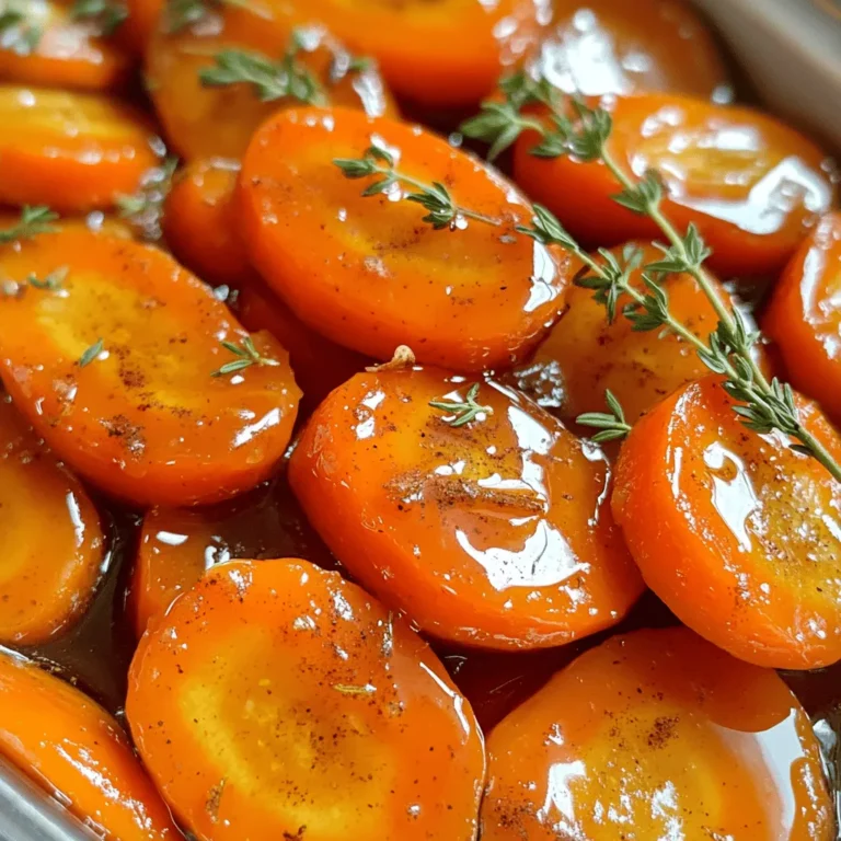 - Baby Carrots (1 lb) - Unsalted Butter (3 tablespoons) - Pure Maple Syrup (1/4 cup) - Ground Cinnamon (1 teaspoon) - Sea Salt (1/4 teaspoon) - Fresh Thyme Leaves (1 tablespoon) - Freshly Ground Black Pepper You can use regular carrots instead of baby carrots. Just cut them into smaller pieces. If you need a sweet substitute for maple syrup, try honey or agave syrup. For thyme, fresh is best, but dried will work in a pinch. Use about one teaspoon of dried thyme if you go that route. Each serving of these maple glazed carrots contains about 90 calories. They are rich in fiber and vitamin A. Carrots are good for your eyes and skin. Maple syrup adds natural sweetness and some minerals, too. - Start by thoroughly washing the baby carrots under cool running water. - If you use larger carrots, peel and cut them into sticks or rounds. - This ensures even cooking and a nice bite. - Next, in a large skillet, melt the unsalted butter over medium heat. - Wait until the butter is bubbly and fragrant. - Add the prepared carrots to the skillet and sauté them for about 5 minutes. - Stir them occasionally to help soften them gently. - Now, pour the pure maple syrup over the carrots. - Sprinkle in the ground cinnamon and sea salt. - Use a spatula to mix everything well. - Ensure each carrot is evenly coated with the syrup and spices. - Continue cooking for another 10 minutes. - Stir occasionally until the carrots become fork-tender. - This means they should be soft enough to pierce easily. - As they near completion, sprinkle fresh thyme leaves on top. - Season with freshly ground black pepper to taste. - Stir again and let it cook for another minute. - This melds the flavors beautifully. - Remove the skillet from the heat and cool slightly before serving. For the complete process, refer to the Full Recipe for more details. - To get the perfect glaze, cook the carrots over medium heat. - Stir often to coat them well in the syrup. - Cook until they are tender but not mushy. - To avoid overcooked carrots, check their texture often. - They should be fork-tender but still firm. - Maple glazed carrots pair well with roasted chicken or pork. - They also complement hearty grain dishes like quinoa or rice. - For best results, use a large skillet to cook evenly. - A spatula helps mix the ingredients without breaking the carrots. - Serve the carrots in a shallow dish for a nice look. - Garnish with fresh thyme for a pop of color. - Drizzle extra maple syrup on top for added sweetness. - Use a sprinkle of black pepper for a touch of contrast. {{image_4}} You can boost the flavor of your maple glazed carrots in simple ways. Adding minced garlic gives a savory taste. Garlic pairs well with the sweetness of maple syrup. You can also try spices like nutmeg or ginger. Nutmeg brings warmth, while ginger adds a zesty kick. Just a pinch of either can change the whole dish. If you want a vegan version, swap out the butter for plant-based butter. This keeps the glaze rich and tasty. For those watching sugar, you can reduce the maple syrup. You might use a sugar substitute or just a smaller amount. Both options help keep your dish healthy. You can change the recipe based on the season. In spring, add fresh herbs like parsley or dill for a bright taste. These herbs add freshness and a pop of color. For autumn, think about mixing in apples or cranberries. Both fruits complement the carrots nicely and add a festive flair. You can customize this dish to match the time of year! For the full recipe and more tips, check out the [Full Recipe]. After enjoying your maple glazed carrots, store any leftovers in the fridge. Use an airtight container for best results. This keeps them fresh and tasty. They last about 3 to 5 days in the fridge. If you notice any off smells or changes in color, it’s best to toss them. You can reheat your carrots in two ways: the microwave or the stovetop. For the microwave, place them in a safe dish and cover with a damp paper towel. Heat for about 1-2 minutes, checking often. For stovetop, add them to a skillet over low heat. Stir gently to warm them through. To keep that great texture, avoid cooking them too long. You want them warm but not mushy. Yes, you can freeze maple glazed carrots! First, let them cool completely. Next, pack them in a freezer-safe bag or container. Remove as much air as you can. This helps prevent freezer burn. They can last up to 3 months in the freezer. When you’re ready to eat them, thaw in the fridge overnight. Reheat using the stovetop method for the best texture. Enjoy that sweet flavor all over again! Check out the Full Recipe for more tips. Maple glazed carrots are a sweet and savory side dish. They combine carrots with pure maple syrup, butter, and spices. The dish has a rich, sticky glaze that makes the carrots shine. The natural sweetness of the maple syrup enhances the carrots' flavor. This dish is simple, tasty, and great for any meal. People love it for its vibrant color and delicious taste. Yes, you can prep this recipe in advance. Wash and cut the carrots ahead of time. Store them in a sealed bag in the fridge. You can also cook the carrots earlier. Simply warm them up before serving. This way, you save time during busy meals. Just make sure to reheat them gently to keep the glaze nice. Maple glazed carrots pair well with many dishes. They complement roasted chicken or pork nicely. You can also serve them with grilled salmon for a fresh touch. For a vegetarian option, try them with quinoa or a hearty salad. To balance flavors, add a tangy sauce or citrus. These ideas will create a wonderful mix on your plate. For the full recipe, check out the details above. Maple glazed carrots are simple to make and delicious to eat. We covered key ingredients, preparation steps, and serving tips. You can adapt this recipe to fit your needs, whether you want a vegan version or new flavors. Storing and reheating the leftovers is easy, too. This dish not only tastes great but also provides many health benefits. Try this recipe next time you want a tasty side dish. Enjoy exploring all the ways to make these carrots your own!