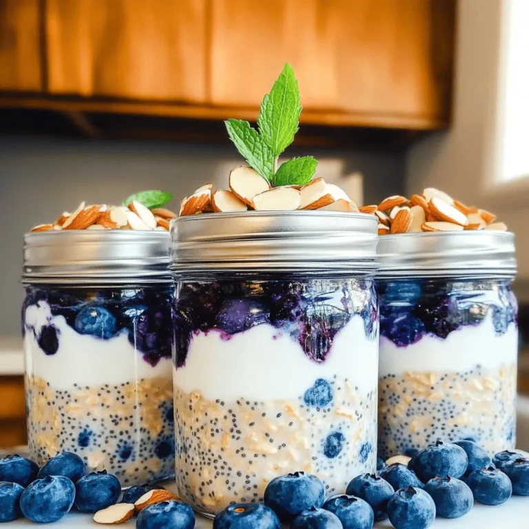 To make blueberry almond overnight oats, gather the following ingredients: - 1 cup rolled oats - 1 cup almond milk (or any milk of choice) - 1/2 cup Greek yogurt (either plain or vanilla for added sweetness) - 1 cup fresh blueberries (or thawed frozen blueberries) - 2 tablespoons maple syrup (or substitute with honey) - 1/4 teaspoon almond extract - 1 tablespoon chia seeds - 1/4 cup sliced almonds - A pinch of salt Each ingredient plays a key role in the dish. The oats are the base, giving it texture. Almond milk adds creaminess without dairy. Greek yogurt boosts protein and richness. Blueberries bring natural sweetness and color. Maple syrup or honey offers extra sweetness. Almond extract enhances the nutty taste. Chia seeds help thicken the mixture and add nutrition. Sliced almonds give a nice crunch. Finally, a pinch of salt balances the flavors. For more details, check out the full recipe. To start, grab a medium-sized mixing bowl. Combine 1 cup of rolled oats, 1 cup of almond milk, and 1/2 cup of Greek yogurt. Stir well until the oats soak up the creamy mix. Next, add in 2 tablespoons of maple syrup, 1/4 teaspoon of almond extract, 1 tablespoon of chia seeds, and a pinch of salt. This mix brings sweetness and flavor to the oats. Now, gently fold in 1 cup of fresh blueberries. Remember to set aside a few blueberries for topping later. The blueberries add a burst of flavor and color to your oats. Next, portion the oat mixture into two airtight containers or jars. Make sure each layer is packed well. Don’t forget to sprinkle 1/4 cup of sliced almonds on top. This adds a nice crunch. Seal the containers tightly and place them in the fridge. Let them chill overnight or for at least 4 hours. This soaking time makes the oats soft and tasty. For the full recipe, check out the [Full Recipe]. Enjoy your delicious blueberry almond overnight oats! To make your oats creamier, add extra almond milk. This small change can transform your breakfast. If you find the oats too bland, adjust the sweetness. You can add more maple syrup or honey. Taste as you go to find your perfect balance. I recommend soaking your oats overnight. This lets them absorb all the flavors. The oats soften and become nice and creamy. Resting them also allows the chia seeds to thicken the mix. You’ll get a better texture in the morning. Serving in clear jars makes your dish visually appealing. You can see the layers of oats, blueberries, and almonds. It looks great and tastes even better! For a fun touch, add mint leaves on top. They add color and a fresh flavor that brightens your dish. {{image_4}} You can easily change the fruit in your overnight oats. Try strawberries, bananas, or peaches. Each fruit adds a unique taste. If you want a creamy twist, swap almond milk for coconut milk. You can also use regular milk or oat milk. Adding flavored yogurt, like vanilla, can boost the taste too. If you love nuts, explore different types. You can use walnuts, cashews, or pecans. Nut butter, like almond or peanut, adds richness. If you prefer seeds, consider hemp seeds or pumpkin seeds. They add crunch and nutrition without nuts. Adjust the sweetness to fit your taste. You can try agave or stevia instead of maple syrup. Honey is a great substitute too. Remember, you can always add less sweetener at first. Taste the mixture and add more if needed. It’s all about making it perfect for you. Check out the full recipe for all the details! To keep your blueberry almond overnight oats fresh, store them in airtight containers. This helps lock in moisture and flavor. Place them in the refrigerator as soon as you make them. Your oats will stay fresh for up to five days. If you want them to taste their best, eat them within three days. You can freeze your overnight oats for later. Use freezer-safe containers or jars. Leave some space at the top to allow for expansion. When you want to enjoy them, move them to the fridge overnight to thaw. You can also microwave them for a quick reheat. Just remember to stir well after heating. Look for signs that your oats are no longer fresh. If they smell sour or have an off-color, it's best to toss them out. Mold or a strange texture are also clear signs of spoilage. Always use clean utensils to avoid cross-contamination. Keeping your storage areas clean helps ensure safety. Yes, you can use regular oats. However, rolled oats give a better texture. They soften well overnight. Regular oats may turn mushy or lose their shape. If you use regular oats, watch the soaking time. You might need less time for them to soften. These oats can last up to five days in the fridge. Store them in airtight jars. The oats stay fresh and tasty. After five days, they may lose flavor and texture. Always check for any signs of spoilage before eating. Absolutely! Meal prepping is a great idea. You can make several jars at once. Just follow the Full Recipe for each jar. This way, your breakfast is ready for days. Keep them in the fridge for easy access. Most rolled oats are gluten-free. However, some may be processed in a facility with gluten. Always check the label. If you need a gluten-free option, choose certified gluten-free oats. This way, you can enjoy your oats worry-free. You can use regular yogurt, dairy-free yogurt, or cottage cheese. Each option offers different flavors and textures. If you're looking for a vegan option, choose coconut or almond yogurt. These substitutes keep your oats creamy and delicious. In this post, we explored how to make blueberry almond overnight oats. You learned about the simple ingredients, step-by-step instructions, and helpful tips. I highlighted variations for taste and how to store these oats effectively. These oats offer a nutritious start to your day. Experiment with flavors to find your favorite. Enjoy making this easy and healthy breakfast that fits your needs. Remember, overnight oats are quick, versatile, and great for meal prep. Get creative and have fun with your meals!