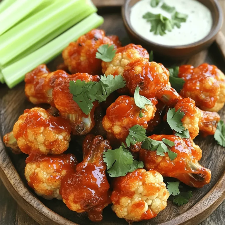 - 1 medium cauliflower, cut into bite-sized florets - 1 cup all-purpose flour - 1 cup water - 1/2 cup Sriracha sauce - 1 teaspoon garlic powder - 1 teaspoon onion powder - 1 teaspoon smoked paprika - 1/2 teaspoon salt - 1/2 teaspoon black pepper - 2 tablespoons maple syrup - 2 tablespoons olive oil - Fresh cilantro, chopped (for garnish) To create spicy Sriracha cauliflower wings, you need a few simple ingredients. Cauliflower florets serve as the base, giving the wings their texture. The all-purpose flour and water mix create a batter that coats the florets well. Sriracha sauce adds that bold kick we crave. When it comes to seasonings, garlic powder, onion powder, and smoked paprika bring depth to the flavor. Salt and black pepper balance everything out. The maple syrup adds a hint of sweetness, while olive oil helps with crispiness in the oven. Don't forget the fresh cilantro! It not only brightens the dish but also adds a fresh finish. These ingredients work together to create a tasty and crisp snack. For the full recipe, refer to the detailed instructions above. First, preheat your oven to 450°F (230°C). This high heat helps make the wings crispy. Next, line a baking sheet with parchment paper. This step prevents sticking and makes cleanup easier. In a large mixing bowl, add 1 cup of all-purpose flour and 1 cup of water. Stir in 1 teaspoon each of garlic powder, onion powder, and smoked paprika. Then, add 1/2 teaspoon of salt and 1/2 teaspoon of black pepper. Whisk everything together until the batter is smooth and lump-free. This batter will coat the cauliflower nicely. Now, take your cauliflower florets. Dip each one in the batter, covering it well. Let any extra batter drip off. Place the coated florets on the prepared baking sheet in a single layer. Bake them for 20 minutes. Halfway through, flip the florets to ensure they cook evenly. They should look golden and slightly crispy when done. For the full recipe, check out the details above. To get your cauliflower wings nice and crispy, spread them out on the baking sheet. If they touch each other, they’ll steam instead of crisp up. Keep them in a single layer. This way, hot air can flow around each piece. You can also try flipping them halfway through baking. This helps both sides get that golden color. Want to boost the flavor? Add more spices! Try cayenne for extra heat or a dash of cumin for warmth. You can also mix in some dried herbs like oregano or thyme. If you love garlic, toss in some garlic powder or even fresh minced garlic. These small changes can make a big difference in taste. Baking time matters for the right texture. Start with 20 minutes at 450°F (230°C). This gives the wings a good base crisp. After the first bake, add the glaze and bake for another 10-15 minutes. This helps the sauce caramelize and makes the wings even crunchier. Keep an eye on them; every oven is a bit different. You want them golden and crispy, not burnt. {{image_4}} You can switch up the flavor of your Spicy Sriracha Cauliflower Wings by using different hot sauces. Try a smoky chipotle sauce for a rich, deep flavor. If you like tanginess, go for a buffalo sauce. You can also mix sauces for a unique taste. Combine Sriracha with honey for a sweet and spicy kick. Experiment with your favorite sauces to find what you love best. If you want to make this dish vegan, swap the maple syrup with agave nectar. For a gluten-free version, use almond flour or chickpea flour instead of all-purpose flour. These options keep the wings tasty and crisp while catering to different diets. You can even add nutritional yeast to the batter for extra flavor and nutrients! Pair your spicy cauliflower wings with some tasty side dishes. Fresh celery sticks and carrot sticks add a nice crunch. You can serve them with a creamy ranch or blue cheese dressing for dipping. For a complete meal, try adding a side of quinoa salad or roasted vegetables. This way, you create a fun and balanced meal that everyone will enjoy. To store leftover cauliflower wings, let them cool first. Place them in an airtight container. They stay fresh for about three days in the fridge. Avoid stacking them too high to keep them from getting soggy. If you want to freeze the wings, wait until they cool completely. Place them in a single layer on a baking sheet. Freeze them for about an hour. Once frozen, transfer them to a freezer bag. They can last up to three months in the freezer. This method keeps them crispy when you reheat later. To reheat, use the oven for the best results. Preheat your oven to 400°F (200°C). Place the wings on a baking sheet lined with parchment paper. Bake for about 10-15 minutes until they are hot and crispy. Avoid using the microwave, as it makes them soggy. You want that crunch back! For extra crispiness, broil for a minute or two at the end. Spicy Sriracha Cauliflower Wings stay fresh in the fridge for about 3 to 4 days. To keep them tasty, store them in an airtight container. This helps keep moisture out and maintains their flavor. When you're ready to eat, just reheat them in the oven for the best texture. Yes, you can prepare these wings ahead of time. You can coat the cauliflower and bake them, then store them in the fridge. When ready to eat, just add the Sriracha glaze and bake again. This method keeps the wings fresh and flavorful. These spicy wings pair well with many dips and sides. Here are some great options: - Ranch dressing - Blue cheese dressing - Fresh celery sticks - Carrot sticks - Guacamole Each of these adds a refreshing contrast to the spice of the wings. You can even serve them with a side of crispy fries for a fun meal. For the full recipe, check out the instructions above. This blog covered how to make Spicy Sriracha Cauliflower Wings. We discussed the key ingredients, from cauliflower to seasonings. You learned the steps to prep, bake, and coat your wings for the best flavor. We shared tips for crispiness and offered variations to try. Remember to store leftovers properly for great taste later. These wings are easy, tasty, and great for sharing. Now, get cooking and enjoy these spicy bites!