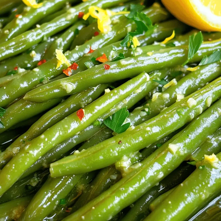 - 1 pound fresh green beans, trimmed - 4 tablespoons unsalted butter, divided - 4 cloves garlic, finely minced - 1 teaspoon fresh lemon zest - Salt and freshly ground black pepper, to taste - 1 tablespoon freshly chopped parsley (for garnish) - ¼ teaspoon red pepper flakes (optional) What if you don’t have green beans? You can use snap peas or asparagus. These options taste great too. If you want a vegan dish, swap the butter for olive oil or a plant-based butter. For herbs, you can try thyme or basil. They add a unique twist to the dish. Use your favorite spices for a flavor boost. A pinch of paprika or cumin can be fun to try. How to blanch green beans perfectly: To start, fill a large pot with water. Add a generous amount of salt. Heat the pot until the water reaches a rolling boil. Gently place the trimmed green beans into the boiling water. Let them cook for 3 to 5 minutes. You want them bright green and tender-crisp. Tips for making an ice bath: While the green beans blanch, prepare an ice bath. Fill a bowl with cold water and add ice. Once the green beans are ready, drain them right away. Move them into the ice bath. This stops the cooking and keeps their color bright. Let them sit for a few minutes, then drain again. Sautéing garlic without burning: In a large skillet, melt 2 tablespoons of butter over medium heat. When the butter is melted and bubbling, add the finely minced garlic. Stir gently for 1 to 2 minutes. Be careful not to let the garlic turn brown. If it does, it will taste bitter. Combining green beans and garlic butter: Now, add the blanched green beans to the skillet. Toss them in the garlic butter. Make sure every bean gets coated. Cook for 3 to 4 minutes until they are heated through and shiny. Seasoning tips for the best flavor: Once the green beans are warm, add fresh lemon zest. Then, sprinkle in salt and pepper. If you like a little heat, add red pepper flakes. Mix everything well to blend the flavors. Garnishing ideas using fresh herbs: Finally, remove the skillet from heat. Transfer the garlicky green beans to a serving dish. For a pop of freshness, sprinkle chopped parsley on top. This adds a lovely color and bright taste to your dish. For the full recipe, check out the details above! To get the perfect texture for green beans, start with fresh ones. Look for bright green beans that snap easily. Blanch them in salted water for 3-5 minutes. This helps keep their color and crunch. After blanching, plunge them into an ice bath. This stops the cooking and locks in their vibrant hue. When sautéing garlic, use medium heat. Melt the butter until it bubbles. Add minced garlic and watch it closely. Sauté for just 1-2 minutes. You want it fragrant, not brown. If it burns, it will taste bitter. For a kick, think about adding spices. Red pepper flakes give heat and depth. A pinch goes a long way. You can also experiment with smoked paprika for a smoky touch. Citrus boosts the flavor too. Fresh lemon zest adds brightness. It makes the dish feel fresh and lively. Just a teaspoon is enough to elevate your green beans. Serve garlic butter green beans in a nice dish. This shows off their rich green color. For extra flair, sprinkle more lemon zest on top. A few whole parsley leaves can add a pop of color. You can also arrange the beans in a fan shape or a neat pile. This makes the dish look more appealing and restaurant-style. For a touch of elegance, consider drizzling a little extra melted butter around the plate. {{image_4}} You can easily change the flavor of garlic butter green beans. If you love spice, add red pepper flakes. This gives a nice kick. Just sprinkle ¼ teaspoon in the pan while cooking. It makes the dish more exciting! For a fresh twist, try herbs. You can use thyme, rosemary, or dill. Add them when you sauté the garlic. This infuses the dish with new flavors. It creates a fragrant and tasty experience. If you need gluten-free options, you're in luck! This recipe is already gluten-free. The ingredients do not contain gluten. You can enjoy this dish without worry. For a low-carb version, skip the butter and use olive oil. This keeps the flavors while cutting down carbs. You can also serve the green beans with grilled chicken or fish. It makes for a healthy meal! Garlic butter green beans pair well with many meals. Serve them alongside roasted chicken or grilled steak. They add a fresh crunch and bright color to the plate. You can also enjoy them with rice or quinoa. This combination makes a balanced meal. Try adding a side salad for extra nutrition. It rounds out your dinner nicely. For more ideas, check the Full Recipe to explore different ways to enjoy garlic butter green beans! To keep your garlic butter green beans fresh, store them in the fridge. Place the beans in an airtight container. This method keeps them crisp for up to three days. When you want to use them, just take them out and let them sit at room temperature for a few minutes. If you want to save them longer, consider freezing. To freeze, place the cooled beans in a freezer-safe bag. Remove as much air as possible before sealing. These beans can last for up to three months in the freezer. When it’s time to enjoy your leftovers, reheating is key. The best method is to use a skillet. Heat the skillet over medium heat and add a splash of water. This will help steam the beans and keep them tender. Stir them gently until warmed through, usually about 5 minutes. If you want to get creative, add them to new dishes. Toss them into a salad for a crunchy texture. You can also mix them into pasta or rice dishes for added flavor. They add a nice touch and keep meals interesting. For a quick snack, just warm them up and enjoy! How do I ensure my green beans are crisp yet tender? To keep green beans crisp and tender, blanch them. Boil them in salted water for 3-5 minutes. Then, place them in an ice bath. This stops the cooking and locks in color and crunch. Can I use frozen green beans for this recipe? Yes, you can use frozen green beans. Just skip the blanching step. Sauté them for a few extra minutes to warm them through. They may be softer, but the garlic butter will still add great flavor. Caloric content and macronutrients One serving of garlic butter green beans contains about 150 calories. This dish has about 10 grams of fat, mostly from butter. The green beans provide fiber, vitamins A and C, and some protein. Health benefits of green beans and garlic Green beans are low in calories and high in nutrients. They help with digestion and support heart health. Garlic boosts your immune system and may lower blood pressure. Together, they make a healthy side dish. What to do if the garlic burns? If the garlic burns, it can taste bitter. If that happens, start over with fresh garlic. Lower the heat and sauté it for less time. Keep an eye on it, and stir often. How to adjust seasoning if too salty? If your dish is too salty, add a splash of lemon juice. This helps balance the saltiness. You can also add more green beans to dilute the salt. Adjust to your taste for the best flavor. In this article, we explored how to prepare delicious garlic butter green beans. We covered the key ingredients, preparation tips, and cooking methods. I shared ways to enhance flavor and present the dish beautifully. Remember, you can make substitutions for dietary needs or personal taste. Ultimately, this dish offers a versatile side that pairs well with many meals. Enjoy your cooking, and don’t hesitate to try your own variations!