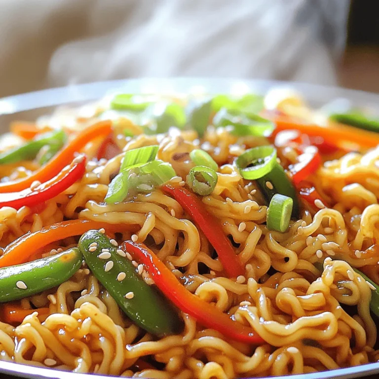 To make Spicy Szechuan Noodles, gather these key ingredients: - 8 oz (225g) Szechuan-style noodles or spaghetti - 2 tablespoons vegetable oil - 3 cloves garlic, finely minced - 1 inch piece of fresh ginger, finely grated - 1 large red bell pepper, thinly sliced - 1 cup sugar snap peas, trimmed - 1 medium carrot, julienned - 2 tablespoons Szechuan peppercorns, lightly crushed - 3 tablespoons soy sauce - 2 tablespoons chili paste (adjust to your heat preference) - 1 tablespoon sesame oil - 1 teaspoon sugar - Salt, to taste These ingredients bring bold flavors to your dish. The Szechuan peppercorns add a unique numbing heat. To add flair to your noodles, consider these optional garnishes: - 1 green onion, thinly sliced - Sesame seeds These garnishes enhance the dish's look and flavor. The green onion adds freshness, while sesame seeds lend a nutty crunch. If you're missing an ingredient, here are some easy swaps: - Szechuan-style noodles: Use spaghetti or egg noodles. - Chili paste: Replace it with sriracha or hot sauce. - Sugar snap peas: You can use snow peas or broccoli florets. - Soy sauce: Tamari works well for a gluten-free option. These substitutes keep the dish tasty while catering to your pantry. For the full recipe, check out the complete guide. Start by boiling water in a large pot. Add salt to the water for flavor. Once boiling, put in 8 oz of Szechuan noodles or spaghetti. Cook them until they are al dente, just like the package says. After cooking, drain the noodles and set them aside. In a mixing bowl, combine the following ingredients: - 3 tablespoons soy sauce - 2 tablespoons chili paste - 1 tablespoon sesame oil - 1 teaspoon sugar Whisk these ingredients together until they are well mixed. This sauce adds the spicy kick to your noodles. Heat 2 tablespoons of vegetable oil in a large skillet or wok over medium heat. Once hot, add: - 3 cloves garlic, finely minced - 1 inch piece of fresh ginger, grated - 2 tablespoons Szechuan peppercorns, lightly crushed Stir-fry these for about 1 minute. They should smell amazing. Next, add the vegetables: - 1 large red bell pepper, thinly sliced - 1 cup sugar snap peas, trimmed - 1 medium carrot, julienned Stir-fry the vegetables for 3 to 4 minutes. They need to be tender but still crisp. Add the cooked noodles to your skillet. Pour in the sauce you made earlier. Toss everything together gently over medium heat. This should take about 2 to 3 minutes. You want the noodles to soak up all the flavors. Taste your dish and adjust the heat if needed. If you want more spice, add extra chili paste. Serve the noodles in bowls, garnished with sliced green onions and sesame seeds. Enjoy your spicy Szechuan noodles! For the full recipe, check out the recipe section. You can control the heat of your Spicy Szechuan Noodles easily. To start, use less chili paste in the sauce. Taste as you go. If you love spice, add more chili paste until it’s just right. You can also use fresh chilis for a different heat. Remember, Szechuan peppercorns add a unique numbing heat that you may enjoy! Adding extra ingredients can make your noodles even better. Consider fresh herbs like cilantro or basil for a fresh taste. You can also throw in some mushrooms for an earthy flavor. A squeeze of lime juice can brighten the dish. For a crunchy texture, add roasted peanuts or cashews on top. These little changes can elevate your meal. Cooking noodles correctly is key. Always boil them until they are al dente. This means they should still have a slight bite. Rinse them under cold water after cooking to stop them from cooking further. This helps keep their texture. When you mix them with the sauce, do it gently. This way, they won't break apart and will soak up all the flavors. For the best results, use a wok or a large skillet to give the noodles space to move. Try these tips with the full recipe to make your Spicy Szechuan Noodles shine! {{image_4}} You can easily make a vegetarian version of Spicy Szechuan Noodles. Simply swap out the meat for more veggies. Use ingredients like mushrooms, zucchini, or bok choy. These add great texture and flavor. You can keep the sauce the same. It still packs a punch! This version is just as satisfying and delicious. If you want to add protein, consider chicken, tofu, or shrimp. For chicken, use thinly sliced breast or thigh. Cook it first, then add the garlic and ginger. Tofu can be added in cubes. Pan-fry it until golden before mixing in. Shrimp cooks quickly, so add it last. Just make sure it turns pink. Each protein option brings a new taste to the dish. For a gluten-free option, choose rice noodles or gluten-free spaghetti. These options work well with the same sauce. Just follow the cooking times on their packages. Be sure to check labels for hidden gluten in sauces. This way, you can enjoy Spicy Szechuan Noodles without worry. Each variation makes the dish unique while still keeping it fun and flavorful. To store your spicy Szechuan noodles, let them cool first. Place the noodles in an airtight container. You can keep them in the fridge for up to 3 days. Make sure to separate the noodles from the sauce, if possible, to keep the texture nice. When you’re ready to enjoy leftovers, you can quickly reheat them. Use a microwave or a skillet. If using a microwave, add a splash of water to keep the noodles moist. Heat in short bursts, stirring between each, until warm. If using a skillet, add a bit of oil and heat over medium-low. Stir until heated through. If you want to freeze your noodles, it’s best to freeze them without the sauce. Place them in a freezer-safe bag, removing as much air as possible. They can last for up to a month in the freezer. To eat, thaw them overnight in the fridge. Reheat and add fresh sauce to revive those bold flavors. For the full recipe, check the recipe section above! Szechuan noodles are a type of Chinese noodle dish. They come from the Szechuan province, known for its bold flavors. These noodles often have a spicy and numbing taste from Szechuan peppercorns. The dish usually features fresh vegetables and a savory sauce. To make the noodles less spicy, you can adjust the chili paste. Start with one tablespoon instead of two. You can also add more sugar or sesame oil to balance the heat. Adding extra vegetables like carrots or bell peppers can also help tone it down. Yes, you can make the noodles ahead of time. Cook the noodles and store them in the fridge for up to three days. Prepare the sauce and vegetables separately. When ready to eat, just reheat and combine everything. This saves time on busy days. Szechuan noodles go well with many side dishes. You can serve them with steamed dumplings, fried rice, or a fresh salad. A light soup or spring rolls also makes a great pairing. Each option enhances the meal with more flavor and variety. For the full recipe, check out the section above. We explored the vibrant world of Spicy Szechuan Noodles, covering key ingredients and optional garnishes. You learned how to cook perfect noodles and make a tasty sauce. Tips on adjusting spice levels and enhancing flavors will help you create your ideal dish. Consider tasty variations like vegetarian options or gluten-free noodles to suit your needs. Lastly, proper storage tips ensure your leftovers stay fresh. Dive into this recipe to enjoy a delicious meal, and don't hesitate to experiment with your own twists!