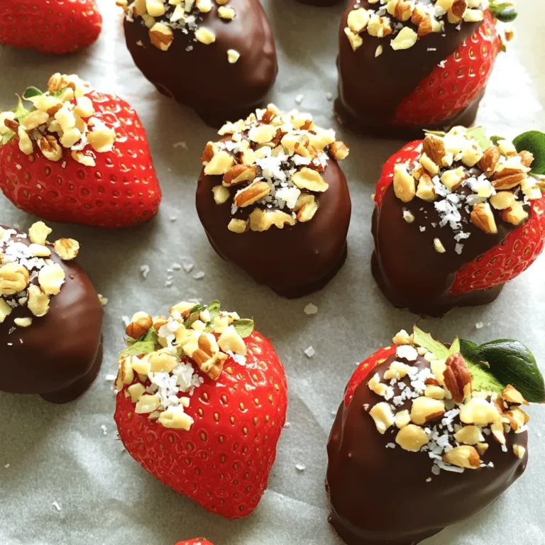 - 12 large fresh strawberries, washed and thoroughly dried - 1 cup high-quality dark chocolate chips - 1 tablespoon coconut oil To make chocolate-covered strawberry bites, you need fresh strawberries. I love using large strawberries. They hold up well and make a nice bite. Make sure to wash them and dry them well. Any water can make the chocolate not stick. Next, you’ll need dark chocolate chips. Choose a high-quality brand. This will give you a smoother, richer taste. Coconut oil is key too. It helps the chocolate melt nicely. It also gives a great shine to your bites. - 1/4 cup crushed nuts (choose between almonds or walnuts) - 1/4 cup unsweetened shredded coconut - Sea salt for garnish You can add fun toppings to your chocolate-covered strawberries. Crushed nuts like almonds or walnuts add crunch. They also give a nice flavor contrast. Shredded coconut is another tasty option. It adds sweetness and texture. A pinch of sea salt makes a big difference. It brings out the sweetness of the chocolate. Each topping adds its own twist. Feel free to mix and match. You can even skip the toppings if you prefer pure chocolate! For the full recipe, check out the detailed instructions provided earlier. First, line a baking sheet with parchment paper. This step keeps the chocolate from sticking to the pan. It also makes cleanup a breeze. Next, grab a microwave-safe bowl. Add 1 cup of dark chocolate chips and 1 tablespoon of coconut oil. Heat this mixture in the microwave. Use 30-second intervals and stir well each time. Keep going until the chocolate is smooth and melted. This should take about 1 to 1.5 minutes total. Now, it’s time for the fun part! Take each large strawberry by its green stem. Dip it into the warm melted chocolate. Make sure the strawberry is coated well. You want a nice, even layer. After dipping, hold it over the bowl. Let any excess chocolate drip off. This helps keep your bites from being too messy. While the chocolate is still warm, it’s time to add toppings. Sprinkle crushed nuts or shredded coconut over the chocolate-covered strawberries. This will help the toppings stick better. After topping them, place the strawberries on your lined baking sheet. Make sure they are spaced apart. This keeps them from sticking together as they cool. Finally, chill the baking sheet in the refrigerator. Wait about 15 to 30 minutes until the chocolate sets. Your chocolate-covered strawberry bites are now ready to enjoy! For the full recipe, check out the details above. To make chocolate-covered strawberry bites, pick fresh strawberries. Look for bright red ones with green leaves. They should feel firm and not have any bruises. The best ones are in season and smell sweet. Drying strawberries is a must. After washing, pat them with a paper towel. Any water will make the chocolate slide off. A dry berry will hold chocolate better and look nicer. Melted chocolate should be smooth for dipping. Use high-quality chocolate chips for the best taste. Mix in a tablespoon of coconut oil to help it melt evenly. Heat it in the microwave in short bursts. Stir well after each burst. This will help avoid burning. If your chocolate seizes, don't panic. Add a small amount of coconut oil to fix it. Stir until it becomes smooth again. Keeping the bowl dry will also help prevent seizing. For a beautiful display, think about garnishes. You can drizzle more chocolate over the bites. This adds an artistic touch. Fresh mint leaves can also add a pop of color. When serving, consider a decorative platter. Arrange the bites in a fun pattern. This will impress your guests. Chocolate-covered strawberry bites are perfect for special occasions like birthdays or anniversaries. You can find the full recipe for chocolate-covered strawberry bites in the article above. {{image_4}} You can make chocolate-covered strawberry bites even better by adding flavors. Try mixing in a dash of vanilla or almond extract with your chocolate. This small addition can change the taste in a big way. If you want to switch up the chocolate type, you can use milk chocolate or white chocolate. Each type brings a unique taste, so feel free to experiment! Toppings are where you can really get creative. You can use crushed cookies like Oreos or candy like M&Ms for a fun crunch. These will add a new texture to your bites. You can also try different nuts, like hazelnuts or pecans, for a rich flavor. Shredded coconut can bring a tropical twist too. Mix and match to find your favorite combination! Chocolate-covered strawberry bites are great for any season. For holidays, you can decorate them to match the theme. For Valentine’s Day, you could use pink or red sprinkles. At parties, you can arrange them in fun shapes or colors to match your theme. These ideas make your treats not only tasty but also visually appealing. Check out the Full Recipe for more ways to delight your guests! To keep chocolate covered strawberry bites fresh, store them in a cool place. Use an airtight container to prevent moisture. This helps maintain their texture and flavor. I recommend placing a piece of parchment paper between layers if stacking them. This avoids sticking. Can you freeze chocolate-covered strawberries? Yes, you can freeze them! Freezing is a great way to save these treats for later. To freeze, place the strawberries on a baking sheet. Make sure they are not touching each other. Once frozen, transfer them to a freezer-safe bag or container. This keeps them safe from freezer burn. To thaw, take them out of the freezer. Let them sit at room temperature for about 30 minutes. This will help restore their texture and flavor. Enjoy your chocolate-covered strawberry bites anytime! For the full recipe, check out the complete guide. To make chocolate-covered strawberries shiny, use high-quality chocolate. Choose chocolate with at least 60% cocoa. You can add a little coconut oil when melting. This helps create a smooth, glossy finish. - Melt the chocolate carefully in intervals to avoid overheating. - Stir often to keep the chocolate smooth and even. - Dip the strawberries quickly; don’t let them sit in the chocolate too long. Yes, you can use other types of chocolate! Milk chocolate offers a sweeter taste. White chocolate adds a creamy flavor. Just make sure to adjust the melting times. - Dark chocolate gives a rich, bold taste. - Experiment with flavored chocolates, like mint or orange. - Each type will change the overall flavor of your bites. If your chocolate seizes, don’t worry! This can happen if water gets in the chocolate. To fix it, try adding a small amount of coconut oil. - Stir the oil in slowly over low heat. - If that doesn’t work, add a splash of warm cream or milk. - For next time, keep all bowls and utensils dry to prevent this issue. For the full recipe, check the section above! In this post, we explored how to make delicious chocolate-covered strawberry bites. We covered essential ingredients, step-by-step instructions, and tips for best results. You can customize these treats with flavors and toppings to make them special. Remember, fresh ingredients lead to better taste. Follow these steps for a fun, sweet treat that stands out. Enjoy making them for yourself or sharing them with friends!