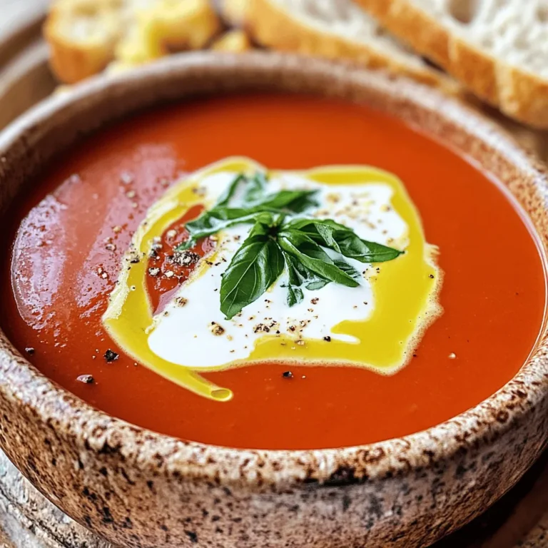 To make a delicious creamy tomato basil soup, you need fresh and simple ingredients. Each one plays a role in creating a rich and hearty flavor. Here’s what you will need: - 2 tablespoons extra-virgin olive oil - 1 medium yellow onion, finely chopped - 2 cloves garlic, minced - 1 can (28 oz) crushed tomatoes, preferably San Marzano - 2 cups vegetable broth, low-sodium for a balanced flavor - 1 teaspoon granulated sugar (to balance acidity) - 1 teaspoon dried oregano - Sea salt and freshly ground black pepper, to taste - 1 cup heavy cream (or coconut cream for a dairy-free alternative) - 1/2 cup fresh basil leaves, thinly sliced (chiffonade) - Crusty bread or homemade croutons for serving These ingredients come together to create a comforting bowl of soup. The olive oil helps to sauté the onion, bringing out its sweetness. Garlic adds depth, while crushed tomatoes provide a robust base. Vegetable broth enhances the overall flavor, and sugar balances the acidity of the tomatoes. Heavy cream (or coconut cream) gives it that silky texture you crave. Fresh basil adds a fragrant finish, and crusty bread pairs perfectly to soak up every last drop. For the full recipe and detailed cooking steps, make sure to check the full recipe. 1. In a large pot, heat the extra-virgin olive oil over medium heat. 2. Add the chopped onion and sauté for about 5 minutes. Stir until it is soft and translucent. 3. Add the minced garlic to the pot and cook for 1 minute. Stir often and watch for burning. 4. Carefully add the crushed tomatoes and vegetable broth. Stir in the sugar and dried oregano. 5. Season generously with sea salt and black pepper. Mix well to combine all the flavors. 1. Bring the soup to a gentle simmer over medium heat. 2. Lower the heat slightly and let it cook uncovered for 20 minutes. This helps meld the flavors. 3. Use an immersion blender to purée the soup until it is smooth. If you use a standard blender, work in batches. Be careful with hot liquid. 4. Return the blended soup to the pot, if needed, and stir in the heavy cream. Mix until fully integrated. 5. Fold in the chiffonade basil and warm the soup on low heat for about 5 minutes. Avoid boiling to keep the basil fresh. 1. Taste the soup and adjust seasoning with more salt, pepper, or sugar if needed. 2. For serving, use warmed bowls to enhance enjoyment. 3. Garnish each bowl with extra basil leaves and a swirl of cream. 4. Pair with slices of crusty bread or crisp homemade croutons for added crunch. For the full recipe, be sure to check out the details above! - Choosing the right tomatoes: I suggest using San Marzano tomatoes. They are sweet and less acidic. Their flavor enhances the soup. You can find them canned at most stores. - Importance of seasoning: Seasoning is key to great soup. Use sea salt and fresh black pepper. Taste as you cook. Adjust to your liking. A little sugar helps balance acidity. - Blending techniques for smooth texture: For a smooth soup, use an immersion blender. It’s easy and quick. If using a standard blender, be careful. Blend in batches and let it cool a bit to avoid splatters. - Using fresh vs. dried herbs: Fresh basil gives a bright flavor. Use it if you can. Dried herbs work too, but add them earlier in cooking. This allows their flavors to develop. - Adjusting thickness as per preference: If you like a thicker soup, let it simmer longer. For a thinner soup, add more vegetable broth. You can always adjust it to fit your taste. - Ideal pairings with bread or croutons: Serve the soup with crusty bread or homemade croutons. They add texture and make each bite more enjoyable. - Garnishing ideas for visual appeal: Garnish with extra basil leaves and a swirl of cream. This makes the soup look beautiful and appetizing. A sprinkle of black pepper on top adds a nice touch. {{image_4}} You can easily make this soup dairy-free. Just swap heavy cream for coconut cream. Coconut cream adds a rich texture, but it also changes the taste. To balance this, you may need to add a bit of lime juice or extra herbs. This helps keep the flavors bright and lively. Want to give your soup a twist? Try adding roasted red peppers. They add a sweet, smoky flavor that pairs well with tomatoes. You can also include veggies like carrots or celery. Chop them finely and sauté them with the onion. This adds more nutrition and gives a nice texture. If you like some heat, sprinkle in red pepper flakes. Start with a pinch and taste as you go. This adds a warm kick without overpowering the soup. You can also mix in different herbs like thyme or parsley for a fresh twist. Experimenting with spices can lead to fun and tasty results. For the full recipe, check out Creamy Tomato Basil Bliss . To store leftovers, let the soup cool first. Then, pour it into a container. I find glass or BPA-free plastic containers work best. Make sure to seal the lid tightly. This will keep the soup fresh for you. For long-term storage, freeze the soup in portions. Use freezer bags or containers. Leave some space for expansion as the soup freezes. When you’re ready to eat, thaw it in the fridge overnight. Heat it slowly on the stove or in the microwave. Stir well to mix it up after reheating. In the fridge, the soup stays fresh for about 3 to 5 days. If you freeze it, it lasts about 3 months. For the best taste, eat it within this time. Always check for signs of spoilage before eating. To make creamy tomato basil soup, start with fresh ingredients. You need: - 2 tablespoons extra-virgin olive oil - 1 medium yellow onion, finely chopped - 2 cloves garlic, minced - 1 can (28 oz) crushed tomatoes, preferably San Marzano - 2 cups vegetable broth, low-sodium - 1 teaspoon granulated sugar - 1 teaspoon dried oregano - Sea salt and freshly ground black pepper - 1 cup heavy cream (or coconut cream) - 1/2 cup fresh basil leaves, thinly sliced - Crusty bread or homemade croutons First, heat the olive oil in a pot. Then, add the onion and cook until soft. Next, stir in the garlic and let it cook for a minute. Add the crushed tomatoes and vegetable broth next. Stir in sugar, oregano, salt, and pepper. Bring the soup to a simmer and cook uncovered for 20 minutes. After that, blend the soup until smooth. Return it to the pot and mix in heavy cream. Add basil and warm the soup for five more minutes. Adjust the seasonings if needed. You can find the full recipe in the article. Yes, you can make this soup vegan easily. Here are some substitutions: - Cream: Use coconut cream instead of heavy cream. - Broth: Ensure your vegetable broth is vegan. - Sugar: Check that your sugar is vegan-friendly. These changes keep the soup rich and flavorful without dairy. Pair your soup with delicious sides. Here are some ideas: - Crusty bread or grilled cheese sandwiches - Homemade croutons for added crunch - A simple green salad for freshness These options balance the rich soup and make for a hearty meal. This blog post shared a simple way to make creamy tomato basil soup. We covered key ingredients, step-by-step cooking methods, and tips for best results. Remember to adjust the flavors to suit your taste. Don't forget to explore variations, like dairy-free options or adding spices. Proper storage extends freshness, so use good containers or freeze leftovers. This comforting soup pairs great with crusty bread or croutons, making it a perfect meal any day. Enjoy making this recipe and personalizing it to your liking!