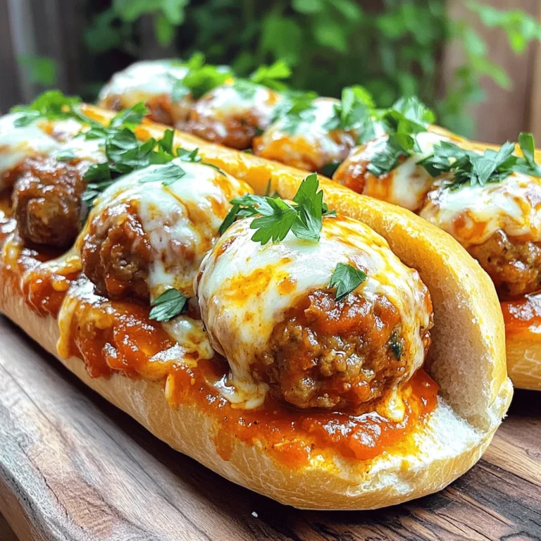 To make your Easy Meatball Subs, you need a few simple ingredients. Here’s what you’ll need: - 1 lb ground beef - 1/2 lb ground pork - 1/2 cup breadcrumbs - 1/4 cup grated Parmesan cheese - 1/4 cup fresh parsley, finely chopped - 2 cloves garlic, minced - 1/2 teaspoon onion powder - 1 teaspoon Italian seasoning - Salt and freshly ground black pepper to taste - 1 jar (24 oz) marinara sauce - 4 sub rolls (preferably soft and fresh) - 1 cup mozzarella cheese, shredded - Olive oil for greasing These ingredients work together to create juicy meatballs that sit perfectly in soft sub rolls. The ground beef and pork mix keeps the meatballs moist. Breadcrumbs and cheese add flavor and texture. Fresh herbs and seasonings bring life to each bite, while marinara sauce ties it all together. The sub rolls hold everything, and melted mozzarella makes it a treat. For the full recipe, check out the details above. Enjoy making your subs! 1. Mixing the ingredients Start by grabbing a large bowl. Add 1 lb of ground beef and 1/2 lb of ground pork. Next, toss in 1/2 cup of breadcrumbs, 1/4 cup of grated Parmesan cheese, and 1/4 cup of finely chopped parsley. Add 2 minced garlic cloves, 1/2 teaspoon of onion powder, and 1 teaspoon of Italian seasoning. Season with salt and black pepper to taste. Mix all the ingredients gently. 2. Forming the meatballs Use your hands to shape the mixture into small meatballs. Aim for a size of about 1 to 1.5 inches in diameter. Place the meatballs on a baking sheet lined with parchment paper. This helps keep them from sticking. 3. Preheating the oven Preheat your oven to 375°F (190°C). This step ensures that your meatballs cook evenly and get that lovely brown color. 1. Arranging on the baking sheet Make sure the meatballs are evenly spaced on your baking sheet. This helps them cook thoroughly without steaming each other. 2. Drizzling with olive oil Lightly drizzle olive oil over the meatballs. This adds flavor and helps them brown nicely. 3. Baking time and temperature Bake in the preheated oven for 20-25 minutes. Check for a golden-brown color and ensure they are cooked through. 1. Heating the marinara sauce While the meatballs bake, pour 1 jar (24 oz) of marinara sauce into a saucepan. Heat it over medium heat until it warms up. 2. Combining meatballs with sauce Once the meatballs are ready, add them to the warm marinara sauce. Let them simmer together for about 5-10 minutes. This combines the flavors beautifully. 3. Preparing the sub rolls Take 4 fresh sub rolls and slice them in half lengthwise. Be careful not to cut all the way through. This creates a perfect pocket for your meatballs. For the full recipe and more tips, check out the [Full Recipe]. To make great meatballs, avoid overmixing the meat. Mix just enough to combine the ingredients. Overworking the meat can lead to tough meatballs. Adjust the seasoning to taste as well. You can start with salt and pepper, then add more if needed. For the best melting cheese, I recommend mozzarella. It melts well and gets gooey. You can also try provolone or fontina for added flavor. To get that golden-brown cheese, bake your subs at a high temperature. Keep an eye on them to avoid burning. Serve your meatball subs on a rustic wooden board. This adds charm and warmth. For extra appeal, garnish with fresh parsley. You can also add a small bowl of warm marinara sauce on the side for dipping. This enhances the experience of your Meatball Madness Subs. Check the Full Recipe for more details! {{image_4}} You can switch up the meat in your meatball subs. Ground turkey or chicken works well. They are leaner than beef and pork. This change can make the subs lighter. For a plant-based option, try using lentils or chickpeas. Mash them and mix with breadcrumbs and spices. You still get that great flavor without meat. You can use homemade marinara for a fresh taste. Making it from scratch is easy and fun. Just cook tomatoes, garlic, and herbs together. If you prefer store-bought, look for a tasty brand. You can also try different sauces. Barbecue sauce or pesto can add a unique twist. Each option brings its own flavor to the subs. Cheese is a must for meatball subs. You can use mozzarella, but try provolone or cheddar too. Both melt nicely and add a different taste. You can also add more toppings. Sliced peppers, olives, or even jalapeños can spice things up. These toppings change the flavor and make the dish more exciting. Let your meatball subs cool to room temperature. This step helps keep them fresh. Use airtight containers to store them. Glass or plastic containers work well. Make sure to keep them in the fridge. They stay good for 3-4 days. You can freeze your meatball subs, but I recommend separating the components. Freeze the meatballs and sauce in one bag. Wrap the sub rolls in plastic wrap, then place them in a freezer bag. This way, they stay fresh and do not get soggy. To thaw, leave them in the fridge overnight. You can also use the microwave for a quick thaw. To reheat, use the oven for the best flavor. Preheat to 350°F (175°C). Place the subs on a baking sheet and cover them with foil. Bake for about 15-20 minutes. This method keeps them warm and helps avoid sogginess. You can also use the microwave, but be careful. Heat in short bursts to keep the bread from getting too soft. To make Easy Meatball Subs from scratch, you'll need ground meat, breadcrumbs, and seasonings. Start by mixing together ground beef and pork in a bowl. Add breadcrumbs, Parmesan cheese, parsley, garlic, and spices. Form the mixture into small meatballs. Bake them at 375°F (190°C) for 20-25 minutes. Heat marinara sauce in a pan and add the baked meatballs. Spoon the mixture into sub rolls and top with mozzarella cheese. Bake for a few more minutes until the cheese melts. Yes, you can use many types of bread for your subs. While soft sub rolls work best, you can also try hoagie rolls, baguettes, or even ciabatta. Just make sure the bread can hold the meatballs and sauce without falling apart. To keep meatballs from falling apart, avoid overmixing the meat. Mix just until everything is combined. Chilling the formed meatballs for 30 minutes before baking can also help them hold their shape. Using breadcrumbs and eggs for binding also works well. You can customize your Easy Meatball Subs in many ways. Change the type of meat you use; turkey or chicken are great options. Add extra spices or herbs for more flavor. You can also top your subs with sautéed peppers, onions, or different cheeses. Leftovers of your Easy Meatball Subs can last up to three days in the fridge. Store them in an airtight container to keep them fresh. If you want to keep them longer, consider freezing them for up to three months. This post covered how to make easy meatball subs from scratch. You learned about the ingredients, step-by-step instructions, and helpful tips to perfect your dish. Remember, you can customize the meat, sauce, and toppings to suit your taste. Storing leftovers properly keeps them fresh for later. Creating these delicious subs can be fun and rewarding. Enjoy every bite!