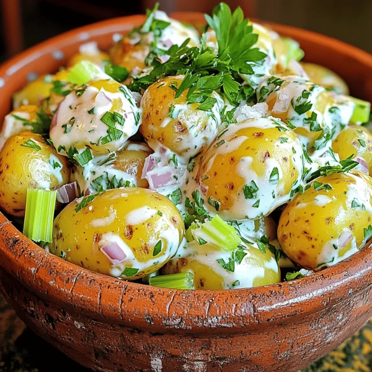 To make a tasty classic potato salad, gather these ingredients: - 2 lbs baby potatoes, halved - 1/2 cup mayonnaise - 1/4 cup plain Greek yogurt - 2 tablespoons Dijon mustard - 1 tablespoon apple cider vinegar - 1/4 cup celery, finely chopped - 1/4 cup red onion, finely chopped - 1/2 cup fresh parsley, chopped - 1/2 teaspoon garlic powder - Salt and pepper to taste - Optional: 1/4 cup sweet pickles, diced These ingredients blend well to create a creamy and flavorful dish. If you need to swap some items, here are great options: - Use sour cream instead of Greek yogurt for extra creaminess. - Replace mayo with avocado for a healthier twist. - Swap Dijon mustard with yellow mustard if you prefer a milder taste. - Use green onions instead of red onion for a milder flavor. - Add diced bell peppers for a crunchy texture. These substitutions can help customize the salad to your liking. To prepare your classic potato salad, you will need: - A large pot for boiling potatoes - A colander for draining - A mixing bowl for the dressing - A whisk for mixing - A spatula for folding ingredients - A knife and cutting board for chopping Having these tools ready will make your cooking experience smooth and easy. Start with two pounds of baby potatoes. Halve each potato for even cooking. Place them in a large pot and cover them with cold water. Add a pinch of salt to the water. This helps season the potatoes as they cook. Bring the pot to a boil over high heat. Once boiling, lower the heat and simmer for about 10 to 15 minutes. Check if they are fork-tender. This means a fork should slide in easily. When they are done, carefully drain the potatoes. Let them cool for a few minutes. If any pieces are large, chop them into smaller bites. In a separate bowl, mix the dressing. You will need half a cup of mayonnaise and a quarter cup of plain Greek yogurt. Add two tablespoons of Dijon mustard and one tablespoon of apple cider vinegar. Sprinkle in half a teaspoon of garlic powder, and add salt and pepper to taste. Whisk all these ingredients together until the mixture is creamy and smooth. This creates a rich, flavorful base for your potato salad. Once the potatoes are cool, add them to the dressing. Stir in a quarter cup of finely chopped celery and a quarter cup of red onion. Don't forget about half a cup of fresh parsley, chopped. If you like a bit of sweetness, add a quarter cup of diced sweet pickles. Use a spatula to gently fold everything together. Make sure the potatoes are well-coated with the dressing. Taste your salad and adjust the seasoning if needed. Cover the bowl with plastic wrap and refrigerate for at least one hour. This will help all the flavors blend together. When you’re ready to serve, give it a gentle stir and enjoy! For a fun touch, I like to sprinkle more parsley on top for color. You can find the full recipe above. When choosing potatoes, look for firm ones. Avoid any with soft spots or sprouts. I love using baby potatoes for their sweetness. They cook evenly and keep their shape well. Red or yellow potatoes also work great. These types add a creamy texture to your salad. To achieve that dreamy creaminess, use a mix of mayonnaise and Greek yogurt. This combo gives a rich flavor without being too heavy. The yogurt adds a nice tang, which balances the dish. If you want more flavor, try adding a bit of Dijon mustard. It brightens the taste, making every bite special. Serve your potato salad in a big bowl for sharing. For a fun twist, use small jars for individual servings. This makes it perfect for picnics or parties! You can also sprinkle fresh herbs on top for color. Pair your salad with grilled meats or fresh bread for a complete meal. Don’t forget to check out the full recipe for more tips! {{image_4}} You can change the dressing for your potato salad. Try using sour cream instead of mayonnaise. This gives it a tangy taste. You can also mix in some pesto for a fresh twist. A yogurt-based dressing adds a creamy texture with fewer calories. For a spicy kick, add some hot sauce or sriracha. Want to make your salad more filling? You can add protein like diced ham or cooked bacon. Chickpeas are another great option. They add fiber and plant-based protein. For a lighter choice, try adding grilled chicken or tuna. These proteins work well with the creamy base of the potato salad. Seasonal veggies can bring color and crunch. In spring, add fresh peas for sweetness. During summer, try diced bell peppers or cucumbers for a refreshing bite. In fall, roasted sweet potatoes give a nice flavor boost. You can also add shredded carrots for extra nutrients and crunch. Each season offers different veggies to enhance your salad. Explore all these options in the full recipe to discover your favorite twist! To keep your classic potato salad fresh, store it in an airtight container. Make sure the container seals tightly to keep out air. If you use a bowl, cover it with plastic wrap. This prevents drying out and helps the flavors stay strong. When stored properly, potato salad lasts for about 3 to 5 days in the fridge. Always check for any off smells or changes in texture before eating. If you see any signs of spoilage, it’s best to toss it out. Remember, freshness is key for taste and safety. I don’t recommend freezing potato salad because it can change the texture. If you must freeze it, use a freezer-safe container. When you’re ready to eat, thaw it in the fridge overnight. Once thawed, stir it well and adjust the seasoning if needed. Enjoy your creamy herb potato delight fresh for the best taste! For the full recipe, see the section above. You can easily make classic potato salad ahead of time. First, prepare the salad as directed. After mixing the ingredients, store it in an airtight container. Keep it in the fridge for up to three days. This way, the flavors deepen, and it tastes even better. When serving, just give it a gentle stir. The best potatoes for classic potato salad are waxy varieties. Baby potatoes, red potatoes, or Yukon Gold are great choices. These types hold their shape well after cooking. They stay firm and creamy, giving you a nice texture. Avoid starchy potatoes like Russets, as they can become mushy. Yes, you can use a different dressing! Greek yogurt, sour cream, or even vinaigrette can work well. For a lighter option, try a yogurt-based dressing. If you want more flavor, add herbs or spices to your dressing. This will create a unique twist on the classic potato salad. For the full recipe, check out the Creamy Herb Potato Delight section. This blog post shared the key steps to make delicious potato salad. You learned about the best ingredients, tools, and methods. We covered how to prepare the potatoes, mix dressings, and combine flavors. Tips for selection and serving help elevate your dish. Plus, we explored variations and storage tips to keep your salad fresh. Use this guide to craft your perfect potato salad, impressing friends and family. Enjoy the process and feel proud of your creation!