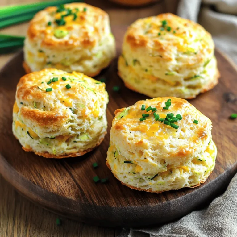 To make Zucchini Cheddar Biscuits, gather these simple ingredients: - 2 cups grated zucchini, excess moisture squeezed out - 1 ½ cups all-purpose flour - 1 tablespoon baking powder - ½ teaspoon baking soda - 1 teaspoon salt - ½ teaspoon garlic powder - ½ teaspoon onion powder - 1 cup shredded sharp cheddar cheese - ½ cup buttermilk (or substitute with regular milk mixed with 1 tablespoon lemon juice) - 1 large egg - ¼ cup unsalted butter, melted Zucchini serves as the star in these biscuits. It adds moisture and a mild flavor. When you grate it and squeeze out the extra water, it keeps the biscuits from becoming soggy. The sharp cheddar cheese gives a rich taste. It melts beautifully, adding gooey pockets of flavor in every bite. Buttermilk is another key player here. It makes the biscuits tender and fluffy. The slight tang balances the richness of the cheese and butter. You can adjust some ingredients if needed. Use whole wheat flour for a healthier option. If you're out of buttermilk, mix regular milk with lemon juice. This will mimic the tanginess of buttermilk. For a dairy-free version, try using plant-based cheese and non-dairy milk. You can also swap in different herbs or spices to suit your taste. Dried oregano or thyme can add an interesting twist. Making zucchini cheddar biscuits is simple and fun. You will need grated zucchini and sharp cheddar cheese. This pairs well with flour and spices. Gather all your ingredients first. This helps you stay organized. Preheat your oven to 400°F (200°C) before you start mixing. Don’t forget to line your baking sheet with parchment paper. 1. Mix Dry Ingredients: In a large bowl, combine 1 ½ cups of flour, 1 tablespoon of baking powder, ½ teaspoon of baking soda, 1 teaspoon of salt, ½ teaspoon of garlic powder, and ½ teaspoon of onion powder. Whisk these together to break up any lumps. 2. Add Zucchini and Cheese: Stir in 2 cups of grated zucchini and 1 cup of shredded sharp cheddar cheese. Make sure the zucchini is well coated in flour. This helps the flavors mix. 3. Prepare Wet Ingredients: In another bowl, whisk together ½ cup of buttermilk, 1 large egg, and ¼ cup of melted butter. Mix until it’s smooth and creamy. 4. Combine Mixtures: Pour the wet mixture into the dry ingredients. Stir gently with a spatula until just combined. It’s okay if there are lumps. Overmixing can make the biscuits tough. 5. Shape the Biscuits: Use a spoon or ice cream scoop to drop the dough onto your prepared baking sheet. Leave space between each biscuit for rising. 6. Bake: Place the baking sheet in your oven. Bake for 15-20 minutes. Check for golden tops and a clean toothpick when inserted. 7. Cooling: Take the biscuits out of the oven and let them cool for a few minutes. This helps set their shape and enhances the flavor. If your biscuits are too dry, you may have overmixed the dough. If they spread too much, make sure to chill the dough for a bit before baking. If they don't rise, check your baking powder for freshness. These tips can help you make perfect biscuits every time. To bake great zucchini cheddar biscuits, follow these simple tips: - Use Fresh Ingredients: Fresh zucchini makes a big difference. Check for firm, unblemished squash. - Squeeze Out Moisture: Zucchini has water. Squeeze it out well to prevent soggy biscuits. - Don’t Overmix: Mix until just combined. Lumps are okay; they help keep biscuits tender. - Use Cold Butter: If you prefer flaky biscuits, use cold butter instead of melted. Cut it into the flour. Want to boost the taste? Try these ideas: - Add Fresh Herbs: Mix in chopped herbs like chives or basil for more flavor. - Experiment with Cheese: Swap sharp cheddar for other cheeses like feta or mozzarella. Each adds its own twist. - Spices for Kick: Sprinkle in some red pepper flakes or smoked paprika for a spicy version. - Use Buttermilk: Buttermilk adds a tangy taste and helps the biscuits rise beautifully. Make your biscuits look as good as they taste. Here are some fun ideas: - Garnish with Herbs: Sprinkle fresh herbs on top. It adds color and a fresh touch. - Serve Warm: Warm biscuits taste best. Serve them straight from the oven. - Pair with Dips: Offer herbed butter or a spicy dipping sauce on the side. It makes the meal special. - Use Fun Shapes: Instead of rounds, use cookie cutters for fun shapes. Kids love it! For the full recipe, check out the details above. Enjoy your baking! {{image_4}} You can mix in different cheeses to change the flavor. Try using feta for a tangy twist. Parmesan adds a nice salty touch. For herbs, fresh basil or rosemary can brighten the taste. These herbs pair well with cheese and zucchini. You can also add dried herbs if fresh isn't available. For a gluten-free version, swap the all-purpose flour with a gluten-free flour blend. Make sure it includes xanthan gum for the best texture. This change keeps the biscuits light and fluffy. They will still taste great with zucchini and cheese. If you love spice, add jalapeños or red pepper flakes to the dough. This adds a fun kick to every bite. You can also try a dash of hot sauce in the wet mix. These spicy additions balance well with the creamy cheese. These variations keep your baking fun and fresh. Try them all for a tasty twist on a classic! For the full recipe, check the complete recipe section. To keep your leftover zucchini cheddar biscuits fresh, let them cool completely. Place them in an airtight container. You can also wrap them in plastic wrap. This method keeps them moist. Store them at room temperature for up to two days. If you want to keep them longer, choose freezing. To freeze your biscuits, place them in a single layer on a baking sheet. Freeze them for about an hour until solid. Then, transfer the biscuits to a freezer-safe bag or container. They can last up to three months in the freezer. When you want to enjoy them again, just reheat. Preheat your oven to 350°F (175°C). Place the biscuits on a baking sheet and heat for about 10-15 minutes. Zucchini cheddar biscuits are best when fresh. However, if stored properly, they can last a while. At room temperature, they stay good for about two days. In the fridge, they last about a week. If you freeze them, as mentioned, they can last up to three months. Always check for any signs of spoilage before eating. Yes, you can make these biscuits ahead of time. Prepare the dough and shape your biscuits. Place them on a baking sheet and cover tightly with plastic wrap. You can store them in the fridge for up to 24 hours. When you’re ready to bake, just pop them in the oven. You might need to add a couple of extra minutes to the baking time. Zucchini cheddar biscuits pair well with many dishes. You can serve them as a side with soups or salads. They also taste great with a dollop of herbed butter. Try them with scrambled eggs for a tasty breakfast. For lunch, enjoy them with your favorite sandwich or spread some cream cheese on top. You’ll know the biscuits are done when they turn golden brown on top. Insert a toothpick into the center of one biscuit. If it comes out clean, they're ready. Bake them for about 15-20 minutes at 400°F (200°C). Keep an eye on them in the last few minutes to avoid over-baking. In this post, we covered how to make zucchini cheddar biscuits. We explored the ingredients and highlighted key ones. You learned simple steps for preparation and cooking. I shared tips for perfect baking and ways to enhance flavor. We even looked at fun variations and how to store leftovers. Now, you can enjoy these tasty biscuits with ease and confidence. Happy baking!