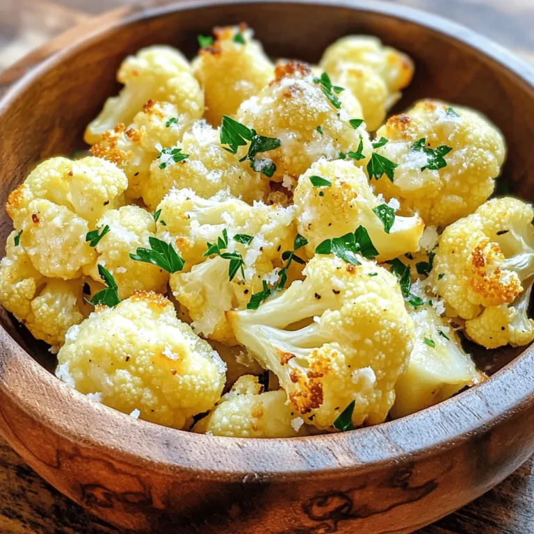 - 1 medium head of cauliflower, cut into bite-sized florets - 4 tablespoons unsalted butter - 4 cloves of garlic, finely minced - 1 teaspoon onion powder - 1 teaspoon smoked paprika - 1 tablespoon fresh parsley, finely chopped - Salt and freshly ground pepper to taste - ½ cup grated Parmesan cheese (optional, for serving) Cauliflower has many health benefits. It is low in calories and high in fiber. One cup has just 25 calories. It also packs vitamins C, K, and B6. These vitamins support a healthy body. Cauliflower is rich in antioxidants. These help fight free radicals. Free radicals can cause cell damage. Antioxidants may lower the risk of some diseases. Eating cauliflower can aid digestion. It has fiber, which helps keep things moving. A healthy digestive system is key for overall health. Cauliflower also supports heart health. It may help lower cholesterol levels. This can reduce the risk of heart disease. Try this garlic butter cauliflower recipe for a tasty treat. You will enjoy the flavor and the health benefits. For the full recipe, check out the details above. First, preheat your oven to 425°F (220°C). This step is key for even cooking. Next, grab a baking sheet and line it with parchment paper. This helps prevent sticking and makes cleanup easy. Now, let's make the garlic butter. Melt 4 tablespoons of unsalted butter in a microwave or small pan over low heat. Once melted, let it cool for a moment. Add 4 finely minced garlic cloves, 1 teaspoon of onion powder, 1 teaspoon of smoked paprika, salt, and freshly ground pepper. Mix it all together until well blended. This mixture will coat the cauliflower florets and give them amazing flavor. Take your cauliflower florets and toss them in the garlic butter mixture. Make sure each floret gets a nice coat. After that, spread the coated florets onto your prepared baking sheet. Arrange them in a single layer. This is vital for even roasting. Cook the cauliflower for about 20-25 minutes. Halfway through, turn the florets gently to help them brown evenly. When finished, they should be tender and golden. You can find the full recipe [here]. To know if your cauliflower is perfectly roasted, look for a golden-brown color. The florets should feel tender when you pierce them with a fork. If they are not quite there, roast them a bit longer. Adjust your cooking time to match your taste. If you like a softer texture, add 5 more minutes. For a crunchier bite, check them earlier. You can boost the flavor with extra herbs and spices. Try adding thyme or rosemary for a fresh twist. A sprinkle of red pepper flakes adds heat if you like spice. Experiment with different cheeses, too. Feta or cheddar can bring new taste dimensions. Each cheese adds its unique character to the dish. Serving style matters for impressing your guests. For casual meals, a rustic bowl works well. For formal events, use a sleek, white platter to highlight the colors. Garnish with fresh parsley or a sprinkle of cheese. This enhances the visual appeal and invites people to dig in. Remember, we eat with our eyes first! {{image_4}} Want to make this dish vegan? You can easily swap the butter for olive oil or vegan butter. Both options work well to keep the flavor rich. If you miss the creaminess, try using cashew cheese or nutritional yeast for a cheesy taste without dairy. Looking for a kick? Add red pepper flakes to the garlic butter mix for spicy garlic butter cauliflower. For a fresher taste, toss in herbs like thyme or rosemary. These herbs add depth and a lovely aroma to your dish. Garlic butter cauliflower pairs well with grilled chicken or baked fish. It also complements hearty grains like quinoa or rice. For drinks, consider serving a crisp white wine or a refreshing lemonade. These choices balance the rich flavors of the dish and enhance the meal. To keep your garlic butter cauliflower fresh, store it in the fridge. First, let it cool down. Place it in an airtight container. This helps preserve the flavor and texture. Try to eat it within three days for the best taste. When you’re ready to enjoy leftovers, reheat them gently. The best method is to use the oven. Set it to 350°F (175°C). Place the cauliflower on a baking sheet and heat for about 10-15 minutes. This keeps the cauliflower crispy. Avoid using the microwave if you can. It can make the texture soggy. If you want to freeze garlic butter cauliflower, do it quickly. First, let it cool completely. Then, place it in a freezer-safe bag or container. Squeeze out as much air as you can. When you're ready to eat, thaw it overnight in the fridge. Reheat in the oven to keep that great flavor and texture. Yes, you can make garlic butter cauliflower ahead of time. Here are some tips to prep in advance: - Prep the cauliflower: Cut the cauliflower into florets the day before. - Make the garlic butter: You can prepare the garlic butter mixture and store it in the fridge. - Combine later: Toss the florets in the garlic butter right before roasting. This keeps the dish fresh and tasty. You can tell when your cauliflower is done by looking for these signs: - Color change: The florets should turn a nice golden brown. - Tender texture: Use a fork to check if the cauliflower is soft. It should pierce easily. - Caramelization: Look for a slightly crispy edge on the florets for extra flavor. Garlic butter cauliflower pairs well with many dishes. Here are some suggestions: - Grilled chicken: The flavors of garlic and butter complement the meat. - Steak: A juicy steak pairs nicely with this roasted veggie. - Salads: Serve with a light salad for a refreshing side. - Pasta: Toss it with pasta for a complete meal. For the full recipe, check out the Garlic Butter Cauliflower Delight. In this blog post, we explored a delicious roasted garlic butter cauliflower recipe. You learned about the simple ingredients, health benefits, and easy cooking steps. I shared tips for perfecting the roast and added ideas for variations. Remember, this dish is versatile, whether you want a vegan option or different flavor profiles. Store your leftovers properly for future meals. With these insights, you can enjoy this tasty veggie dish anytime. Embrace the joy of cooking and keep experimenting!