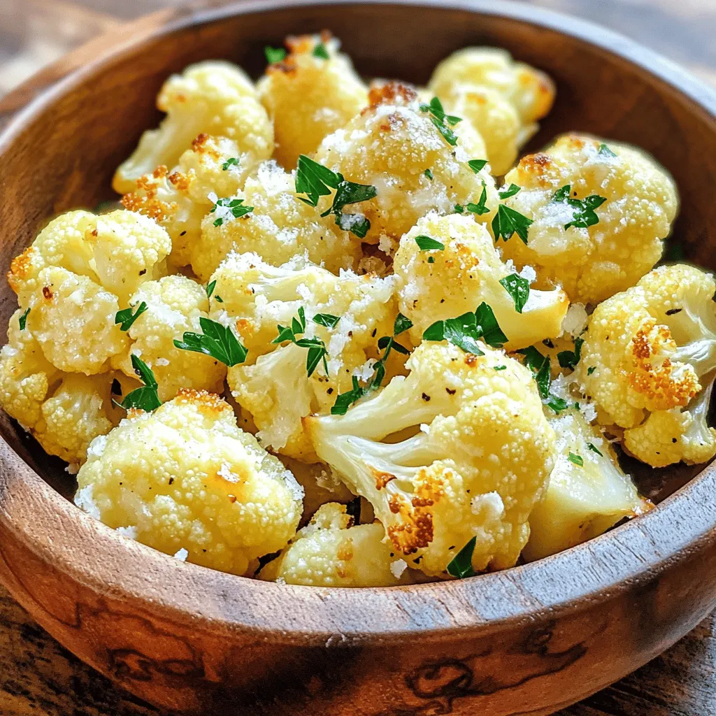 - 1 medium head of cauliflower, cut into bite-sized florets - 4 tablespoons unsalted butter - 4 cloves of garlic, finely minced - 1 teaspoon onion powder - 1 teaspoon smoked paprika - 1 tablespoon fresh parsley, finely chopped - Salt and freshly ground pepper to taste - ½ cup grated Parmesan cheese (optional, for serving) Cauliflower has many health benefits. It is low in calories and high in fiber. One cup has just 25 calories. It also packs vitamins C, K, and B6. These vitamins support a healthy body. Cauliflower is rich in antioxidants. These help fight free radicals. Free radicals can cause cell damage. Antioxidants may lower the risk of some diseases. Eating cauliflower can aid digestion. It has fiber, which helps keep things moving. A healthy digestive system is key for overall health. Cauliflower also supports heart health. It may help lower cholesterol levels. This can reduce the risk of heart disease. Try this garlic butter cauliflower recipe for a tasty treat. You will enjoy the flavor and the health benefits. For the full recipe, check out the details above. First, preheat your oven to 425°F (220°C). This step is key for even cooking. Next, grab a baking sheet and line it with parchment paper. This helps prevent sticking and makes cleanup easy. Now, let's make the garlic butter. Melt 4 tablespoons of unsalted butter in a microwave or small pan over low heat. Once melted, let it cool for a moment. Add 4 finely minced garlic cloves, 1 teaspoon of onion powder, 1 teaspoon of smoked paprika, salt, and freshly ground pepper. Mix it all together until well blended. This mixture will coat the cauliflower florets and give them amazing flavor. Take your cauliflower florets and toss them in the garlic butter mixture. Make sure each floret gets a nice coat. After that, spread the coated florets onto your prepared baking sheet. Arrange them in a single layer. This is vital for even roasting. Cook the cauliflower for about 20-25 minutes. Halfway through, turn the florets gently to help them brown evenly. When finished, they should be tender and golden. You can find the full recipe [here]. To know if your cauliflower is perfectly roasted, look for a golden-brown color. The florets should feel tender when you pierce them with a fork. If they are not quite there, roast them a bit longer. Adjust your cooking time to match your taste. If you like a softer texture, add 5 more minutes. For a crunchier bite, check them earlier. You can boost the flavor with extra herbs and spices. Try adding thyme or rosemary for a fresh twist. A sprinkle of red pepper flakes adds heat if you like spice. Experiment with different cheeses, too. Feta or cheddar can bring new taste dimensions. Each cheese adds its unique character to the dish. Serving style matters for impressing your guests. For casual meals, a rustic bowl works well. For formal events, use a sleek, white platter to highlight the colors. Garnish with fresh parsley or a sprinkle of cheese. This enhances the visual appeal and invites people to dig in. Remember, we eat with our eyes first! {{image_4}} Want to make this dish vegan? You can easily swap the butter for olive oil or vegan butter. Both options work well to keep the flavor rich. If you miss the creaminess, try using cashew cheese or nutritional yeast for a cheesy taste without dairy. Looking for a kick? Add red pepper flakes to the garlic butter mix for spicy garlic butter cauliflower. For a fresher taste, toss in herbs like thyme or rosemary. These herbs add depth and a lovely aroma to your dish. Garlic butter cauliflower pairs well with grilled chicken or baked fish. It also complements hearty grains like quinoa or rice. For drinks, consider serving a crisp white wine or a refreshing lemonade. These choices balance the rich flavors of the dish and enhance the meal. To keep your garlic butter cauliflower fresh, store it in the fridge. First, let it cool down. Place it in an airtight container. This helps preserve the flavor and texture. Try to eat it within three days for the best taste. When you’re ready to enjoy leftovers, reheat them gently. The best method is to use the oven. Set it to 350°F (175°C). Place the cauliflower on a baking sheet and heat for about 10-15 minutes. This keeps the cauliflower crispy. Avoid using the microwave if you can. It can make the texture soggy. If you want to freeze garlic butter cauliflower, do it quickly. First, let it cool completely. Then, place it in a freezer-safe bag or container. Squeeze out as much air as you can. When you're ready to eat, thaw it overnight in the fridge. Reheat in the oven to keep that great flavor and texture. Yes, you can make garlic butter cauliflower ahead of time. Here are some tips to prep in advance: - Prep the cauliflower: Cut the cauliflower into florets the day before. - Make the garlic butter: You can prepare the garlic butter mixture and store it in the fridge. - Combine later: Toss the florets in the garlic butter right before roasting. This keeps the dish fresh and tasty. You can tell when your cauliflower is done by looking for these signs: - Color change: The florets should turn a nice golden brown. - Tender texture: Use a fork to check if the cauliflower is soft. It should pierce easily. - Caramelization: Look for a slightly crispy edge on the florets for extra flavor. Garlic butter cauliflower pairs well with many dishes. Here are some suggestions: - Grilled chicken: The flavors of garlic and butter complement the meat. - Steak: A juicy steak pairs nicely with this roasted veggie. - Salads: Serve with a light salad for a refreshing side. - Pasta: Toss it with pasta for a complete meal. For the full recipe, check out the Garlic Butter Cauliflower Delight. In this blog post, we explored a delicious roasted garlic butter cauliflower recipe. You learned about the simple ingredients, health benefits, and easy cooking steps. I shared tips for perfecting the roast and added ideas for variations. Remember, this dish is versatile, whether you want a vegan option or different flavor profiles. Store your leftovers properly for future meals. With these insights, you can enjoy this tasty veggie dish anytime. Embrace the joy of cooking and keep experimenting!