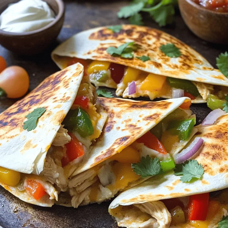 - 2 boneless, skinless chicken breasts - 1 bell pepper (any color) - 1/2 red onion - 2 tablespoons extra virgin olive oil - 1 teaspoon chili powder - 1 teaspoon ground cumin - 1/2 teaspoon garlic powder - 1/2 teaspoon smoked paprika - Salt and black pepper to taste - 4 large flour tortillas - 2 cups shredded cheese (cheddar, Monterey Jack, or Mexican blend) - Fresh cilantro for garnish - Sour cream and salsa for serving When I make chicken fajita quesadillas, I start with fresh ingredients. The chicken breasts should be boneless and skinless. I choose a bell pepper for color and sweetness. Red onion adds a nice crunch and flavor. Extra virgin olive oil helps the spices stick to the chicken. For spices, I use chili powder for heat and ground cumin for depth. Garlic powder gives it a savory kick, while smoked paprika adds a rich taste. I season with salt and black pepper to bring out the flavors. Next, I grab large flour tortillas. They hold the filling well and get nice and crispy. I always keep shredded cheese on hand. It melts perfectly and adds creaminess. Fresh cilantro is a must for garnish. Sour cream and salsa make great dips. This combination makes each bite delicious. You can find the full recipe for chicken fajita quesadillas to try this at home! To start, you need to marinate the chicken strips. In a medium bowl, mix olive oil, chili powder, ground cumin, garlic powder, smoked paprika, salt, and pepper. Add the sliced chicken and stir well to coat. Let it sit for 15-20 minutes. This helps the flavors blend nicely. Next, heat a large skillet over medium-high heat. Once hot, add the marinated chicken in a single layer. Cook for 6-8 minutes. Stir occasionally until the chicken is fully cooked and browned. When done, remove the chicken from the skillet and set it aside. Now, let’s sauté the vegetables. In the same skillet, add the thinly sliced bell pepper and red onion. Cook for about 4-5 minutes until they are tender and starting to caramelize. This step brings out their natural sweetness. Once they are ready, return the cooked chicken to the skillet. Stir everything together for about a minute to warm it all up. It’s time to assemble the quesadillas. Place a tortilla flat on a clean surface. On one half, sprinkle a layer of cheese. Then, add a portion of the chicken and vegetable mix. Top it with more cheese. Fold the tortilla over to create a half-moon shape. Repeat this with the other tortillas and filling. Next, wipe the skillet clean and return it to medium heat. Carefully place one folded quesadilla in the skillet. Cook for about 3-4 minutes on each side. Look for golden brown tortillas and melted cheese. Press down gently with a spatula for even cooking. After cooking, remove the quesadillas from the skillet. Let them rest for a minute before slicing into wedges. Garnish with fresh cilantro. Serve hot with sour cream and salsa on the side. These sides add extra flavor and make the meal more fun. Enjoy your Chicken Fajita Quesadillas! For the complete recipe, check out the Full Recipe section. To get the best flavor, marinate your chicken for at least 15-20 minutes. This time allows the spices to soak in. For extra flavor, add lime juice or fresh cilantro to the marinade. These ingredients brighten up the taste and add freshness. Use a cast-iron skillet or a non-stick skillet for cooking. These types heat evenly and make flipping easy. To achieve the perfect quesadilla texture, cook over medium heat. This way, your tortillas turn golden brown, and the cheese melts just right. Press down gently with a spatula to ensure even cooking. For serving, slice the quesadillas into wedges and arrange them on a colorful plate. This makes them look inviting. You can also add a sprinkle of chopped cilantro on top. Serve with small bowls of sour cream and salsa on the side. This adds flavor and fun to your meal. {{image_4}} You can change the protein in your quesadilla. Use beef or shrimp instead of chicken. Both options add great flavor. For a vegetarian twist, try black beans or mushrooms. These ingredients offer a hearty texture and taste. Add a new spice for a fun twist. Try cayenne pepper for heat or oregano for depth. You can also mix in sauces. A splash of hot sauce adds a kick. For a sweet touch, consider adding pineapple. It pairs well with the savory chicken. Want to make mini quesadillas? Cut each tortilla into smaller rounds. They work great as appetizers. Pair them with various dipping sauces. From guacamole to ranch, the choices are endless. You can also serve them with different salsas for added flavor. The full recipe offers a solid base, but feel free to get creative! To store leftover quesadillas, let them cool first. Wrap each one in plastic wrap or aluminum foil. You can also place them in an airtight container. This keeps them fresh. Quesadillas can last in the fridge for up to three days. For longer storage, freeze them. In the freezer, they can last for up to two months. When reheating, keep the quesadillas crispy. The microwave is quick. Heat them for about 30 seconds to 1 minute. This works, but they may get a bit soft. For a better texture, try the oven. Preheat it to 375°F. Bake the quesadillas for 10-15 minutes until hot. You can also use a skillet. Heat it over medium heat. Cook each side for about 3-4 minutes. This method keeps them crispy and delicious. Chicken fajita quesadillas are a tasty mix of chicken, peppers, and cheese. They come from Mexican cuisine. This dish takes classic fajitas and wraps them in a tortilla. The result is a crunchy outside and gooey inside. It is perfect for a quick lunch or dinner. Making chicken fajita quesadillas takes about 40 minutes. You will spend about 20 minutes prepping the ingredients. Cooking the chicken and veggies takes around 15 minutes. The last 5 minutes go to cooking and toasting the quesadillas. Chicken fajita quesadillas can be a healthy choice. They are packed with protein from the chicken. The peppers add vitamins and fiber. You can use whole wheat tortillas for extra nutrients. Just be mindful of the cheese and any sauces you add. Yes, you can make chicken fajita quesadillas in advance. Prepare the chicken and veggies ahead of time. Store them in the fridge for up to two days. When you are ready to eat, assemble and cook the quesadillas. This saves time on busy days. You’ve learned how to create tasty chicken fajita quesadillas. We covered key ingredients, cooking steps, and smart tips to boost flavor. Remember, you can customize these quesadillas with various proteins or spices. Store leftovers properly and reheat to enjoy them later. This dish is fun to make and perfect for sharing. I hope you find joy in trying out these recipes and making them your own. Enjoy your cooking adventure!