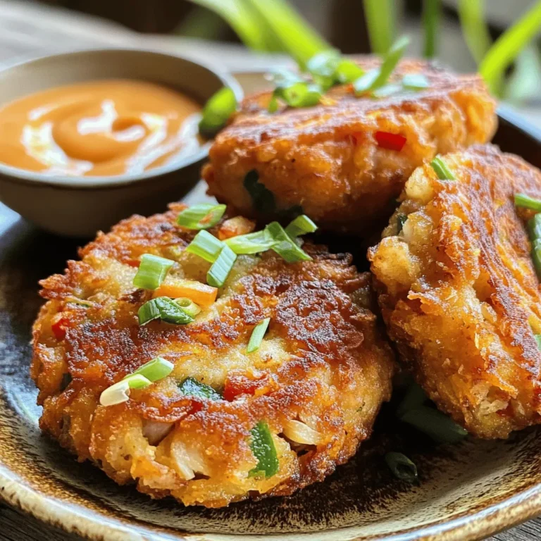 - 2 cans of tuna (5 oz each), thoroughly drained - 1/2 cup Italian seasoned breadcrumbs - 1/4 cup mayonnaise - 1 large egg, beaten - 1/4 cup green onions, finely chopped - 1/4 cup red bell pepper, finely diced - 1 tablespoon Dijon mustard - 1 teaspoon garlic powder - 1 teaspoon onion powder - 1/2 teaspoon Old Bay seasoning - Freshly ground salt and black pepper - Olive oil for frying When I make Crispy Tuna Cakes, the first step is gathering the right ingredients. The main items are two cans of tuna, breadcrumbs, mayonnaise, and an egg. By using Italian seasoned breadcrumbs, you add a great depth of flavor. It makes the cakes more tasty and crunchy. For extra flavor, think about adding green onions or red bell pepper. They give a nice color and crunch. A spoonful of Dijon mustard also adds a lovely zing to the mix. Next, seasoning is key. I use garlic powder, onion powder, and Old Bay seasoning for that classic taste. Don’t forget the salt and pepper! For frying, I always choose olive oil. It gives a nice crisp finish and enhances the taste. You can find the full recipe to follow along easily. Each ingredient plays a role in making your cakes delicious and satisfying. - Start by breaking apart the drained tuna in a large mixing bowl. - Next, combine the tuna with breadcrumbs, mayonnaise, and the beaten egg. Mix well until everything blends smoothly. - Now, incorporate the finely chopped green onions and diced red bell pepper into the mix. - Mix in the Dijon mustard, garlic powder, onion powder, Old Bay seasoning, salt, and pepper. Stir until all the ingredients are evenly distributed. - With your hands, form the mixture into small patties about 2-3 inches wide. - Heat olive oil in a skillet over medium heat. Fry each patty until golden and crispy. Aim for about 3-4 minutes on each side. - Place the crispy patties on a paper towel-lined plate to catch excess oil. This method ensures you create delicious, crispy tuna cakes. For the full recipe, refer back to the ingredients and instructions. To get that crispy texture, the oil must be hot. I heat the oil until it shimmers. This helps the cakes fry evenly. If the oil is not hot, the cakes can absorb too much oil. This makes them soggy instead of crispy. Also, avoid overcrowding the skillet. If you add too many cakes at once, they will steam. This means less crispiness. I usually fry them in small batches. This way, each cake gets enough space to cook. Crispy tuna cakes taste great with dipping sauces. I love to pair them with tartar sauce or aioli. You can also try a spicy sauce for a kick. For a light meal, serve the cakes with a fresh garden salad. The salad adds crunch and freshness. To make your dish look nice, arrange the cakes on a colorful plate. Place a small dish of dipping sauce in the center. This makes the dish fun and inviting. You can also add fresh herbs or green onions on top. They add color and a pop of flavor. To make it even better, sprinkle a few herbs around the plate. This adds a nice touch. For the full recipe, check the detailed steps above to ensure your crispy tuna cakes are perfect! {{image_4}} If you need a gluten-free option, you can easily adjust the recipe. Just swap the breadcrumbs for gluten-free alternatives. Many stores offer gluten-free breadcrumbs made from rice or corn. This change keeps the texture nice and crispy without gluten. You can also use crushed gluten-free crackers or almond flour for a different twist. You can play with the flavors of your crispy tuna cakes. Adding different vegetables makes it fun and unique. Try diced zucchini, shredded carrots, or even corn for a sweet crunch. You can also add spices like paprika or cumin to spice things up. If you like a different fish, consider using salmon instead of tuna. It gives a rich flavor and pairs well with the other ingredients. Get creative with how you serve your tuna cakes. One fun idea is to make sliders. Use small buns and place a tuna cake inside with your favorite toppings. You can also turn your tuna cakes into a salad. Just place them on a bed of mixed greens and add a light dressing. This gives you a fresh and healthy meal that is still full of flavor. For the full recipe, check out the details above! You can store leftover crispy tuna cakes in an airtight container. They will stay fresh for up to 3 days. Just be sure to let them cool completely before sealing the container. This helps keep them from getting soggy. To freeze uncooked patties, first place them on a baking sheet. Make sure they do not touch each other. Once they are frozen solid, transfer them to a container or a freezer bag. They can stay good in the freezer for up to 3 months. When you are ready, you can cook them straight from frozen. For the best texture, reheat the tuna cakes in an oven or a skillet. If using an oven, preheat it to 350°F (175°C) and bake for about 10-12 minutes. If using a skillet, heat a little olive oil and cook on medium heat for about 3-4 minutes on each side. This will help them get crispy again. - Detailed instructions on preparing and cooking can be found in the Step-by-Step Instructions section. - Yes, variations with salmon or crab are popular and work well. - These cakes pair well with salads, dipping sauces, and side vegetables. - Adding a variety of spices and fresh vegetables will enhance the flavor significantly. - Yes, the mixture can be prepared a few hours in advance and refrigerated until ready to cook. Crispy tuna cakes are easy and fun to make. You learned about the main ingredients, optional flavors, and how to cook them for a perfect texture. Remember to use fresh toppings for a great look and taste. Feel free to tweak the recipe with different fish or spices. These cakes are perfect for lunch or dinner. Enjoy them with your favorite sauces and salads! Cooking can be simple and rewarding. You have all you need to make the best crispy tuna cakes!