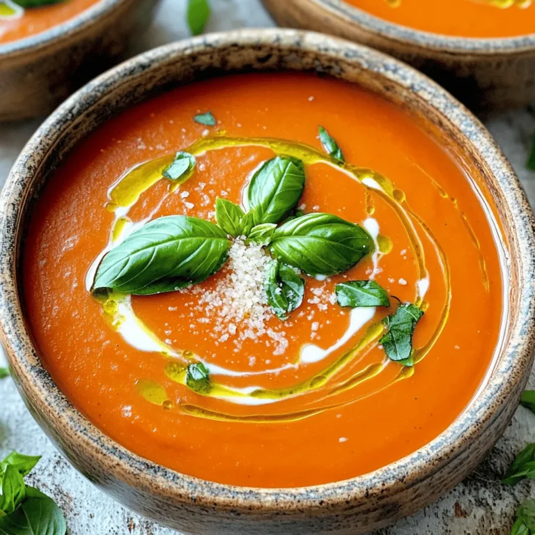 To make this soup, you will need the following ingredients: - 2 tablespoons extra virgin olive oil - 1 medium yellow onion, finely chopped - 2 cloves garlic, minced - 1 can (28 oz) crushed tomatoes, preferably fire-roasted - 1 cup vegetable broth or stock - 1 teaspoon dried oregano - 1 teaspoon granulated sugar (optional, to balance acidity) - Salt and freshly ground black pepper to taste - 1 cup heavy cream or coconut cream for a delicious dairy-free alternative - 1/4 cup fresh basil leaves, gently chopped - Freshly grated Parmesan cheese for garnish These ingredients create a rich and flavorful base for your soup. The olive oil adds a nice depth, while the garlic and onion bring warmth. Crushed tomatoes form the heart of the dish, giving it that classic tomato flavor. You can elevate the soup with a few optional ingredients: - A pinch of red pepper flakes for heat - A splash of balsamic vinegar for tang - A tablespoon of pesto for extra herb flavor These additions can enhance the soup's taste. If you like a kick, try the red pepper flakes. Balsamic vinegar adds a nice zing, while pesto deepens the herb profile. If you lack some ingredients, here are some easy swaps: - Use grapeseed oil instead of olive oil - Replace heavy cream with cashew cream for a vegan option - Swap crushed tomatoes for diced tomatoes or tomato puree These substitutions still work well in the recipe. They help you adapt based on what you have on hand, making it easier to create this delightful meal. For the full recipe, you can check out the details online. Start by setting your Instant Pot to 'Sauté' mode. Add the extra virgin olive oil. Let it heat up until it shimmers. Then, add the finely chopped onion. Cook for about 3-4 minutes until it turns soft and clear. Next, stir in the minced garlic. Sauté for 1 minute until the garlic smells great. Now it's time to add the main flavors. Pour in the can of crushed tomatoes and the vegetable broth. Sprinkle in the dried oregano. If you like, add the sugar to cut the acidity. Season with salt and freshly ground black pepper to taste. Secure the lid of your Instant Pot and seal the vent. Switch to 'Manual' or 'Pressure Cook' at high pressure for 10 minutes. This will trap all the flavors inside. When the time's up, carefully do a quick release. Turn the valve to venting and wait for the steam to escape. Once it's safe, remove the lid. Use an immersion blender to puree the soup until it’s smooth. If you prefer, you can use a countertop blender. Just be careful not to overfill it. If you used a countertop blender, return the soup to the Instant Pot. Stir in the heavy cream or coconut cream for a dairy-free option. Add the fresh basil leaves. Set the Instant Pot back to 'Sauté' for a couple of minutes. This warms the soup but don’t let it boil. Taste and adjust the seasoning if needed. Scoop the creamy soup into warm bowls. Top with freshly grated Parmesan cheese and extra basil leaves. This adds a nice touch. Serve with crusty baguette or dark rye bread for a perfect meal. Enjoy your Instant Pot Creamy Tomato Basil Soup Delight! For the complete recipe, check the [Full Recipe]. When making this soup, avoid overcooking the garlic. Too much heat can make it bitter. Also, do not skip the sugar unless you like a very acidic taste. Balance is key. Make sure to use fresh basil at the end. Adding it too early can dull its flavor. Lastly, always check the seasoning before serving. You may need more salt or pepper to enhance the taste. To boost flavors, try adding a splash of balsamic vinegar. It brings a nice depth to the soup. You can also add red pepper flakes for a bit of heat. If you love herbs, try adding thyme or parsley. For a richer taste, use homemade vegetable broth. Fresh ingredients make a big difference. Don’t forget a squeeze of lemon juice before serving for a zesty kick! The Instant Pot is your best friend for this recipe. It cooks the soup fast and keeps it creamy. Use an immersion blender for easy blending. It saves time and reduces mess. A sharp knife and cutting board are essential for chopping. Finally, have measuring cups and spoons ready for accuracy. These tools will help you create a delightful meal with ease. For the complete recipe, check out the [Full Recipe]. {{image_4}} You can make this soup dairy-free easily. Instead of heavy cream, use coconut cream. It adds a nice, rich flavor. Almond milk is another option, but it may change the texture. The soup will still be creamy and delicious. You can also try cashew cream for a nutty twist. Just blend soaked cashews with water until smooth. Want to make your soup more filling? Add protein! Cooked chicken or turkey works well. You can also add beans like cannellini or chickpeas. They blend nicely and boost nutrition. For a vegetarian option, lentils are great too. Just add them during the pressure cooking stage for a hearty meal. Feel free to switch up the herbs! If you love spices, add a pinch of red pepper flakes for heat. Fresh herbs like thyme or rosemary can add depth. For a twist, try a splash of balsamic vinegar. It brightens the soup and adds a unique flavor. Don't be afraid to experiment! After enjoying your Instant Pot creamy tomato basil soup, let it cool down. Pour the leftover soup into an airtight container. Make sure to cover it tightly to keep it fresh. You can store it in the fridge for up to five days. If you want to savor it later, freezing works too. To freeze the soup, use a freezer-safe container. Leave some space at the top. This space allows the soup to expand as it freezes. You can freeze it for up to three months. When you’re ready to eat, just thaw it overnight in the fridge. To reheat your soup, the stovetop is the best choice. Pour the soup into a pot. Heat it over medium heat, stirring often. This method helps keep its creamy texture. If you use a microwave, heat it in short bursts. Stir after each burst for even warming. Make sure it’s hot but not boiling. Enjoy it warm, as it tastes best this way. To add spice, include crushed red pepper flakes or diced jalapeños. Start with a small amount, then taste as you go. You can also use spicy sausage or hot sauce for more heat. Each option gives a unique flavor that pairs well with the tomato base. This soup pairs well with many sides. Serve it with grilled cheese sandwiches for a classic combo. A fresh salad adds a nice crunch too. For a heartier meal, try crusty bread or a baguette to soak up the soup. These sides enhance the overall experience. Yes, you can use fresh tomatoes. Dice about 2 pounds of ripe tomatoes for this recipe. Blanch them to remove the skins, then follow the same steps in the recipe. Fresh tomatoes add a bright, juicy flavor that many enjoy. Absolutely! Swap heavy cream for coconut cream or cashew cream. Use vegetable broth and skip cheese to keep it vegan. The soup remains rich and creamy, full of flavor. This allows everyone to enjoy this delightful meal. For the full recipe, check the main article. This blog covered all you need for the Instant Pot creamy tomato basil soup. We looked at key ingredients, step-by-step instructions, tips, variations, and storage info. You can make this soup your own with easy changes. Remember to avoid common mistakes and use the right tools for the best results. Enjoy your rich and tasty soup with fun sides or some spice. Keep these tips in mind for a great cooking experience!