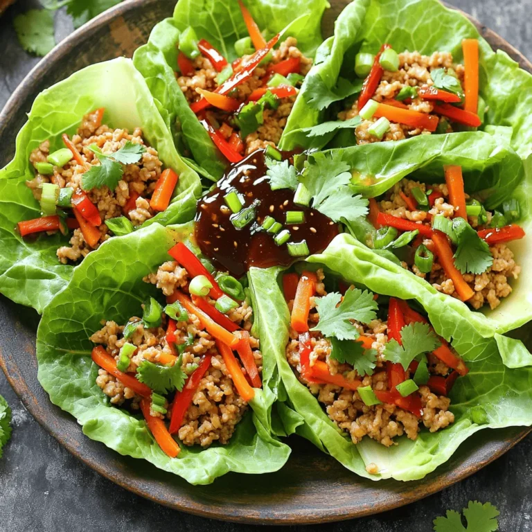 - 1 pound ground chicken - 1 tablespoon sesame oil - 2 cloves garlic, minced - 1 inch fresh ginger, grated - 1 red bell pepper, finely diced - 1 cup carrots, julienned - 2 green onions, finely chopped - 1/4 cup low-sodium soy sauce - 1 tablespoon rice vinegar - 1 tablespoon hoisin sauce - 1 teaspoon chili garlic sauce (optional, for a spicy kick) - 1 head of Butter lettuce (or Romaine), carefully separated into leaves - Chopped fresh cilantro for garnish These ingredients work together to create a tasty and vibrant dish. The ground chicken serves as the base, while the fresh veggies add crunch and color. The sauces bring rich flavors that tie everything together. - Skillet - Spatula - Whisk Using the right tools makes cooking smoother. A skillet helps cook the chicken evenly. A spatula breaks up the meat and mixes in the veggies. A whisk combines the sauce ingredients quickly. With these tools in hand, you're ready to create a delicious meal. 1. Start by heating the skillet. Pour in sesame oil and turn the heat to medium. Let it shimmer. 2. Add minced garlic and grated ginger to the skillet. Stir for 30 seconds until fragrant. Watch carefully, so they do not burn. 3. Next, add the ground chicken. Break it apart using a spatula. Cook for 5 to 7 minutes until it turns brown and is fully cooked. 1. Once the chicken is ready, mix in the diced red bell pepper and julienned carrots. Sauté for 3 to 4 minutes. The veggies should be soft yet still crunchy. 2. In a small bowl, whisk the soy sauce, rice vinegar, hoisin sauce, and chili garlic sauce if you like heat. Pour this over the chicken and veggies. Stir well so everything is coated evenly. 1. Remove the skillet from the heat. Fold in the chopped green onions. This adds a fresh taste to your filling. 2. To serve, spoon a generous amount of the chicken mixture into each lettuce leaf. Top with chopped cilantro for a fresh finish. Enjoy your Easy Chicken Lettuce Wraps! For the [Full Recipe], check the ingredients and instructions above. To make your Easy Chicken Lettuce Wraps burst with flavor, focus on the garlic and ginger. Sautéing these ingredients is crucial. Heat the oil and add minced garlic and grated ginger. Cook them for about 30 seconds. This will release their amazing aroma and taste. Next, balance the flavors with your sauces. The mix of soy sauce, rice vinegar, and hoisin sauce creates a rich, savory taste. If you want a kick, add chili garlic sauce. This combination makes each bite exciting. For a beautiful dish, presentation is key. Arrange the filled lettuce wraps on a platter. Drizzle some extra hoisin sauce on top for color. A sprinkle of fresh cilantro adds brightness and aroma. This makes your meal look as good as it tastes. Pair your wraps with simple side dishes. Consider serving them with a light cucumber salad. This adds a nice crunch and freshness. You can also serve rice or quinoa for a heartier meal. Enjoy the balance of flavors and textures! {{image_4}} You can swap the ground chicken for turkey. Turkey has a similar taste and texture. It cooks just as well and keeps the dish light. If you prefer plant-based options, try crumbled tofu. It absorbs flavors well and works nicely in this recipe. Change up the sauces to suit your taste. For a tangy kick, use sweet chili sauce instead of hoisin. You can also try teriyaki sauce for a sweeter flavor. If you want a spicy twist, add some Sriracha or chili paste. Feel free to experiment with spices, too. A sprinkle of five-spice powder adds warmth. You can also mix in fresh herbs like basil or mint for a fresh taste. These small changes can make each meal exciting. For the full recipe, check out the Zesty Chicken Lettuce Wraps. After you enjoy your easy chicken lettuce wraps, saving leftovers is smart. First, let the wraps cool down. This helps keep the flavors fresh. Store the filling and lettuce leaves separately. This keeps the lettuce crisp. Use these best storage containers: - Airtight glass containers for the filling - Plastic bags or wrapped foil for the lettuce leaves Place them in the fridge. Consume the leftovers within three days for the best taste. When you are ready to eat the leftovers, reheating them right is key. Use these optimal methods for reheating: - Microwave: Place the filling in a bowl. Heat for 30-second bursts, stirring in between. This helps warm it evenly. - Skillet: Heat on medium-low heat. Stir the filling for a few minutes until warm. To avoid soggy lettuce, do not microwave it. Instead, serve the filling in fresh lettuce leaves. This keeps your wraps crunchy and delicious. You can now enjoy your tasty meal again! If you want the full recipe, check out the Zesty Chicken Lettuce Wraps. To make your wraps spicy, add chili garlic sauce. You can also use diced jalapeños or crushed red pepper flakes. Start with a small amount, then taste and adjust. This way, you control the heat level. Spice adds fun to the dish and wakes up the flavors. Yes, you can prep the ingredients ahead of time. Chop the vegetables and store them in airtight containers. Keep the ground chicken separate until you are ready to cook. You can also mix the sauce and store it in the fridge. This makes cooking quick and easy on busy days. Butter lettuce is my favorite for wraps. It is soft and has a nice cup shape. Romaine is another good option. It is crisp and holds the filling well. You can also try green leaf lettuce for a different texture. Each type adds a unique touch to your dish. To make the wraps gluten-free, use tamari instead of soy sauce. Tamari tastes similar but has no gluten. Check labels on hoisin sauce, as some brands may contain wheat. You can also make your own hoisin sauce at home. This way, you ensure everything is gluten-free and still delicious. You learned how to make easy chicken lettuce wraps. We covered key ingredients, tools, and cooking steps. I shared tips for flavor and storage. Remember, you can customize with different proteins and sauces. Whether you want a spicy kick or meal prep options, these wraps offer great flexibility. Enjoy making this dish that can wow your family and friends. Now, go ahead and impress them with your tasty creation!
