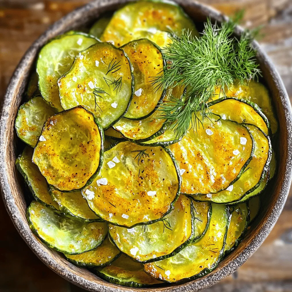 - 2 large cucumbers - 1 tablespoon extra virgin olive oil - 1 teaspoon fine sea salt - 1/2 teaspoon garlic powder - 1/2 teaspoon onion powder - 1/4 teaspoon smoked paprika - Fresh herbs (such as dill or parsley) for garnish You can get creative with these snacks. Here are some fun ideas: - Chili powder for heat - Nutritional yeast for a cheesy flavor - Cumin adds a warm, earthy twist Feel free to mix and match seasonings to make the recipe your own. Try adding a pinch of your favorite spice or herb for a unique taste. The goal is to enjoy your cucumber chips just how you like them! Explore different flavors and have fun in the kitchen. The Full Recipe will guide you through the steps to create your perfect baked cucumber chips. First, preheat your oven to 225°F (110°C). This low heat helps the chips dry out. Line a baking sheet with parchment paper. This makes cleanup easy. Next, rinse the cucumbers under cool water. This gets rid of any dirt. Use a mandolin slicer to slice the cucumbers into thin rounds, about 1/8 inch thick. This ensures even baking and crispiness. Place the cucumber slices in a mixing bowl. Drizzle 1 tablespoon of olive oil over them. Toss the slices gently to coat them well. In another small bowl, mix 1 teaspoon of fine sea salt, 1/2 teaspoon of garlic powder, 1/2 teaspoon of onion powder, and 1/4 teaspoon of smoked paprika. Stir them together until combined. Sprinkle this seasoning blend over the oiled cucumber slices. Toss again to make sure each chip gets flavor. Spread the seasoned cucumber slices in a single layer on your baking sheet. Make sure they do not touch each other. This helps them bake evenly. Place the baking sheet in the oven and bake for about 2 to 3 hours. Flip the chips halfway through to get them crispy on both sides. Keep an eye on them during the last 30 minutes. You want them golden brown and crisp. Once done, remove the baking sheet from the oven. Let the chips cool slightly before serving. For the full recipe, refer to the earlier section. To make your cucumber chips crispy, bake them at 225°F (110°C). This low heat helps them dry out slowly. Bake them for 2 to 3 hours. Flip them halfway through for even crispiness. Watch them closely in the last 30 minutes to prevent burning. I prefer English cucumbers for this recipe. They have fewer seeds and thinner skin. Pickling cucumbers work too, but they can be more watery. When choosing cucumbers, look for firm ones with smooth skin. Avoid any that are soft or have blemishes. Add your favorite herbs and spices to boost flavor. Try chili powder for a kick or nutritional yeast for a cheesy taste. Pair your chips with dips like hummus or yogurt sauce. They taste great on their own, but dips add more fun to your snack. For the full recipe, check the earlier section! {{image_4}} You can spice up your cucumber chips with fun flavors. For a sweet and spicy kick, mix cinnamon and cayenne. This adds warmth and sweetness to each bite. For savory options, try adding parmesan cheese or Italian seasoning. Grated parmesan gives a rich taste. Italian herbs like oregano and basil add depth to the flavor. Play with these combinations to find your favorites! If you want to try different ways to cook your cucumber chips, consider an air fryer. Set the air fryer to 350°F (175°C) and cook for about 15-20 minutes. Shake the basket halfway through for even crispiness. A dehydrator is another great option. It will make your chips even crispier. Set the dehydrator to 125°F (52°C) and let them dry for 6-8 hours. Check them regularly to avoid over-drying. For the full recipe, you can refer to the earlier section. Enjoy your crispy, healthy snack! To keep your leftover cucumber chips fresh, store them in a sealed container. I recommend using an airtight glass jar or a plastic container. This way, they stay crisp longer. Avoid paper bags, as they can trap moisture. If you have extra chips, let them cool completely first. Then, layer them with parchment paper in the container. This prevents them from sticking together. When it’s time to enjoy your chips again, reheating can be tricky. To keep them crispy, use the oven. Preheat it to 350°F (175°C). Place the chips on a baking sheet and heat for about 5 to 10 minutes. This method brings back their crunch. You can also use an air fryer if you have one. Set it to 350°F (175°C) and heat for about 3 to 5 minutes. Watch them closely to avoid burning. Enjoy your crispy chips again! Yes, you can make baked cucumber chips ahead of time. Just store them in an airtight container. They stay fresh for a few days. If you want them to stay crispy, avoid moisture. Homemade cucumber chips can last up to one week when stored properly. Keep them in a cool, dry place. If you notice any soft spots, it's best to toss them. Cucumber chips are low in calories and full of water. They offer vitamins like K and C. They also have fiber, which helps digestion. Snacking on these chips can keep you hydrated and satisfied. Absolutely! You can use oils like avocado or canola. Each oil brings a unique flavor. Just make sure to use oil with a high smoke point for the best results. Yes, baked cucumber chips are a healthy snack option. They are a great alternative to regular chips. They have fewer calories and no added preservatives. You can enjoy them guilt-free! For the full recipe, check out the detailed instructions above. You now have a solid guide to making baked cucumber chips. You learned the key ingredients and their roles. The steps took you through preparation, seasoning, and baking for best results. Remember to customize your seasonings and explore different cucumber types. These crispy snacks can be stored easily and reheated without losing texture. So, gather your ingredients and let your creativity shine. Enjoy a fun and healthy treat that you can make at home!
