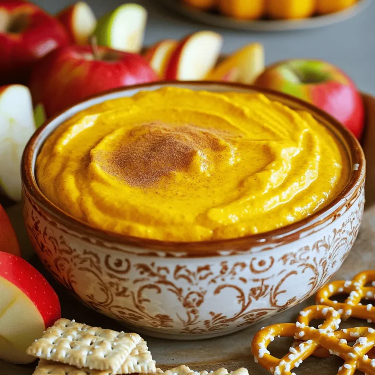 - 1 cup cream cheese, softened - 1 cup pumpkin puree - ½ cup powdered sugar - Additional spices: cinnamon, nutmeg, ginger - 1 cup whipped topping Pumpkin cheesecake dip is easy to make. First, you need cream cheese. Use 1 cup of softened cream cheese for a smooth base. Softening it makes mixing easier. Next, add 1 cup of pumpkin puree. You can use canned or homemade pumpkin. Both work well in this dip. Then, we have the sweet part. Use ½ cup of powdered sugar to add sweetness. It balances the flavors nicely. Don’t forget the spices! You want to add cinnamon, nutmeg, and ginger. These spices give the dip that warm, fall flavor. Lastly, we mix in 1 cup of whipped topping. This adds fluffiness and creaminess to the dip. It makes the texture light and airy. These ingredients work together to create a rich, tasty treat. - Graham crackers - Apple slices - Pretzels - Other alternatives for dipping Now, let’s talk about what to dip in this yummy mix. Graham crackers are classic. They have a nice crunch and sweet flavor. Apple slices are another great choice. Their crispness pairs well with the creamy dip. Pretzels add a salty touch that contrasts perfectly. You can also try other dippers. Things like vanilla wafers or even cookies work great. The options are endless! Each dipper brings its own flavor to the mix. So, feel free to get creative and enjoy this tasty fall treat! To make this pumpkin cheesecake dip, start with the cream cheese. I always use softened cream cheese. This helps create a smooth texture. Beat it in a large bowl until creamy. Use an electric mixer for best results. Next, add the pumpkin puree and powdered sugar. Mix these two together well. You want them to blend smoothly. This is where the dip starts to take shape. Now, let’s add flavor. Incorporate the vanilla extract, ground cinnamon, nutmeg, and ginger. These spices give the dip its warm, cozy taste. Blend until everything is fully mixed. The mixture should be smooth and flavorful. Now it’s time for the whipped topping. Gently fold it into the pumpkin mixture. A spatula works best for this. Be careful not to deflate the whipped topping. We want the dip to stay light and fluffy. Once combined, transfer your dip into a serving bowl. I like to use a pretty bowl for presentation. It makes serving more fun! Chill the dip in the fridge for at least 30 minutes. This step is important. It allows the flavors to blend well. It also makes the dip cool and refreshing. Before serving, give the dip a gentle stir. This helps refresh its texture. For the final touch, sprinkle a little ground cinnamon on top. It adds a nice look and extra flavor. Enjoy your delicious pumpkin cheesecake dip with graham crackers, apple slices, or pretzels. For the full recipe, check out the details provided above! To make the best dip, start with room-temperature cream cheese. Cold cream cheese doesn’t blend well. Let it sit out for about 30 minutes. This simple step makes a huge difference. Use an electric mixer for smooth results. A hand mixer works, but a stand mixer is even better. Mix it on medium speed to get it creamy fast. Want to spice things up? Add a splash of maple syrup. It brings a warm sweetness that pairs well with pumpkin. You can also try flavored whipped topping. Look for options like vanilla or cinnamon to match your taste. Presentation counts! Serve the dip in a nice bowl. Create a fun display with graham crackers, apple slices, and pretzels. For a special touch, add pumpkin spice cookies on the side. This elevates the whole experience. You can also use seasonal snacks. Think caramel apples or even gingerbread cookies. These pair nicely and add to the fall vibe. {{image_4}} If you want a lighter version of this dip, try using low-fat cream cheese. It gives you the same creamy texture but with less fat. For sweetness, switch powdered sugar with natural sweeteners like honey or maple syrup. They add flavor and make the dip healthier. You can enjoy the same great taste without the extra calories! Want to mix things up? Create a chocolate pumpkin cheesecake dip! Just add cocoa powder to the mix. It blends perfectly with the pumpkin flavor. Another fun idea is to add caramel. This gives you a salted caramel version that is so delicious. Drizzle caramel on top for a fancy look! You can change the dip based on the season. For holidays, add cranberries for a festive touch. They add color and tartness that balance the sweetness. In winter, try different spices like cardamom or allspice to warm up the flavor. This keeps your dip fresh and exciting all year round! To keep your pumpkin cheesecake dip fresh, use an airtight container. Glass or plastic containers work well. Make sure the lid seals tightly to prevent air from getting in. You can store the dip in the fridge for up to 5 days. Just remember to give it a good stir before you serve it again. Yes, you can freeze pumpkin cheesecake dip! Use a freezer-safe container and leave some space at the top. This dip can be frozen for up to two months. When you’re ready to enjoy it, move it to the fridge to thaw overnight. To serve, stir well and add a touch of fresh whipped topping for fluffiness. If you have leftover cream cheese or pumpkin puree, you can use them in other recipes. Spread cream cheese on toast or bagels for breakfast. Use pumpkin puree in smoothies, muffins, or pancakes for a fall twist. These ideas help reduce waste and keep your meals exciting! Yes, you can use fresh pumpkin. Here’s how to prepare fresh pumpkin puree: - Choose a pie pumpkin; they are sweeter and less watery. - Cut it in half and remove the seeds. - Roast the halves cut-side down on a baking sheet until soft, about 45 minutes at 375°F. - Scoop out the flesh and blend it until smooth. Using fresh pumpkin can give your dip a richer taste. Just remember to drain any excess water for the best texture. To make the dip vegan, swap out traditional ingredients: - Use vegan cream cheese instead of regular cream cheese. - Replace whipped topping with coconut cream or a dairy-free whipped topping. - Sweeten with maple syrup or agave instead of powdered sugar. These swaps keep the dip creamy and sweet while being plant-based. You can serve this dip in many fun ways: - Use graham crackers for a classic pairing. - Try apple slices for a fresh crunch. - Pretzels add a nice salty contrast. - For a twist, serve with pumpkin spice cookies or chocolate wafers. Each option adds a new flavor dimension to the dip. Once made, pumpkin cheesecake dip lasts about 3 to 5 days in the fridge. - Store it in a sealed container to keep it fresh. - Look for signs of spoilage, like a sour smell or change in texture. If you see any signs, it’s best to discard the dip. Enjoy your delicious treat! This pumpkin cheesecake dip is easy to make and so tasty. You mix cream cheese, pumpkin, and spices for great flavor. Use dippers like graham crackers and apples for fun. Remember to chill it for the best texture. You can even swap some ingredients for healthier options. Make this dessert for any occasion and enjoy. Whether you share it or keep it all for yourself, it will impress. Happy dipping!