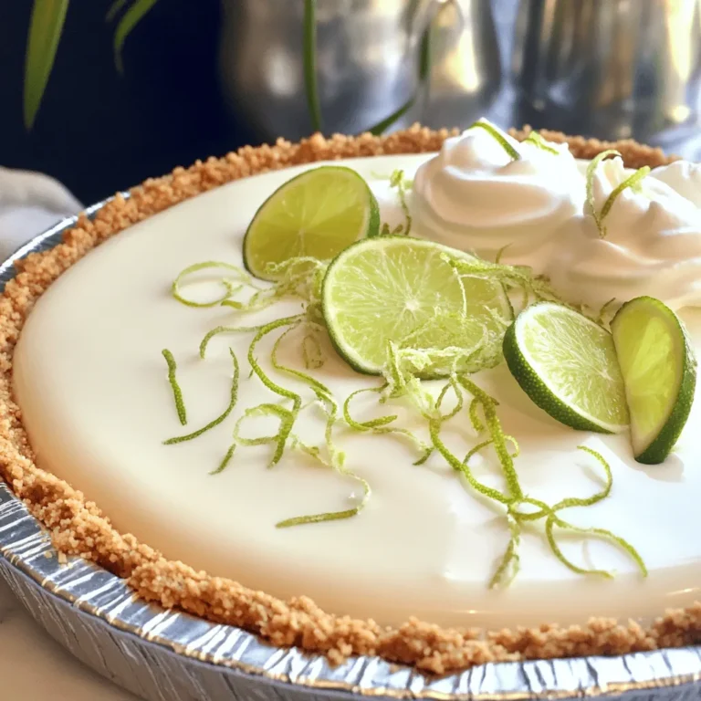 To make a tasty no-bake key lime pie, you need some key ingredients. Here’s what you’ll need: - 1 ½ cups graham cracker crumbs - ⅓ cup granulated sugar - ⅓ cup melted butter - 1 (14-ounce) can sweetened condensed milk - ½ cup key lime juice (freshly squeezed is ideal) - 1 tablespoon lime zest - 1 cup heavy whipping cream - 2 tablespoons powdered sugar - Lime slices and additional zest for garnish Each ingredient plays an important role. The graham cracker crumbs give the pie its crunchy crust. The sweetened condensed milk adds creaminess, and the key lime juice brings that tangy flavor we love. You can enhance your pie with a few optional ingredients. Consider adding: - A pinch of salt to balance sweetness - A splash of vanilla extract for depth - Coconut flakes for a tropical twist These extras can boost the flavor and make your pie stand out even more. Choosing fresh key limes makes a big difference. Here are some tips: - Look for limes that feel heavy for their size. - Choose limes that are firm and smooth. - Avoid any limes with blemishes or soft spots. Fresh limes will give your pie a bright, zesty taste. Remember, the quality of your ingredients will shine through in the final dish. Start by gathering your ingredients. You need graham cracker crumbs, sugar, and melted butter. In a medium bowl, mix the graham cracker crumbs and sugar. Pour in the melted butter and stir until it looks like wet sand. Next, take a 9-inch pie pan. Press the crumb mixture firmly into the bottom and up the sides. Use a measuring cup or your fingers to make it even. Chill this crust in the fridge while you make the filling. In a separate bowl, combine sweetened condensed milk, freshly squeezed key lime juice, and lime zest. Whisk these together until the mixture is smooth and free of lumps. It should smell fresh and zesty! Now, in another bowl, whip the heavy cream. Use an electric mixer until soft peaks appear. Gradually add powdered sugar while whipping until stiff peaks form. This will create a light and fluffy texture. Carefully fold the whipped cream into the lime mixture. Use a spatula for this step. Make sure to keep the cream's lightness. Once mixed, pour this filling into the chilled graham cracker crust. Smooth the top with a spatula. Cover your pie with plastic wrap and refrigerate for at least 4 hours. If you can, let it chill overnight. This helps the flavors meld and the filling set. When ready to serve, add lime slices and zest for a colorful finish. For the full recipe, please refer to the complete instructions above. To get the best texture for your no-bake key lime pie, the key is the whipped cream. When you whip the cream, stop when you see soft peaks. This keeps your pie light. Then, gently fold the whipped cream into the lime mixture. Use a spatula, and don’t stir too hard. You want to keep air in the mix. This makes the pie fluffy. One common mistake is over-mixing the filling. If you mix too hard, the pie can become dense. Also, make sure to chill your pie for at least four hours. This helps it set properly. Skipping this step can lead to a runny pie. Lastly, always use fresh lime juice. Bottled juice can lack flavor and freshness. Garnishes can make your pie even better. Lime slices add color and a fresh touch. A sprinkle of lime zest on top gives extra zing. You can also add a dollop of whipped cream for creaminess. Fresh mint leaves can provide a nice contrast. These simple additions make your pie look and taste gourmet. {{image_4}} To make a coconut key lime pie, you can add shredded coconut. Mix in about one cup of sweetened shredded coconut into the key lime filling. This adds a nice chew and a tropical twist. You can also sprinkle some coconut on top before serving. The coconut pairs well with the tangy lime. The result is a dessert that feels bright and summery. For a vegan version, you can swap out some key ingredients. Use coconut cream instead of heavy cream. This gives a rich texture without dairy. Replace sweetened condensed milk with a mixture of coconut milk and maple syrup. You can also use a vegan graham cracker crust or make one from nuts and dates. This version is creamy and has the same zesty flavor, making it a great choice for everyone. You can explore various crust options for your pie. A chocolate cookie crust adds a rich flavor. Just crush chocolate cookies and mix with melted butter, similar to the graham cracker crust. A nut crust, made from almonds or pecans, is also a tasty choice. It gives a crunchy texture and a nutty taste. You can even use a fruit-based crust made from dates and nuts for a healthy twist. These crusts bring their unique flavor and make each pie a new experience. To keep your no-bake key lime pie fresh, store it in the fridge. Use an airtight container or cover the pie with plastic wrap. This method keeps the flavors intact. Make sure to slice the pie before storing. This way, you can grab a bite anytime! You can freeze this pie for longer storage. First, let it chill in the fridge for a few hours. Then, cover it well with plastic wrap and foil. This helps prevent freezer burn. When you are ready to eat it, let it thaw in the fridge overnight. Enjoy it cold for a refreshing treat! In the fridge, your no-bake key lime pie lasts about 3 to 4 days. The texture stays nice and creamy during this time. If you notice any changes in smell or appearance, it’s best to toss it out. Enjoy it fresh for the best taste! Yes, you can use bottled key lime juice. However, fresh juice has a brighter taste. If you want great flavor, I recommend using fresh key limes. They give the pie a zesty kick that really shines through. Remember, not all bottled juices are created equal. Some can taste flat or too sweet. Always check the label for quality. Chilling the pie overnight is best for flavor and texture. This step allows the filling to set properly and meld together. If you're short on time, chilling for at least four hours works too. Just know that the pie might not be as firm if you don't chill it long enough. A well-chilled pie is the key to a perfect slice. You can pair this pie with many delicious items. Fresh whipped cream adds a creamy touch. A sprig of mint gives a refreshing look. You might also enjoy it with fresh fruit like berries or mango. For a fun twist, serve it with a scoop of vanilla ice cream. Each option complements the pie’s tangy flavor nicely. In this blog post, we explored how to make a no-bake key lime pie. We covered essential and optional ingredients, along with tips for choosing fresh key limes. I shared step-by-step instructions for the crust and filling. You learned about common mistakes and how to enhance flavor. We also looked at fun variations, storage tips, and answered common questions. No-bake key lime pie is simple and delicious. With these tips, you can make this treat perfectly every time. Enjoy creating your own pie!
