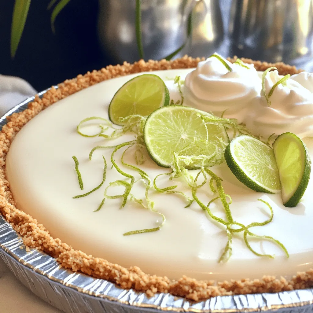 To make a tasty no-bake key lime pie, you need some key ingredients. Here’s what you’ll need: - 1 ½ cups graham cracker crumbs - ⅓ cup granulated sugar - ⅓ cup melted butter - 1 (14-ounce) can sweetened condensed milk - ½ cup key lime juice (freshly squeezed is ideal) - 1 tablespoon lime zest - 1 cup heavy whipping cream - 2 tablespoons powdered sugar - Lime slices and additional zest for garnish Each ingredient plays an important role. The graham cracker crumbs give the pie its crunchy crust. The sweetened condensed milk adds creaminess, and the key lime juice brings that tangy flavor we love. You can enhance your pie with a few optional ingredients. Consider adding: - A pinch of salt to balance sweetness - A splash of vanilla extract for depth - Coconut flakes for a tropical twist These extras can boost the flavor and make your pie stand out even more. Choosing fresh key limes makes a big difference. Here are some tips: - Look for limes that feel heavy for their size. - Choose limes that are firm and smooth. - Avoid any limes with blemishes or soft spots. Fresh limes will give your pie a bright, zesty taste. Remember, the quality of your ingredients will shine through in the final dish. Start by gathering your ingredients. You need graham cracker crumbs, sugar, and melted butter. In a medium bowl, mix the graham cracker crumbs and sugar. Pour in the melted butter and stir until it looks like wet sand. Next, take a 9-inch pie pan. Press the crumb mixture firmly into the bottom and up the sides. Use a measuring cup or your fingers to make it even. Chill this crust in the fridge while you make the filling. In a separate bowl, combine sweetened condensed milk, freshly squeezed key lime juice, and lime zest. Whisk these together until the mixture is smooth and free of lumps. It should smell fresh and zesty! Now, in another bowl, whip the heavy cream. Use an electric mixer until soft peaks appear. Gradually add powdered sugar while whipping until stiff peaks form. This will create a light and fluffy texture. Carefully fold the whipped cream into the lime mixture. Use a spatula for this step. Make sure to keep the cream's lightness. Once mixed, pour this filling into the chilled graham cracker crust. Smooth the top with a spatula. Cover your pie with plastic wrap and refrigerate for at least 4 hours. If you can, let it chill overnight. This helps the flavors meld and the filling set. When ready to serve, add lime slices and zest for a colorful finish. For the full recipe, please refer to the complete instructions above. To get the best texture for your no-bake key lime pie, the key is the whipped cream. When you whip the cream, stop when you see soft peaks. This keeps your pie light. Then, gently fold the whipped cream into the lime mixture. Use a spatula, and don’t stir too hard. You want to keep air in the mix. This makes the pie fluffy. One common mistake is over-mixing the filling. If you mix too hard, the pie can become dense. Also, make sure to chill your pie for at least four hours. This helps it set properly. Skipping this step can lead to a runny pie. Lastly, always use fresh lime juice. Bottled juice can lack flavor and freshness. Garnishes can make your pie even better. Lime slices add color and a fresh touch. A sprinkle of lime zest on top gives extra zing. You can also add a dollop of whipped cream for creaminess. Fresh mint leaves can provide a nice contrast. These simple additions make your pie look and taste gourmet. {{image_4}} To make a coconut key lime pie, you can add shredded coconut. Mix in about one cup of sweetened shredded coconut into the key lime filling. This adds a nice chew and a tropical twist. You can also sprinkle some coconut on top before serving. The coconut pairs well with the tangy lime. The result is a dessert that feels bright and summery. For a vegan version, you can swap out some key ingredients. Use coconut cream instead of heavy cream. This gives a rich texture without dairy. Replace sweetened condensed milk with a mixture of coconut milk and maple syrup. You can also use a vegan graham cracker crust or make one from nuts and dates. This version is creamy and has the same zesty flavor, making it a great choice for everyone. You can explore various crust options for your pie. A chocolate cookie crust adds a rich flavor. Just crush chocolate cookies and mix with melted butter, similar to the graham cracker crust. A nut crust, made from almonds or pecans, is also a tasty choice. It gives a crunchy texture and a nutty taste. You can even use a fruit-based crust made from dates and nuts for a healthy twist. These crusts bring their unique flavor and make each pie a new experience. To keep your no-bake key lime pie fresh, store it in the fridge. Use an airtight container or cover the pie with plastic wrap. This method keeps the flavors intact. Make sure to slice the pie before storing. This way, you can grab a bite anytime! You can freeze this pie for longer storage. First, let it chill in the fridge for a few hours. Then, cover it well with plastic wrap and foil. This helps prevent freezer burn. When you are ready to eat it, let it thaw in the fridge overnight. Enjoy it cold for a refreshing treat! In the fridge, your no-bake key lime pie lasts about 3 to 4 days. The texture stays nice and creamy during this time. If you notice any changes in smell or appearance, it’s best to toss it out. Enjoy it fresh for the best taste! Yes, you can use bottled key lime juice. However, fresh juice has a brighter taste. If you want great flavor, I recommend using fresh key limes. They give the pie a zesty kick that really shines through. Remember, not all bottled juices are created equal. Some can taste flat or too sweet. Always check the label for quality. Chilling the pie overnight is best for flavor and texture. This step allows the filling to set properly and meld together. If you're short on time, chilling for at least four hours works too. Just know that the pie might not be as firm if you don't chill it long enough. A well-chilled pie is the key to a perfect slice. You can pair this pie with many delicious items. Fresh whipped cream adds a creamy touch. A sprig of mint gives a refreshing look. You might also enjoy it with fresh fruit like berries or mango. For a fun twist, serve it with a scoop of vanilla ice cream. Each option complements the pie’s tangy flavor nicely. In this blog post, we explored how to make a no-bake key lime pie. We covered essential and optional ingredients, along with tips for choosing fresh key limes. I shared step-by-step instructions for the crust and filling. You learned about common mistakes and how to enhance flavor. We also looked at fun variations, storage tips, and answered common questions. No-bake key lime pie is simple and delicious. With these tips, you can make this treat perfectly every time. Enjoy creating your own pie!