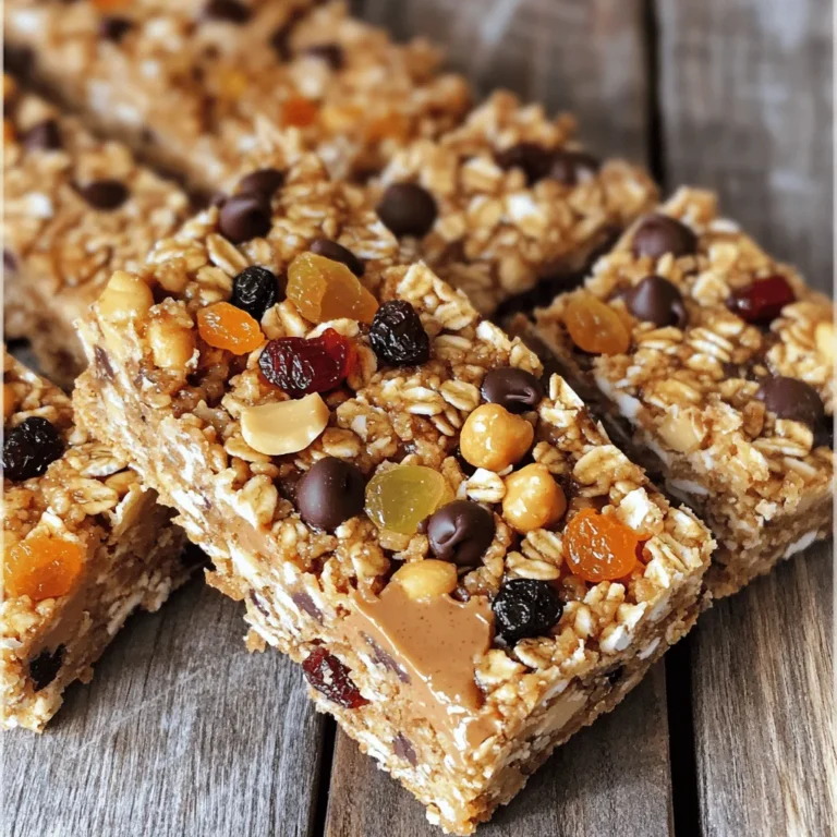 - 1 ½ cups rolled oats - ½ cup natural peanut butter - ¼ cup honey or maple syrup - ½ cup mixed nuts (such as almonds, walnuts, and pecans), finely chopped - ¼ cup mini dark chocolate chips (optional) - ¼ cup dried fruits (like raisins, cranberries, or apricots) - 1 teaspoon pure vanilla extract - ½ teaspoon ground cinnamon - ¼ teaspoon fine sea salt Using these ingredients, you can craft a tasty and healthy snack. The rolled oats form the base. They provide fiber, which helps with digestion. Natural peanut butter adds protein and healthy fats. Honey or maple syrup gives a natural sweetness. Mixed nuts add crunch and extra vitamins. You can choose your favorite nuts to keep it fun. Mini dark chocolate chips are a nice touch, but they are optional. Dried fruits give a burst of flavor and nutrients. Rolled oats offer many health benefits. They are high in fiber and can lower cholesterol. This helps keep your heart healthy. They also provide energy, making them great for a snack. Natural peanut butter has advantages too. It contains protein, which helps build muscles. It also has healthy fats that keep you full longer. Nuts and dried fruits are important in a balanced diet. Nuts provide good fats, vitamins, and minerals. Dried fruits add natural sweetness and antioxidants. Together, these ingredients make the granola bars a nutritious choice for any time of day. For the full recipe, check out the Nutty Delight Peanut Butter Granola Bars. 1. Preheat your oven to 350°F (175°C). 2. Line an 8x8 inch baking pan with parchment paper. Leave some edges hanging for easy removal. 3. In a large mixing bowl, add: - 1 ½ cups rolled oats - ½ cup mixed nuts, finely chopped - ¼ cup mini dark chocolate chips (optional) - ¼ cup dried fruits (like raisins, cranberries, or apricots) - ½ teaspoon ground cinnamon - ¼ teaspoon fine sea salt 4. Stir the dry ingredients well to mix them evenly. 1. In another bowl, combine: - ½ cup natural peanut butter - ¼ cup honey or maple syrup - 1 teaspoon pure vanilla extract 2. Whisk these wet ingredients until smooth and creamy. 3. Pour this creamy mixture over the dry ingredients. 4. Stir with a spatula until everything is coated well. 1. Transfer the mixture into your prepared baking pan. 2. Press it down firmly to create an even layer. 3. Bake in the preheated oven for 20-25 minutes, until the edges turn golden brown. 4. After baking, let it cool in the pan for about 10 minutes. 5. Lift the granola out using the parchment paper edges. 6. Cool completely on a wire rack for at least 30 minutes before slicing into bars. Now, you have a tasty and healthy snack ready to enjoy! For the complete recipe, refer to the earlier section. To make the best granola bars, focus on texture. You want them chewy but not too soft. If they are too dry, they may crumble. If too wet, they will not hold together. For pressing the mixture in the pan, use a spatula. Press firmly and evenly to create a compact layer. This step helps your bars stay together after baking. If you want to switch from peanut butter, try almond or sunflower seed butter. These options provide a similar taste and texture. For sweetening, maple syrup works well if you do not have honey. Agave syrup is another good choice. Instead of using honey or syrup, you can mash bananas for sweetness and binding. Add a sprinkle of nutmeg or ginger for extra warmth. You can also mix in some chia seeds for a health kick. For fun mix-ins, consider adding coconut flakes or pumpkin seeds. Dried fruits like apricots and figs offer a unique taste and chewiness. Explore the [Full Recipe] for more ideas! {{image_4}} You can have fun with flavors in your granola bars. Here are two tasty ideas: - Chocolate and coconut granola bars: Add 1/4 cup of shredded coconut and swap chocolate chips for cocoa powder. This combination gives a sweet and tropical taste. - Fruit and nut medley granola bars: Mix 1/4 cup of your favorite dried fruits, like apricots or blueberries, with a variety of nuts. This adds a burst of fruity flavor and crunch. Making your bars fit your diet is easy. Here are some options: - Gluten-free options: Use gluten-free oats instead of regular oats. This way, everyone can enjoy them without worry. - Vegan adaptations: Replace honey with maple syrup. This simple swap makes the bars vegan-friendly while keeping them sweet. How you serve these bars can make them even more delightful. Here are some ideas: - Pairing options: Serve your bars with yogurt for a creamy contrast or fresh fruit for a juicy bite. - Creative ways to enjoy granola bars: Crumble the bars over ice cream or mix them into your morning oatmeal. This adds texture and flavor to your meal. For the complete recipe, check out the [Full Recipe]. Enjoy your nutritious snacking! To keep your granola bars fresh, store them in an airtight container. This helps maintain their crunch. You can also wrap them individually in plastic wrap. Label the container with the date you made them. This way, you will know when to eat them. These granola bars last about one week at room temperature. You can store them in the fridge for up to two weeks. Watch for signs of spoilage. If you see any mold or if they smell off, toss them out. Freezing granola bars is simple. Wrap them tightly in plastic wrap and place them in a freezer bag. They can stay frozen for up to three months. When you want to eat one, take it out and let it thaw at room temperature. You can also microwave it for a few seconds to warm it up. Enjoy your healthy treat! To make healthy peanut butter granola bars, follow these key steps: 1. Preheat your oven to 350°F (175°C). 2. Line an 8x8 inch baking pan with parchment paper. 3. In a bowl, mix rolled oats, chopped nuts, chocolate chips, dried fruits, cinnamon, and salt. 4. In another bowl, whisk together peanut butter, honey, and vanilla until smooth. 5. Pour the peanut butter mix over the dry ingredients and stir until coated. 6. Press the mixture into the baking pan evenly. 7. Bake for 20-25 minutes until golden brown. 8. Cool for 10 minutes, then lift out and cool fully before slicing. For the full recipe, check out the Full Recipe section. Yes, you can use different nut butters! Almond butter, cashew butter, or sunflower butter work well. Each adds a unique flavor and nutrition. Just ensure the nut butter you choose is natural and unsweetened. This keeps your granola bars healthy. Granola bars can be healthy for kids! They offer good energy and nutrients. With oats, nuts, and dried fruits, they provide fiber, protein, and vitamins. However, watch for added sugars in store-bought bars. Homemade versions allow you to control the ingredients, making them a smart choice. You can easily customize granola bar ingredients! Here are some tips: - Swap mixed nuts for seeds like pumpkin or sunflower. - Change dried fruits based on your favorite flavors. - Add spices like nutmeg or ginger for extra taste. - Use different sweeteners like agave syrup or brown sugar. Experiment with these options to find your perfect blend! You now have the essentials to make healthy peanut butter granola bars. We covered the key ingredients, their benefits, and easy steps for preparing them. You learned how to tweak the recipe to match your taste and dietary needs. Remember, storing the bars properly keeps them fresh longer. Enjoy experimenting with flavors and share these simple snacks with friends and family. Making these granola bars is fun and rewarding, showing you how delicious health can be.