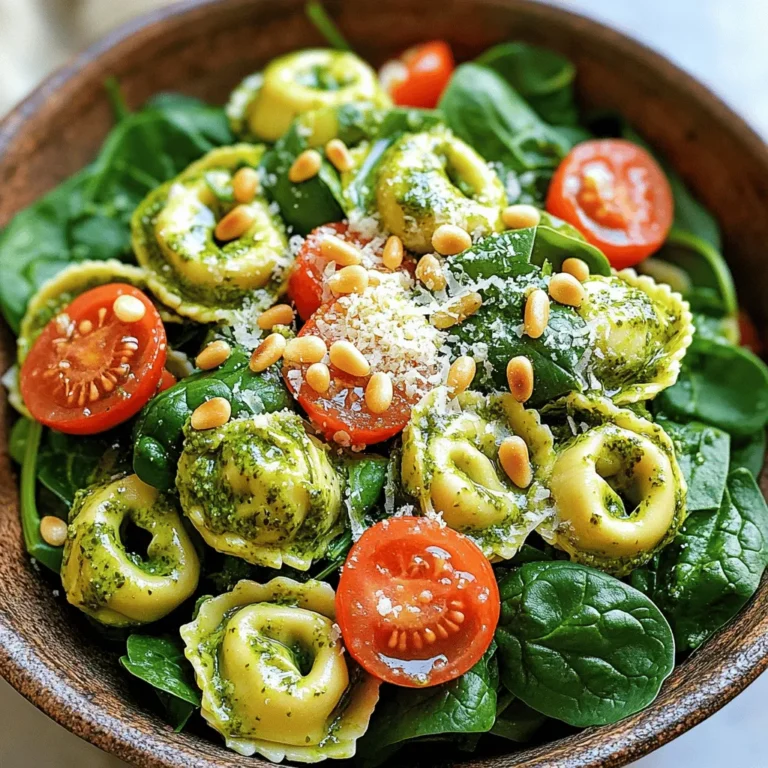 To make a creamy pesto tortellini salad, you need a few simple ingredients. Each one adds flavor and texture. Here’s a detailed list: - 12 oz cheese tortellini - 1 cup cherry tomatoes, halved - 1 cup fresh spinach, roughly chopped - ½ cup pesto (store-bought or homemade) - ½ cup cream cheese, softened to room temperature - ¼ cup grated Parmesan cheese - 2 tablespoons extra virgin olive oil - Salt and freshly ground black pepper to taste - Optional: Pine nuts for garnish (toasted for extra flavor) These ingredients work together to create a fresh and flavorful dish. The cheese tortellini serves as a filling base, while the pesto adds a nice herbal kick. The cherry tomatoes and spinach provide brightness and crunch. Cream cheese makes the salad creamy and rich. Don’t forget the Parmesan and olive oil for added taste. The optional pine nuts can give a delightful crunch. For the full recipe, refer to the cooking instructions below. Enjoy crafting this delightful dish! To make the perfect tortellini, start by boiling water in a pot. Once boiling, add 12 oz of cheese tortellini. Cook until they float to the top, which takes about 5-7 minutes. After cooking, drain the tortellini in a colander. Rinse them gently under cold water to cool them down. This stops the cooking and keeps them firm. Now, let's make the creamy pesto sauce. In a large mixing bowl, combine ½ cup of softened cream cheese and ½ cup of pesto. Use a whisk or fork to mix them together. Keep mixing until the sauce is smooth and creamy. If you find lumps, keep whisking until the mixture is even. Next, it’s time to mix everything together. Carefully add the cooled tortellini to the bowl with the pesto sauce. Use a spatula to fold them in gently. Make sure each piece of tortellini gets coated well. Now, add 1 cup of halved cherry tomatoes and 1 cup of roughly chopped fresh spinach. Fold these in carefully to avoid breaking the tortellini. For the final touch, drizzle 2 tablespoons of extra virgin olive oil over the salad. Season with salt and freshly ground black pepper to taste. Stir everything lightly to combine. Sprinkle ¼ cup of grated Parmesan cheese on top. Give it a gentle fold to mix the cheese in. Now, cover the bowl with plastic wrap. Refrigerate the salad for at least 30 minutes. This chilling time helps the flavors blend. When ready to serve, consider garnishing with toasted pine nuts for extra crunch. For the complete cooking details, refer to the Full Recipe. For the best tortellini, follow the package directions. I usually boil water and add the tortellini. Cook until they float, which takes about 5 to 7 minutes. Once cooked, drain and rinse them under cold water. This stops the cooking and keeps them firm. To blend your sauce, mix cream cheese and pesto in a bowl. Use a whisk or fork to get a smooth texture. Make sure there are no lumps. This step is key for a creamy finish. Serve this salad chilled, but not too cold. Let it sit for a few minutes at room temperature before serving. This helps enhance the flavors. Pair it with a light drink, like lemonade or iced tea. A side of garlic bread or a simple green salad works well too. One common mistake is overcooking the tortellini. This makes them mushy and less enjoyable. Always keep an eye on the clock and follow cooking times closely. Another mistake is unbalanced seasoning. Taste as you go! Adjust with salt and pepper to get the right flavor. A pinch can make a big difference. {{image_4}} You can change the pasta for this creamy pesto tortellini salad. Try using gluten-free pasta if needed. This way, everyone can enjoy it. If you want to swap out spinach, use arugula or kale instead. Both greens add a nice flavor and texture to the dish. To make the salad even tastier, add some vegetables. Bell peppers give a sweet crunch, while avocado adds creaminess. Both are great choices! If you want more protein, think about adding chicken or shrimp. They pair well with the creamy pesto and make the meal heartier. For a vegan or dairy-free option, replace cream cheese with cashew cream or a dairy-free cream cheese. You can also use nutritional yeast for a cheesy flavor. If you prefer a low-carb version, swap tortellini for zucchini noodles or cauliflower. These options keep the dish light while still being delicious. Explore these variations to make your creamy pesto tortellini salad fit your taste and dietary needs! For the complete cooking details, check the Full Recipe. To keep your Creamy Pesto Tortellini Salad fresh, put it in the fridge right away. Use a tight container to seal in the flavors. Glass or plastic containers work well. Make sure to store it within two hours of serving. This step helps prevent food waste and keeps your salad tasty. Can you freeze Creamy Pesto Tortellini Salad? I don't recommend freezing this salad. The creamy texture may change when thawed. If you do freeze it, place it in a freezer-safe container. To serve after freezing, let it thaw in the fridge overnight. After thawing, stir it well to mix the ingredients back together. In the fridge, your salad lasts about 3-4 days. Always check for signs of spoilage. If you see mold or off smells, it's time to toss it. Keep an eye out for changes in texture, too. Fresh ingredients make a big difference in taste, so enjoy your salad while it's at its best. For the full recipe, see the details above. You can store this salad in the fridge for up to three days. Make sure to keep it in an airtight container. This helps keep it fresh and tasty. Yes, you can make this dish ahead of time! Prepare the salad and store it in the fridge. The flavors will blend better if it sits for a few hours before serving. Just mix it well again before you serve. Reheat the salad gently in the microwave. Use a low setting to warm it up. Stir it often to avoid hot spots. You want to keep the creamy texture and flavors intact. For complete cooking details, check out the Creamy Pesto Tortellini Salad recipe. This blog post showed you how to make a tasty Creamy Pesto Tortellini Salad. We covered ingredients, cooking tips, and storage options. With easy steps, you can prepare a fun dish for any meal. Remember to avoid common mistakes, and feel free to get creative with substitutions. Enjoy your fresh salad, and share it with friends or family. Its flavors and colors will impress everyone. Happy cooking!