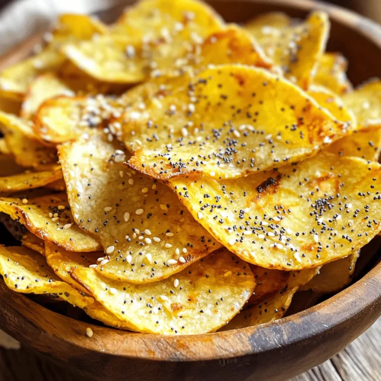 - 1 large everything bagel - 2 tablespoons of high-quality olive oil - 1 teaspoon garlic powder - 1 teaspoon onion powder - 1 teaspoon toasted sesame seeds - 1 teaspoon poppy seeds - 1/2 teaspoon flaky sea salt - Additional seasoning blends - Dipping sauces to pair with chips The main ingredients for my Air Fryer Everything Bagel Chips start with one large everything bagel. This bagel brings all the flavors together in each crunchy bite. The second key ingredient is olive oil, which adds a nice richness to the chips. Next, we have the seasoning ingredients. Garlic powder and onion powder create a savory base. Toasted sesame seeds and poppy seeds add texture and more flavor. Finally, flaky sea salt ties everything together with a touch of brightness. You can also get creative with optional ingredients. Try adding your favorite seasoning blends for a unique twist. Dipping sauces like creamy cheese or tangy hummus pair well, making every bite even better. For the full recipe, check out the detailed instructions that follow! - Slice the everything bagel into 1/4-inch slices. - Prepare the seasoning oil mixture. Start by taking your everything bagel. Use a serrated knife to cut it into thin, even slices. Aim for about 1/4-inch thick. This thickness ensures crispiness. Next, grab a medium bowl. In it, mix 2 tablespoons of olive oil, 1 teaspoon of garlic powder, 1 teaspoon of onion powder, 1 teaspoon of toasted sesame seeds, 1 teaspoon of poppy seeds, and 1/2 teaspoon of flaky sea salt. Whisk until smooth and blended. This mixture makes each chip packed with flavor. - Preheat the air fryer to 350°F (175°C). - Arrange bagel slices in the air fryer basket. Now, preheat your air fryer. Set it to 350°F (175°C) and wait about 3-5 minutes. This step is key for perfect cooking. Once preheated, take your bagel slices. Arrange them in a single layer in the air fryer basket. Be sure they do not overlap. Overlapping can lead to uneven cooking, making some chips soft while others are crunchy. - Air fry for 8-10 minutes, flipping halfway. - Cool on a wire rack for optimal crunch. Air fry the bagel slices for 8-10 minutes. Flip them halfway through to ensure even crispiness. Keep an eye on the chips as they cook. They will turn golden brown and crispy. When they reach your preferred crispiness, use tongs to transfer them to a wire rack. Let them cool for a few minutes. Cooling on the rack helps keep their crunch intact. You might sprinkle some extra flaky sea salt on top if you like. Enjoy this delightful crunch! You can find the full recipe in this article for all the steps. To start, you need the right tools. A serrated knife is best for slicing bagels. It cuts through without squishing them. Aim for even thickness of about 1/4 inch. This helps them cook evenly. If your slices are too thick, they will be chewy, not crispy. When placing bagel slices in the air fryer, avoid overlapping. If they overlap, some chips may remain soft. Lay them flat in a single layer for even cooking. Check for doneness halfway through cooking. Look for a golden color and a crispy texture. If they aren’t ready, air fry for another minute or two. After cooking, you can add more flavor. Sprinkle extra flaky sea salt or your favorite seasoning blend. This adds a nice touch. For dipping, try creamy hummus or a rich cheese dip. These pair well and enhance your snacking experience. For the full recipe, check the section above! {{image_4}} You can spice things up with a kick! Try making spicy everything bagel chips. Just add a sprinkle of cayenne pepper to your oil mix. It gives a bold flavor that pairs well with the crunch. For a cheesy twist, use grated Parmesan. This adds a rich, savory taste. Simply mix it into your seasoning oil before brushing it on the bagel slices. The cheese melts perfectly in the air fryer, creating a crispy topping. Let’s celebrate the seasons! For fall, think pumpkin spice. Add a dash of pumpkin pie spice to your oil. This gives your bagel chips a warm, cozy flavor perfect for chilly days. During the holidays, make festive everything bagel chips. Use herbs like rosemary or thyme in your seasoning. These add a lovely aroma and taste. They make a great addition to your holiday snack table. You can use any type of bagel. Try whole wheat or onion bagels for a unique flavor. Each type gives a different taste and texture to your chips. When serving, think about gatherings. Present your bagel chips in a small bowl. Pair them with dips like hummus or cream cheese. This makes for a fun and tasty snack for everyone to enjoy. For the full recipe, check the details above! To keep your bagel chips fresh, use a few simple methods. First, allow them to cool completely. This step prevents moisture build-up. Next, place them in an airtight container. Glass jars or plastic containers with tight lids work best. You can also use resealable bags for easy access. At room temperature, your bagel chips can last up to a week. Make sure to store them in a cool, dry place. If you place them in the fridge, they can last up to two weeks. For longer storage, freeze them in an airtight bag. They can stay good for up to three months in the freezer. To reheat your bagel chips and restore that crunch, use an air fryer. Set it to 350°F (175°C) and heat for about 3-5 minutes. This method avoids sogginess. If you use a microwave, place them on a plate and heat for short bursts. But be careful; they can become chewy quickly. Enjoy your bagel chips fresh and crisp! Yes, you can use stale bagels. They work great for making chips. Stale bagels are often drier, which means they crisp up nicely. You will get a perfect crunch with less oil. Plus, this method reduces food waste. Just slice them thin, and you’re good to go! If you lack an air fryer, don’t worry! You can bake the bagel chips in the oven. Preheat your oven to 350°F (175°C). Place the seasoned bagel slices on a baking sheet lined with parchment paper. Bake them for about 10-12 minutes. Flip halfway for even cooking. Keep an eye on them to avoid burning. To make these bagel chips healthier, you can cut back on the oil. Use just one tablespoon of olive oil instead of two. You can also try using seasoning blends with no salt. Herbs like dill or thyme add great flavor. Consider air frying at a lower temperature for longer. This keeps the crunch while using less oil. Making tasty everything bagel chips at home is easy. We covered the main ingredients, preparation steps, and cooking tips to guide you. You learned how to add extra flavors and some fun variations. Remember, using stale bagels works well, and there are ways to make these chips healthier. With the right storage, they can stay fresh longer. Enjoy making and sharing your bagel chips!