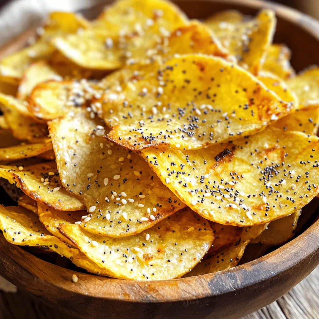 - 1 large everything bagel - 2 tablespoons of high-quality olive oil - 1 teaspoon garlic powder - 1 teaspoon onion powder - 1 teaspoon toasted sesame seeds - 1 teaspoon poppy seeds - 1/2 teaspoon flaky sea salt - Additional seasoning blends - Dipping sauces to pair with chips The main ingredients for my Air Fryer Everything Bagel Chips start with one large everything bagel. This bagel brings all the flavors together in each crunchy bite. The second key ingredient is olive oil, which adds a nice richness to the chips. Next, we have the seasoning ingredients. Garlic powder and onion powder create a savory base. Toasted sesame seeds and poppy seeds add texture and more flavor. Finally, flaky sea salt ties everything together with a touch of brightness. You can also get creative with optional ingredients. Try adding your favorite seasoning blends for a unique twist. Dipping sauces like creamy cheese or tangy hummus pair well, making every bite even better. For the full recipe, check out the detailed instructions that follow! - Slice the everything bagel into 1/4-inch slices. - Prepare the seasoning oil mixture. Start by taking your everything bagel. Use a serrated knife to cut it into thin, even slices. Aim for about 1/4-inch thick. This thickness ensures crispiness. Next, grab a medium bowl. In it, mix 2 tablespoons of olive oil, 1 teaspoon of garlic powder, 1 teaspoon of onion powder, 1 teaspoon of toasted sesame seeds, 1 teaspoon of poppy seeds, and 1/2 teaspoon of flaky sea salt. Whisk until smooth and blended. This mixture makes each chip packed with flavor. - Preheat the air fryer to 350°F (175°C). - Arrange bagel slices in the air fryer basket. Now, preheat your air fryer. Set it to 350°F (175°C) and wait about 3-5 minutes. This step is key for perfect cooking. Once preheated, take your bagel slices. Arrange them in a single layer in the air fryer basket. Be sure they do not overlap. Overlapping can lead to uneven cooking, making some chips soft while others are crunchy. - Air fry for 8-10 minutes, flipping halfway. - Cool on a wire rack for optimal crunch. Air fry the bagel slices for 8-10 minutes. Flip them halfway through to ensure even crispiness. Keep an eye on the chips as they cook. They will turn golden brown and crispy. When they reach your preferred crispiness, use tongs to transfer them to a wire rack. Let them cool for a few minutes. Cooling on the rack helps keep their crunch intact. You might sprinkle some extra flaky sea salt on top if you like. Enjoy this delightful crunch! You can find the full recipe in this article for all the steps. To start, you need the right tools. A serrated knife is best for slicing bagels. It cuts through without squishing them. Aim for even thickness of about 1/4 inch. This helps them cook evenly. If your slices are too thick, they will be chewy, not crispy. When placing bagel slices in the air fryer, avoid overlapping. If they overlap, some chips may remain soft. Lay them flat in a single layer for even cooking. Check for doneness halfway through cooking. Look for a golden color and a crispy texture. If they aren’t ready, air fry for another minute or two. After cooking, you can add more flavor. Sprinkle extra flaky sea salt or your favorite seasoning blend. This adds a nice touch. For dipping, try creamy hummus or a rich cheese dip. These pair well and enhance your snacking experience. For the full recipe, check the section above! {{image_4}} You can spice things up with a kick! Try making spicy everything bagel chips. Just add a sprinkle of cayenne pepper to your oil mix. It gives a bold flavor that pairs well with the crunch. For a cheesy twist, use grated Parmesan. This adds a rich, savory taste. Simply mix it into your seasoning oil before brushing it on the bagel slices. The cheese melts perfectly in the air fryer, creating a crispy topping. Let’s celebrate the seasons! For fall, think pumpkin spice. Add a dash of pumpkin pie spice to your oil. This gives your bagel chips a warm, cozy flavor perfect for chilly days. During the holidays, make festive everything bagel chips. Use herbs like rosemary or thyme in your seasoning. These add a lovely aroma and taste. They make a great addition to your holiday snack table. You can use any type of bagel. Try whole wheat or onion bagels for a unique flavor. Each type gives a different taste and texture to your chips. When serving, think about gatherings. Present your bagel chips in a small bowl. Pair them with dips like hummus or cream cheese. This makes for a fun and tasty snack for everyone to enjoy. For the full recipe, check the details above! To keep your bagel chips fresh, use a few simple methods. First, allow them to cool completely. This step prevents moisture build-up. Next, place them in an airtight container. Glass jars or plastic containers with tight lids work best. You can also use resealable bags for easy access. At room temperature, your bagel chips can last up to a week. Make sure to store them in a cool, dry place. If you place them in the fridge, they can last up to two weeks. For longer storage, freeze them in an airtight bag. They can stay good for up to three months in the freezer. To reheat your bagel chips and restore that crunch, use an air fryer. Set it to 350°F (175°C) and heat for about 3-5 minutes. This method avoids sogginess. If you use a microwave, place them on a plate and heat for short bursts. But be careful; they can become chewy quickly. Enjoy your bagel chips fresh and crisp! Yes, you can use stale bagels. They work great for making chips. Stale bagels are often drier, which means they crisp up nicely. You will get a perfect crunch with less oil. Plus, this method reduces food waste. Just slice them thin, and you’re good to go! If you lack an air fryer, don’t worry! You can bake the bagel chips in the oven. Preheat your oven to 350°F (175°C). Place the seasoned bagel slices on a baking sheet lined with parchment paper. Bake them for about 10-12 minutes. Flip halfway for even cooking. Keep an eye on them to avoid burning. To make these bagel chips healthier, you can cut back on the oil. Use just one tablespoon of olive oil instead of two. You can also try using seasoning blends with no salt. Herbs like dill or thyme add great flavor. Consider air frying at a lower temperature for longer. This keeps the crunch while using less oil. Making tasty everything bagel chips at home is easy. We covered the main ingredients, preparation steps, and cooking tips to guide you. You learned how to add extra flavors and some fun variations. Remember, using stale bagels works well, and there are ways to make these chips healthier. With the right storage, they can stay fresh longer. Enjoy making and sharing your bagel chips!