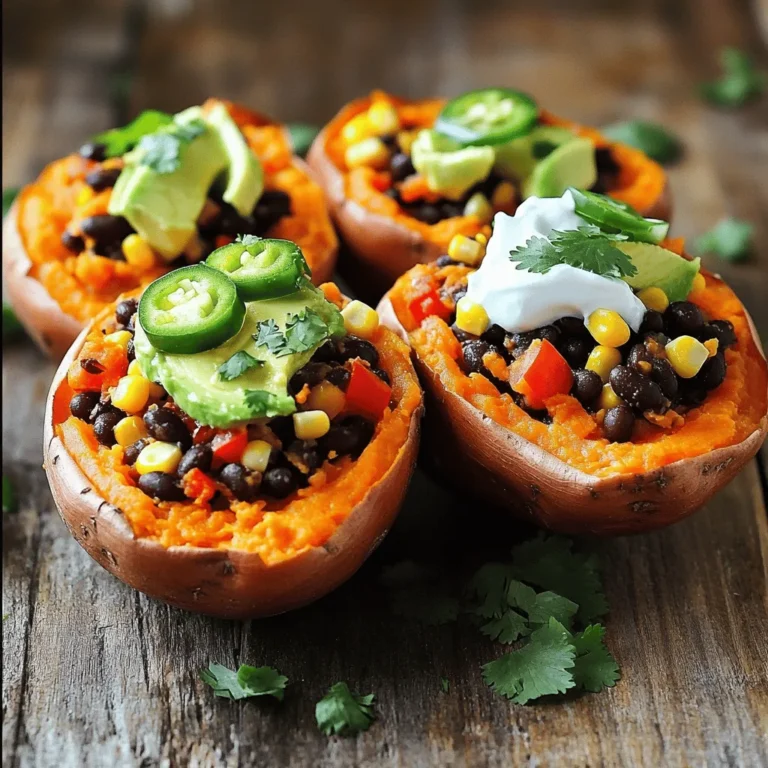 - Sweet potatoes - Black beans - Corn kernels - Red bell pepper - Avocado - Fresh cilantro - Ground cumin - Smoked paprika - Lime juice - Salt and pepper - Greek yogurt or sour cream - Optional: Sliced jalapeños Stuffed sweet potatoes are a colorful dish that packs a punch. These tasty ingredients offer a balance of flavors and nutrients. Sweet potatoes give a natural sweetness. Black beans add protein and fiber. Corn adds a nice crunch. The red bell pepper brings a fresh taste. Avocado adds creaminess, while cilantro offers a bright finish. The spices play a key role too. Ground cumin and smoked paprika give depth. A squeeze of lime juice adds tang. Salt and pepper bring everything together, enhancing each bite. For toppings, Greek yogurt or sour cream gives a creamy touch. If you like heat, sliced jalapeños are a fun option. This dish is not just healthy; it’s vibrant, filling, and satisfying. You can find the Full Recipe for this delightful dish above. 1. First, preheat your oven to 425°F (220°C). This heat helps the sweet potatoes bake nicely. 2. Rinse and scrub the sweet potatoes under cold water. This step makes sure they are clean. 3. Use a fork to pierce each sweet potato several times. This allows steam to escape while baking. 4. Place the sweet potatoes on a baking sheet. Lining it with parchment paper helps with cleanup. 1. In a large bowl, combine your stuffing ingredients. - 1 can of black beans, drained and rinsed - 1 cup of corn kernels - 1 diced red bell pepper - 1 teaspoon of ground cumin - 1 teaspoon of smoked paprika - Juice of 1 fresh lime - Half of the chopped cilantro 2. Season with salt and pepper. Mix everything well until combined. 1. Once the sweet potatoes are done, take them out of the oven. Let them cool for a few minutes. 2. Slice each sweet potato in half lengthwise. Use a fork to fluff the insides gently. 3. Spoon the filling into each half of the sweet potato. Make sure they are well filled. 4. Top each stuffed sweet potato with: - Diced avocado - A dollop of Greek yogurt or sour cream - The remaining cilantro 5. If you want heat, add sliced jalapeños on top. Serve warm and enjoy! This recipe is a great mix of flavors and good for you. Check out the Full Recipe for more details! To make sure your sweet potatoes are just right, you can test for doneness easily. Poke a fork into the skin. If it goes in without much effort, they are ready. This simple trick helps you avoid undercooking or overcooking them. For even baking, arrange the sweet potatoes on a baking sheet without crowding them. Give them space to cook evenly. If you can, turn them halfway through baking. This helps them cook all around. You can spice up your stuffed sweet potatoes with different seasonings. Try adding chili powder for heat or garlic powder for a savory kick. A pinch of cinnamon can also bring out the natural sweetness of the potatoes. Toppings can add layers of flavor. Try crumbled feta cheese, fresh salsa, or even a sprinkle of nuts for crunch. These extras can make each bite exciting and fun. If you're looking for healthier choices instead of Greek yogurt or sour cream, try using avocado or a dollop of hummus. Both options are creamy and delicious. Another way to boost nutrition is by using different beans. Besides black beans, you can use kidney beans, pinto beans, or chickpeas. Each will bring its unique flavor and texture to your dish. For the full recipe, check the link to create your own stuffed sweet potatoes delight! {{image_4}} You can change up the filling for stuffed sweet potatoes. For a hearty vegetarian option, try using quinoa. Quinoa adds protein and texture. It pairs well with spices and veggies. For meat lovers, ground turkey or chicken works great. These meats add richness and flavor. Mix in some herbs for added taste. Sweet potatoes are perfect for sweet toppings, too. You can add honey or maple syrup for a sweet twist. This makes the dish feel like dessert! Nut butter and banana combinations also work well. The creaminess of nut butter with ripe bananas is a treat. It adds healthy fats and natural sweetness. Want to spice things up? Try a Mexican-inspired filling. Add salsa and cheese for a zesty kick. The flavors mix well with sweet potatoes. For a Mediterranean twist, use feta, olives, and herbs. This combination brings a fresh and tangy taste. Enjoy these global flavors in your stuffed sweet potatoes! To store stuffed sweet potatoes, let them cool first. Place them in an airtight container. They stay fresh in the fridge for about 3 to 5 days. Always check for any off smells before eating. If you want to keep them longer, freezing is a great option. To freeze your cooked stuffed sweet potatoes, first cool them completely. Wrap each half tightly in plastic wrap. Place them in a freezer-safe bag or container. They can last up to 3 months in the freezer. When you're ready to eat, thaw them overnight in the fridge. You can reheat stuffed sweet potatoes in the oven or microwave. For the oven, preheat it to 350°F (175°C). Place them in for about 15-20 minutes. This keeps them crispy. For the microwave, heat on high for about 3-5 minutes. The microwave is faster but may make them a bit soft. Enjoy your stuffed sweet potatoes warm for the best taste! Yes, you can use other potatoes. While sweet potatoes are sweet and creamy, you might try russet or Yukon gold. These potatoes will bake well and hold fillings. If you choose to use regular potatoes, adjust cooking time. They may take longer to soften. You can also use small potatoes for bite-sized servings. Just make sure to poke holes in them to let steam escape. Making this recipe vegan is easy! Swap Greek yogurt or sour cream for avocado or vegan yogurt. Use vegetable broth instead of any chicken broth if you add liquid. Most canned beans are vegan, so you can keep those. You can also enhance flavor with nutritional yeast or extra spices. Simply adjust toppings to fit your diet. Stuffed sweet potatoes go well with a fresh salad or steamed veggies. A bright green salad with lemon dressing adds crunch. Grilled asparagus or roasted broccoli complements the dish, too. If you want something hearty, serve with quinoa or rice. Each side will create a balanced plate. You can find the full recipe for Stuffed Sweet Potatoes Delight [here](#). Enjoy making this tasty dish! Stuffed sweet potatoes are tasty, healthy, and easy to make. We discussed the ingredients, spices, and toppings that give them flavor. You learned how to prep, fill, and bake them perfectly. Use my tips to improve your dish further or explore fun variations. Whether you choose classic flavors or try something new, these sweet potatoes will impress everyone. Enjoy your cooking adventure and make every bite count!