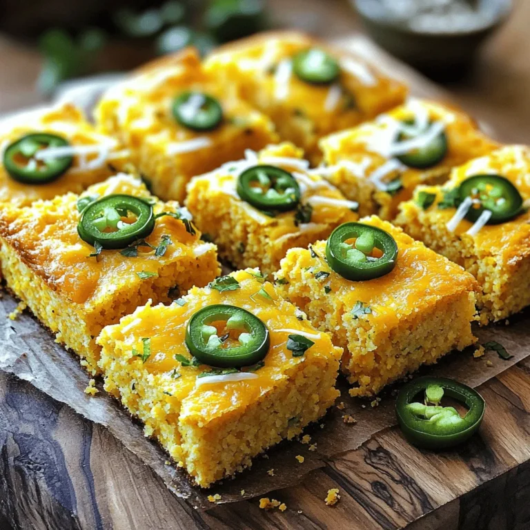 - 1 cup cornmeal - 1 cup all-purpose flour - 1 tablespoon baking powder - 1/2 teaspoon salt - 1/4 teaspoon cayenne pepper - 1 cup buttermilk - 1/2 cup unsalted butter - 2 large eggs - 1 cup shredded sharp cheddar cheese - 1/2 cup diced fresh jalapenos - 1/4 cup honey (optional) When it comes to making Cheesy Jalapeno Cornbread, the ingredients matter. Each one plays a key role in creating the best flavor and texture. The cornmeal gives it a nice crunch, while the flour adds softness. The baking powder ensures your cornbread rises well. Salt and cayenne pepper bring depth to the taste, making it savory with a small kick of heat. Buttermilk adds a rich creaminess. If you don't have buttermilk, you can mix regular milk with a splash of vinegar. Unsalted butter gives the cornbread a nice buttery flavor when melted. The eggs bind everything together, making it fluffy. The star of the dish is the sharp cheddar cheese. Its bold taste pairs well with the spice of fresh jalapenos. If you want less heat, remove the seeds from the jalapenos before adding them. Honey is optional, but it adds a hint of sweetness, making the cornbread even more delightful. - Alternative for buttermilk: Use milk mixed with a splash of vinegar or lemon juice. - Gluten-free options for flour: Try a gluten-free all-purpose blend. - Different types of cheese: You can swap sharp cheddar for Monterey Jack or pepper jack for added spice. These substitutions let you customize your cornbread. Whether you are gluten-sensitive or just want a different flavor, there are options available. You can still enjoy the cheesy goodness with your favorite twists! If you're ready to start, check out the Full Recipe for all the steps and tips. 1. Preheat your oven to 400°F (200°C). This step is key for great cornbread. 2. Grab an 8-inch baking dish and grease it with butter or non-stick spray. This helps with easy removal later. 3. In a large bowl, mix together the dry ingredients: cornmeal, flour, baking powder, salt, and cayenne pepper. Use a whisk to blend well. Aim for no lumps in your mix. 1. In a separate bowl, whisk the wet ingredients: buttermilk, melted butter, and eggs. Make sure everything is well combined. 2. If you like a touch of sweetness, add the honey now. 3. Gradually pour the wet mixture into the dry mix. Stir with a spatula until just combined. The batter should be slightly lumpy, so don't overmix! 4. Now, carefully fold in the shredded sharp cheddar cheese and diced jalapenos. Make sure they're evenly spread without overworking the batter. 1. Transfer the batter to the greased baking dish. Spread it out evenly using a spatula. 2. Place the dish in the oven and bake for 20-25 minutes. Look for a golden-brown top. 3. To test for doneness, insert a toothpick into the center. It should come out clean. 4. Once done, remove from the oven and let it cool for about 5 minutes. Then, slice your cornbread into squares. For the full recipe, check out the earlier sections. Enjoy your cheesy jalapeno cornbread, warm and delightful! To get the best texture for your cornbread, focus on mixing. Always combine dry ingredients first. This helps avoid lumps. When you mix the wet ingredients, whisk them well. Then, gently blend the wet and dry mixes. Do not overmix; a few lumps are okay. This keeps the cornbread light and fluffy. Watch out for common mistakes. One mistake is using cold eggs or milk. Always use room temperature for better mixing. Another issue is baking time. Keep an eye on your cornbread as it bakes. If you bake it too long, it can dry out. If it’s undercooked, it will be gooey. Cornbread pairs well with many sides. Try serving it with chili or a hearty stew. It also goes great with BBQ dishes. For a fresh twist, enjoy it with a light salad. For dips and spreads, honey butter is a must. Mix softened butter with honey for a sweet treat. You can also use sour cream or even guacamole. These add a creamy touch that enhances the flavor. For more detailed steps, check out the Full Recipe. Enjoy your cooking! {{image_4}} To make your cheesy jalapeno cornbread even better, you can change up the flavors. - Adding different types of peppers: You can try using poblano or serrano peppers. Each pepper brings a unique taste. If you like it hot, go for more jalapenos. If you want a mild kick, use sweet bell peppers. - Incorporating herbs and spices: Herbs like cilantro or chives add freshness. You can also mix in spices like smoked paprika or garlic powder. These can give the cornbread a deeper flavor. You can tweak the recipe to fit special diets. - Vegan versions of cornbread: Replace the eggs with flaxseed meal or applesauce. Use plant-based milk for buttermilk. This keeps it tasty and suitable for vegans. - Low-carb alternatives: For a low-carb version, swap out regular flour for almond or coconut flour. This change lowers the carbs while keeping the cornbread soft and flavorful. For the full recipe, check out the detailed steps above. To keep your cheesy jalapeno cornbread fresh, store it properly. First, let the cornbread cool completely. Once cool, wrap it in plastic wrap or foil. This keeps it moist and prevents it from drying out. Place it in an airtight container before refrigerating. It will stay fresh for about 3 to 4 days in the fridge. For longer storage, you can freeze the cornbread. Cut it into squares for easy access. Wrap each piece in plastic wrap, then place them in a freezer-safe bag. This method helps avoid freezer burn. It can last up to 3 months in the freezer. Remember to label your bags with the date. When it’s time to enjoy your cornbread again, reheating it properly is key. One great method is to use an oven. Preheat your oven to 350°F (175°C). Place the cornbread on a baking sheet and cover it with foil. This keeps the moisture inside. Heat for about 10 to 15 minutes, or until warm. You can also use a microwave for quick reheating. Place a slice on a microwave-safe plate. Cover it with a damp paper towel to maintain moisture. Heat for 15 to 30 seconds, checking often to avoid drying it out. Keeping cornbread moist is important for the best taste. With these methods, your cheesy jalapeno cornbread will taste just as good as when you first baked it. You can find the Full Recipe for more tips on making this dish. Can I make this cornbread in advance? Yes, you can make this cornbread ahead of time. Bake it and let it cool. Store it in an airtight container at room temperature for up to two days. If you need to keep it longer, freeze it. Wrap it well in plastic wrap, then place it in a freezer bag. Thaw it overnight before serving. What can I do if the cornbread is too dry? If your cornbread turns out dry, don't worry. You can fix it! Try adding a splash of milk or buttermilk to it. Heat it in the oven wrapped in foil to help it steam a bit. A slice of butter on top can also add moisture. Caloric content per serving Each serving of cheesy jalapeno cornbread has about 200 calories. This may vary slightly depending on ingredients and portion size. Breakdown of key nutrients - Carbohydrates: 30g - Protein: 5g - Fat: 9g - Fiber: 2g - Sugar: 2g What beverages pair well with cornbread? Cornbread pairs well with many drinks. Try it with sweet tea or lemonade for a refreshing touch. If you prefer alcohol, a light beer or a crisp white wine can enhance the flavors. How to incorporate cornbread into meals? You can serve cornbread as a side dish. It goes great with chili, soups, or barbecued meats. You can also crumble it into salads for an added crunch. Don't forget to try it with honey butter for a sweet twist! For the full recipe, check out the instructions above. This blog post covers how to make cheesy jalapeno cornbread. You learn about key ingredients, step-by-step instructions, and tips for perfect results. We also discuss ways to change up the recipe for dietary needs. Remember, serve it warm and enjoy with your favorite sides. This cornbread can bring flavor to any meal. Keep experimenting with ingredients to find your ideal blend. Happy baking!