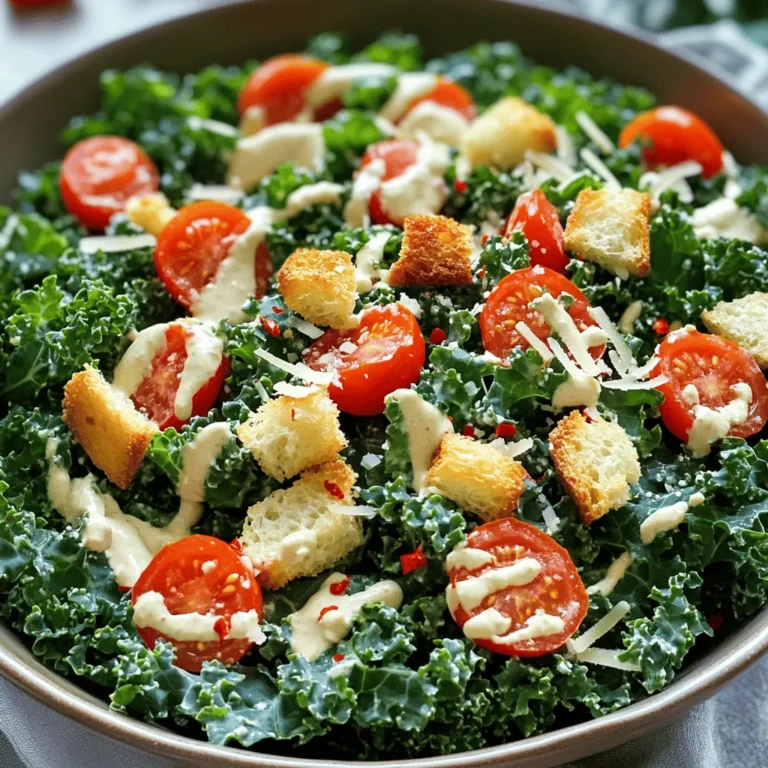 - 4 cups fresh kale, chopped - 1/2 cup cherry tomatoes, halved - Optional: A pinch of red pepper flakes - 1/4 cup grated Parmesan cheese (or a vegan alternative) - 1/2 cup croutons (homemade or store-bought) - 1/4 cup creamy tahini - 2 tablespoons freshly squeezed lemon juice - 1 clove garlic, finely minced - 1 teaspoon Dijon mustard - 1 tablespoon extra-virgin olive oil - Salt and freshly ground black pepper to taste I love using fresh kale for this salad. It has a great crunch and a rich flavor. Make sure to chop the kale into small pieces. This helps the dressing stick better. I often remove the tough stems. They can be bitter and tough. Cherry tomatoes add sweetness and color to the dish. You can leave them whole or cut them in half. I prefer halving them for a burst of flavor. The optional red pepper flakes can give a nice kick. Use just a pinch if you want some heat. Now, let’s talk about the pantry items. Grated Parmesan cheese gives a salty, nutty flavor. If you want a vegan salad, use a vegan cheese. Croutons add a crispy bite. You can buy them or make your own. The dressing is where the magic happens! Creamy tahini is the base. It’s rich and smooth. Lemon juice adds brightness. Minced garlic gives a bold taste. Dijon mustard adds tang. Extra-virgin olive oil is a must for smoothness. Lastly, season with salt and pepper. This will make all the flavors pop. For the full recipe, check out Crispy Kale Caesar Salad Delight. It’s a fun way to enjoy this fresh and flavorful dish! - Rinse the kale leaves under cold water. - Remove the tough stems with your hands. - Chop the leaves into bite-sized pieces. Make sure they are all about the same size. - In a bowl, combine tahini, lemon juice, minced garlic, Dijon mustard, olive oil, salt, and pepper. - Whisk these ingredients until the mixture is smooth. - If it seems thick, add a splash of cold water or more lemon juice to thin it. - In a large bowl, add the chopped kale and halved cherry tomatoes. - Pour the dressing over the greens. Use your hands to massage the kale for 2-3 minutes. This helps the flavor soak in. - Add croutons and grated Parmesan cheese. Toss everything gently to mix well. For the complete recipe, check out the Full Recipe section. Enjoy every bite of this fresh and flavorful dish! Massaging kale is key for flavor. It helps break down tough fibers. This step makes the kale softer and more tasty. You should massage the kale for about 2-3 minutes. Use your hands to gently squeeze and rub the leaves. This process allows the dressing to soak in better. You will notice a big difference in taste! You can change the dressing thickness easily. If your dressing is too thick, add a little cold water. You can also use more lemon juice to thin it out. If you don’t have tahini, try using yogurt or cashew cream. Both options will give you a nice, creamy texture. To make the salad look great, use a large, shallow bowl. This allows all the colors to shine. Garnish with extra Parmesan cheese on top. A sprinkle of red pepper flakes adds a nice pop of color. It also gives a hint of spice. A beautiful presentation makes the salad even more inviting! For the full recipe, check out the guidelines above. {{image_4}} You can boost the protein in your Chopped Kale Caesar Salad. Adding grilled chicken gives a nice flavor. You can also toss in chickpeas for a great plant-based option. Tempeh is another fantastic choice. It adds a hearty texture and pairs well with the dressing. These options make the salad more filling and satisfying. To add more flavor, consider including roasted garlic. It gives a rich, sweet taste. Sun-dried tomatoes also bring a burst of flavor and a chewy texture. These additions create a deeper taste profile. Experimenting with herbs like basil or oregano can elevate the dish. It’s all about your personal taste! Adding seasonal veggies makes your salad fresh and colorful. Try diced bell peppers for crunch and sweetness. Grated carrots add a lovely color and a hint of earthiness. You can also use artichoke hearts during spring. In summer, fresh corn or zucchini can add a fun twist. Tailoring your salad to the season keeps things exciting. To keep your chopped kale Caesar salad fresh, store it in an airtight container. This prevents air from making the greens wilt. I recommend using glass containers because they do not retain smells. If you use plastic, ensure it is BPA-free. Always store the salad in the fridge for best results. You typically do not reheat this salad, as it tastes best cold. However, if you have leftover dressing, you can warm it gently. Use a small pan over low heat to avoid cooking it. If you have leftover kale, it can be sautéed with a bit of olive oil. This adds a nice flavor, but be careful not to overcook it. When stored properly in the fridge, your salad should last about 3 days. Look for signs of spoilage like brown edges on the kale. If the tomatoes start to get mushy, it’s time to toss the salad. Remember, freshness is key for the best taste! For more details, check the Full Recipe. To make this salad vegan, swap out the cheese and dressing. For cheese, use a plant-based option like nutritional yeast or a vegan Parmesan. For the dressing, replace tahini with a cashew cream or a store-bought vegan Caesar dressing. These changes keep the flavors rich and satisfying without any animal products. Yes, you can prep this salad ahead of time! To do this, chop the kale and store it in the fridge in an airtight container. You can make the dressing and keep it separate. Mix the salad just before serving, adding the tomatoes, cheese, and croutons last. This way, everything stays fresh and crunchy. If you want to try different greens, consider using romaine or spinach. Both will add a nice crunch and flavor. You can also mix in arugula for a peppery taste or Swiss chard for a unique twist. Each green gives the salad a new texture and flavor, making it fun to experiment. This blog post outlined a fresh and tasty chopped kale Caesar salad recipe. We explored key ingredients like kale, cherry tomatoes, and a creamy tahini dressing. I shared simple steps for preparation, storage tips, and tasty variations to make this dish your own. Whether you want to add protein or seasonal veggies, there are endless ways to customize. Enjoy crafting your salad, and remember, fresh and vibrant ingredients make all the difference. A well-prepared salad can elevate any meal!