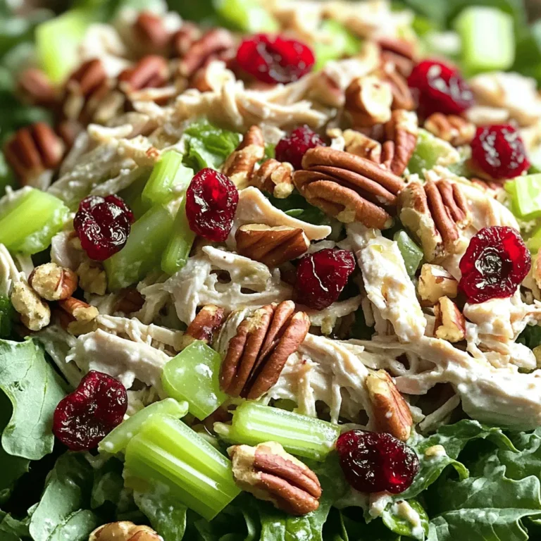 - 2 cups cooked chicken, shredded or diced - 1 cup celery, finely diced - 1/2 cup dried cranberries - 1/2 cup pecans, coarsely chopped The main ingredients create a tasty mix. Shredded chicken adds protein. Celery brings a nice crunch. Dried cranberries give a sweet touch. Pecans add a nutty flavor that complements the salad. - 1/2 cup Greek yogurt or mayonnaise - 1 tablespoon Dijon mustard - 1 tablespoon apple cider vinegar - 1 teaspoon honey - 1/4 teaspoon garlic powder The dressing makes this salad shine. Greek yogurt or mayonnaise gives creaminess. Dijon mustard adds a tangy kick. Apple cider vinegar brings brightness. Honey balances flavors with sweetness. Garlic powder enhances taste without being overpowering. - Salt and freshly ground black pepper to taste - Fresh mixed greens for serving Seasoning is key for flavor. Use salt and pepper according to your taste. Serving on fresh mixed greens makes the dish light and fresh. You can also serve it in wraps or sandwiches. I love to keep things simple yet delicious. For the full recipe, check out the details above. Start by gathering your ingredients. In a spacious mixing bowl, combine the cooked chicken, finely diced celery, dried cranberries, and coarsely chopped pecans. This gives the salad a great mix of textures. Gently mix these ingredients together. You want everything to blend nicely without crushing the pecans or cranberries. Next, grab a smaller bowl for the dressing. Whisk together the Greek yogurt, Dijon mustard, apple cider vinegar, honey, and garlic powder. This step is crucial for getting a smooth texture. Keep whisking until it looks creamy and well blended. Taste it to ensure it has the right balance. If it needs more flavor, add a pinch of salt or pepper. Now it's time to combine the salad mixture with the dressing. Drizzle the creamy dressing over the chicken salad mixture. Use a spatula or wooden spoon to toss everything together. Make sure every piece is coated in that delicious dressing. After mixing, cover the bowl with plastic wrap or transfer it to an airtight container. Refrigerate it for at least 30 minutes. This chill time helps the flavors meld together beautifully. For a tasty twist, you can serve this on fresh mixed greens, in wraps, or even as a sandwich filling. Enjoy! If you're looking for the complete recipe, check the Full Recipe. If you want to change things up, you have options. You can swap Greek yogurt for sour cream or cottage cheese. Both will add creaminess. If you prefer mayonnaise, try avocado instead. It gives a nice flavor and healthy fats. For nuts, pecans are great, but walnuts or almonds work too. They add crunch and taste. If you want a nut-free version, use sunflower seeds or pumpkin seeds. These will still give you that satisfying bite. Balancing sweetness and saltiness is key. If your salad is too sweet, add a little salt. This can help the flavors pop. If it’s too salty, a drizzle of honey or some cranberries can help. You can also add toppings to enhance the flavor. Chopped green onions or fresh herbs can brighten the dish. Crumbled feta cheese adds a tangy twist. For more texture, sprinkle some crispy bacon bits on top. There are many fun ways to serve this salad. You can place it over a bed of fresh greens. Spinach or arugula make great choices. If you want something different, use it as a filling for wraps or sandwiches. It’s perfect for lunch on the go. For a complete meal, serve it with a side of whole grain crackers or a light soup. Pairing it with a crisp white wine can elevate the dining experience. For the full recipe, check out the instructions above. {{image_4}} You can make this salad lighter. Use Greek yogurt instead of mayonnaise. It cuts calories but keeps creaminess. Greek yogurt adds protein too. You can also add more veggies. Try carrots, bell peppers, or spinach. These will boost nutrition and add color. If you want a change, swap chicken for turkey or tofu. Tofu gives a nice texture and is great for vegetarians. Turkey has a similar flavor and is leaner too. Both options keep the salad tasty and filling. You can change this salad with seasonal ingredients. In summer, add fresh berries or peaches. These fruits will add sweetness and freshness. For winter, try apples or pears. Fresh herbs like mint or basil can also brighten up the dish. This way, you keep the recipe fun and exciting all year round. For the full recipe, check out the detailed steps to make this flavorful dish. To keep your cranberry pecan chicken salad fresh, store it in the fridge. Use an airtight container. This helps keep the salad crisp and tasty. Make sure to cover the salad tightly. If you use plastic wrap, press it down to remove air gaps. This keeps moisture in and makes the salad last longer. You can freeze portions of the salad too. Place it in freezer-safe containers. Leave some space at the top for expansion. When you want to eat it, thaw in the fridge overnight. Avoid using the microwave, as it can change the texture. Once thawed, mix it well before serving to revive the flavors. In the fridge, your salad will last for about 3 to 4 days. Check for signs that it has gone bad. If it smells sour or looks slimy, it’s time to toss it out. Always trust your senses. Keeping track of the date you made it can help you enjoy it at its best. To make this salad lighter, swap Greek yogurt for full-fat mayonnaise. You can also use less honey. Add more veggies like bell peppers or carrots to boost fiber. A mix of greens also adds nutrients. Try using less salt or use herbs for flavor. Yes, you can prepare this salad a day in advance. Store it in an airtight container in the fridge. It will stay fresh and tasty for up to three days. This makes it great for meal prep. Just add the dressing right before serving to keep it crisp. This salad pairs well with whole grain bread or crackers. You can also enjoy it with a side of fresh fruit. A light soup or a green salad complements it nicely too. For a hearty meal, serve it with quinoa or brown rice. Cranberry Pecan Chicken Salad is a tasty choice that's easy to make. We went through the ingredients, dressing, and mixing steps. You learned tips for flavor and storage. Remember, you can make it healthier or swap proteins based on your needs. This flexible dish suits any season and can be a great meal prep option. Enjoy making your own version, and share it with friends!