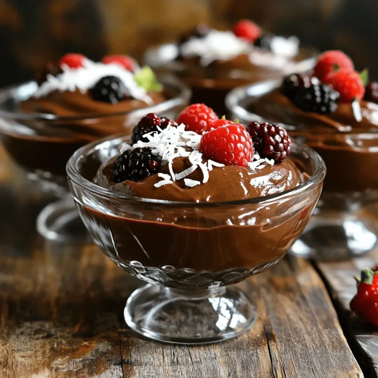 To create a rich and creamy vegan chocolate avocado mousse, gather these key ingredients: - 2 ripe avocados - 1/3 cup unsweetened cocoa powder - 1/4 cup maple syrup (adjust to your preferred sweetness) - 1/4 cup almond milk (or any plant-based milk of your choice) - 1 teaspoon pure vanilla extract - A pinch of fine sea salt - Optional toppings: shredded coconut, fresh berries, or chopped nuts These ingredients work together to create a smooth and delightful mousse that is both healthy and delicious. If you don’t have some ingredients, here are easy swaps: - Use ripe bananas instead of avocados for a different texture and flavor. - Swap maple syrup for agave nectar or date syrup for sweetness. - Choose coconut milk instead of almond milk for a richer taste. - For a nut-free option, use oat milk or soy milk in place of almond milk. These substitutions keep the mousse vegan while allowing you to adjust flavors to your liking. One serving of this vegan mousse (from the full recipe) offers: - Calories: Approximately 220 - Total Fat: 15g - Saturated Fat: 2g - Carbohydrates: 24g - Fiber: 8g - Sugar: 6g - Protein: 3g This dessert is packed with nutrients from avocados, making it a guilt-free treat. Start by choosing ripe avocados. They should feel soft when you gently squeeze them. Slice each avocado in half and remove the pit. Use a spoon to scoop out the creamy green flesh. Place the avocado flesh in a food processor or high-speed blender. This is the base of your mousse. Next, add the unsweetened cocoa powder, maple syrup, almond milk, vanilla extract, and a pinch of sea salt. These ingredients will create a rich chocolate flavor. Blend on high speed until the mixture is smooth and creamy. Stop to scrape down the sides as needed. Taste the mousse for sweetness. If you want it sweeter, add more maple syrup and blend again. Once the mousse is ready, spoon it into bowls or clear glasses. This helps show off the rich color. Cover with plastic wrap or place in an airtight container. Refrigerate for at least 30 minutes for the best texture. Before serving, add toppings like shredded coconut, fresh berries, or chopped nuts. For a beautiful look, layer the mousse and arrange toppings artfully. Enjoy your Vegan Chocolate Avocado Mousse! For the complete recipe, check the Full Recipe section. To get that silky smooth texture, you need ripe avocados. They should yield slightly when you press them. If your avocados are too firm, your mousse may end up chunky. When blending, mix on high speed until everything is creamy. Stop to scrape down the sides of the blender as needed. This ensures all the ingredients blend well together. A smooth mousse feels light and airy, which is what we want. Taste your mousse before serving. If it’s not sweet enough, add more maple syrup. Do this slowly, mixing after each addition. You can also enhance the flavor with a touch of espresso powder or a splash of almond extract. This adds depth to the chocolate flavor. If you enjoy a hint of spice, a pinch of cayenne pepper can bring an exciting kick. One common mistake is using unripe avocados. They will not blend well and can spoil your mousse. Another mistake is adding too much liquid too quickly. Start with the almond milk in small amounts, as you can always add more. Lastly, don’t skip the refrigeration step. Chilling the mousse helps it set and enhances the flavors. For the full recipe, be sure to check the earlier sections! {{image_4}} For a twist on the classic mousse, try adding flavors. Mint gives a fresh taste. Just add a few drops of mint extract to the mix. Espresso adds a rich depth. Simply blend in a tablespoon of instant espresso for a coffee kick. Other options include orange zest for a citrus touch or chili powder for a spicy hint. These small additions can change the whole dessert. Toppings make your mousse even better! Fresh berries like raspberries or strawberries add color and flavor. They contrast nicely with the rich chocolate. Chopped nuts, such as almonds or walnuts, provide a crunchy texture. Shredded coconut offers a tropical vibe. You can mix and match these toppings for a unique look and taste. Need to make this mousse fit your diet? You can easily swap ingredients. For a nut-free option, use oat milk instead of almond milk. If you want it sugar-free, replace maple syrup with a sugar-free sweetener. Check labels to ensure they fit your needs. This mousse can be made for many diets while still tasting amazing. For the full recipe, be sure to check the details provided. To keep your vegan chocolate avocado mousse fresh, use an airtight container. This helps prevent air from drying it out. If you cover the mousse with plastic wrap, make sure it touches the surface. This method stops the mousse from forming a crust. When stored properly, the mousse can last for about 3 to 5 days in the fridge. However, I recommend enjoying it within the first three days for the best flavor and texture. Always check for any changes in smell or color before eating. You can freeze the mousse if you want to save some for later. Just scoop the mousse into a freezer-safe container. It can last for up to 2 months in the freezer. When you're ready to eat it, move the mousse to the fridge overnight to thaw. Stir it well before serving, as it may change in texture. Enjoy your rich and creamy delight! For the complete recipe, check the Full Recipe section. Yes, you can make this mousse ahead of time. I often prepare it the night before. Once blended, store it in airtight containers in the fridge. This gives the flavors time to blend and improve. Just remember to keep it covered to prevent browning. Using frozen avocados works well. Just thaw them before blending. Make sure they are ripe for the best taste. This option is great if you have ripe avocados that you can’t use right away. It also adds a nice chill to the mousse. Vegan chocolate avocado mousse is lighter than traditional mousse. It has healthy fats from avocados. This mousse is also dairy-free and lower in sugar. The cocoa adds antioxidants, making it a smart choice. You can enjoy a rich dessert without the guilt. For a complete look at the recipe, check out the [Full Recipe]. This blog post explored essential ingredients and step-by-step instructions for making avocado mousse. You learned about substitutions, nutritional info, and tips to perfect texture and flavor. We discussed variations and how to store your mousse for later. Making this healthy dessert is easy and fun! Remember to experiment with flavors and toppings. Enjoy your creamy treat and impress your friends with your skills.