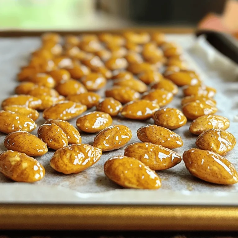 - 2 cups raw almonds - 1 cup granulated sugar - 1/2 cup water - 1 tablespoon pumpkin spice mix - 1/2 teaspoon fine sea salt - 1 teaspoon pure vanilla extract - 1 tablespoon vegetable oil When making Pumpkin Spice Candied Almonds, each ingredient plays a key role. The raw almonds provide a crunchy base and healthy fats. Granulated sugar adds sweetness and helps create the candy coating. Water helps dissolve the sugar, forming a smooth syrup. The pumpkin spice mix brings that cozy fall flavor we all love. Fine sea salt balances the sweetness. Pure vanilla extract adds depth to the flavor. Finally, vegetable oil prevents the almonds from sticking together. - Alternative Nut Options: You can swap almonds for pecans or walnuts if you prefer. Each nut gives a unique taste and texture. - Sugar Substitutes: For a healthier option, use coconut sugar or a sugar alternative like stevia. Adjust the amount based on sweetness. - Homemade Pumpkin Spice Blend: If you lack pumpkin spice mix, you can make your own. Combine 1 teaspoon ground cinnamon, 1 teaspoon ground nutmeg, 1/2 teaspoon ground ginger, and 1/4 teaspoon ground cloves. This mix can bring fresh flavors to your almonds. For the full recipe and to make these tasty treats, refer to the complete directions above. Preheating the Oven First, preheat your oven to 350°F (175°C). This step is key to ensure even baking. A hot oven helps the almonds become golden and crisp. Preparing the Baking Sheet Next, line a baking sheet with parchment paper. This will keep the almonds from sticking. It makes cleanup easy and keeps your almonds intact. Creating the Syrup In a large saucepan, mix 1 cup of granulated sugar with 1/2 cup of water over medium heat. Stir gently until the sugar dissolves. This will create a smooth syrup. Coating the Almonds Now, add 1 tablespoon of pumpkin spice mix, 1/2 teaspoon of fine sea salt, and 1 teaspoon of pure vanilla extract to the syrup. Mix well to blend the flavors. Gradually stir in 2 cups of raw almonds. Make sure each almond gets a nice coating of syrup. Baking and Cooling Process Keep cooking the mixture for about 5-7 minutes. Stir constantly until the syrup thickens and coats the almonds. Remove the pan from heat and stir in 1 tablespoon of vegetable oil. This helps the almonds not stick together. Quickly spread the almonds on the prepared baking sheet in a single layer. Bake for 10-15 minutes, stirring halfway through. Once golden brown, take them out and let them cool completely on the baking sheet. They will become crisp as they cool. After cooling, break apart any clusters and store them in an airtight container. Follow the [Full Recipe] for more details and tips! To get a nice coating on your almonds, stir them well. Mix the almonds in the syrup until they look shiny and sticky. This way, every almond gets its share of flavor. Use a spatula to lift them and make sure they are all coated evenly. If you see some dry spots, keep stirring! Clumping can happen easily with candied almonds. After adding the vegetable oil, spread the almonds out on the baking sheet. Use a spatula to separate them right away. This will help them bake without sticking together. Keep an eye on them while baking, too. A gentle stir halfway through keeps them from clumping up. Want a bolder taste? Feel free to mix in more spices. A pinch of cinnamon or nutmeg can add depth. You can also try cardamom or allspice for new layers of flavor. Just remember to adjust the amount to your taste. A little goes a long way! Flavored extracts can make your almonds pop. Instead of plain vanilla, try almond or maple extract. They bring a unique twist to the taste. Add a few drops when mixing the syrup to give it a special touch. This simple change can elevate your pumpkin spice candied almonds. For the full recipe, check out the detailed steps above! {{image_4}} You can change the classic pumpkin spice flavor in many fun ways. One option is to make chocolate-covered pumpkin spice almonds. Simply melt dark or milk chocolate, then dip your finished almonds into it. Let them cool on parchment paper. This mix of sweet and warm spices makes for a delightful treat. Another tasty choice is spicy maple candied almonds. Replace the pumpkin spice mix with a blend of cayenne pepper and cinnamon. Add maple syrup instead of granulated sugar. This option gives a sweet and spicy twist that is perfect for fall. Adding dried fruits can elevate your pumpkin spice almonds. Try mixing in dried cranberries or raisins after baking. This adds a chewy texture and a burst of sweetness. You can also use chopped dried apples for a true autumn feel. Another great idea is adding sea salt for contrast. Just sprinkle a little fine sea salt over the hot almonds right after baking. The salt balances the sweetness and enhances the overall flavor. This simple addition makes your snack even more enjoyable. For the full recipe, you can refer to the details above. To keep your pumpkin spice candied almonds fresh, use an airtight container. Glass jars or plastic containers work well. Make sure they seal tightly to keep out air and moisture. Store them in a cool, dry place. This helps maintain their crunchy texture and flavor. - Shelf Life Information These almonds can last up to two weeks when stored properly. If you keep them in the fridge, they may last a bit longer. Just remember to let them come back to room temperature before enjoying. If your almonds lose their crunch, you can restore their crispiness. - Restoring Crispiness Preheat your oven to 350°F (175°C). Spread the almonds on a baking sheet. Bake for about 5 minutes or until they feel crisp again. Keep an eye on them to avoid burning. - Using the Oven vs. Microwave The oven is better for reheating. It warms them evenly, keeping that great texture. The microwave can make them chewy, which is not what you want. So, stick with the oven for the best results. Can I use different nuts for this recipe? Yes, you can use other nuts! Pecans and walnuts work well. They absorb flavors nicely and give a unique twist. How do I know when the almonds are done baking? Look for a golden-brown color. The almonds should smell fragrant and feel crispy. Stir them halfway through baking for even toasting. Can I make these in bulk for gifting? Absolutely! This recipe is perfect for making large batches. Just double or triple the ingredients. What’s the best way to package them for gifts? Use clear bags or jars. Add a nice ribbon or tag. This makes them look festive and special. Caloric Count One serving of these almonds has about 200 calories. They are a tasty snack, but watch the portions! Nutritional Benefits of Almonds Almonds offer healthy fats, protein, and fiber. They can help keep your heart healthy and support brain function. Can I make this recipe vegan? Yes! Just skip the vanilla extract or use a plant-based option. The rest of the ingredients are naturally vegan-friendly. What is the best way to enjoy candied almonds? Enjoy them as a snack on their own, or sprinkle them on salads. They also taste great with yogurt or as a topping for desserts. For the full recipe, check the previous sections. You learned how to make pumpkin spice candied almonds. We covered ingredients, steps, and tips to enhance flavor. With some simple swaps, you can customize these treats to your liking. Store them in airtight containers for freshness. Enjoy them yourself or share them as gifts! These almonds are perfect for snacking or as a festive treat. Try out the variations to find your favorite! Happy cooking!