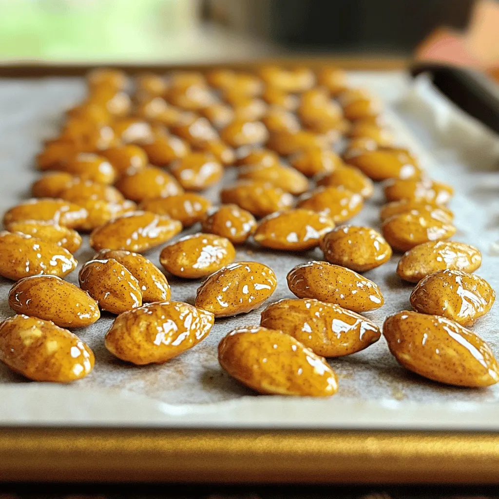 - 2 cups raw almonds - 1 cup granulated sugar - 1/2 cup water - 1 tablespoon pumpkin spice mix - 1/2 teaspoon fine sea salt - 1 teaspoon pure vanilla extract - 1 tablespoon vegetable oil When making Pumpkin Spice Candied Almonds, each ingredient plays a key role. The raw almonds provide a crunchy base and healthy fats. Granulated sugar adds sweetness and helps create the candy coating. Water helps dissolve the sugar, forming a smooth syrup. The pumpkin spice mix brings that cozy fall flavor we all love. Fine sea salt balances the sweetness. Pure vanilla extract adds depth to the flavor. Finally, vegetable oil prevents the almonds from sticking together. - Alternative Nut Options: You can swap almonds for pecans or walnuts if you prefer. Each nut gives a unique taste and texture. - Sugar Substitutes: For a healthier option, use coconut sugar or a sugar alternative like stevia. Adjust the amount based on sweetness. - Homemade Pumpkin Spice Blend: If you lack pumpkin spice mix, you can make your own. Combine 1 teaspoon ground cinnamon, 1 teaspoon ground nutmeg, 1/2 teaspoon ground ginger, and 1/4 teaspoon ground cloves. This mix can bring fresh flavors to your almonds. For the full recipe and to make these tasty treats, refer to the complete directions above. Preheating the Oven First, preheat your oven to 350°F (175°C). This step is key to ensure even baking. A hot oven helps the almonds become golden and crisp. Preparing the Baking Sheet Next, line a baking sheet with parchment paper. This will keep the almonds from sticking. It makes cleanup easy and keeps your almonds intact. Creating the Syrup In a large saucepan, mix 1 cup of granulated sugar with 1/2 cup of water over medium heat. Stir gently until the sugar dissolves. This will create a smooth syrup. Coating the Almonds Now, add 1 tablespoon of pumpkin spice mix, 1/2 teaspoon of fine sea salt, and 1 teaspoon of pure vanilla extract to the syrup. Mix well to blend the flavors. Gradually stir in 2 cups of raw almonds. Make sure each almond gets a nice coating of syrup. Baking and Cooling Process Keep cooking the mixture for about 5-7 minutes. Stir constantly until the syrup thickens and coats the almonds. Remove the pan from heat and stir in 1 tablespoon of vegetable oil. This helps the almonds not stick together. Quickly spread the almonds on the prepared baking sheet in a single layer. Bake for 10-15 minutes, stirring halfway through. Once golden brown, take them out and let them cool completely on the baking sheet. They will become crisp as they cool. After cooling, break apart any clusters and store them in an airtight container. Follow the [Full Recipe] for more details and tips! To get a nice coating on your almonds, stir them well. Mix the almonds in the syrup until they look shiny and sticky. This way, every almond gets its share of flavor. Use a spatula to lift them and make sure they are all coated evenly. If you see some dry spots, keep stirring! Clumping can happen easily with candied almonds. After adding the vegetable oil, spread the almonds out on the baking sheet. Use a spatula to separate them right away. This will help them bake without sticking together. Keep an eye on them while baking, too. A gentle stir halfway through keeps them from clumping up. Want a bolder taste? Feel free to mix in more spices. A pinch of cinnamon or nutmeg can add depth. You can also try cardamom or allspice for new layers of flavor. Just remember to adjust the amount to your taste. A little goes a long way! Flavored extracts can make your almonds pop. Instead of plain vanilla, try almond or maple extract. They bring a unique twist to the taste. Add a few drops when mixing the syrup to give it a special touch. This simple change can elevate your pumpkin spice candied almonds. For the full recipe, check out the detailed steps above! {{image_4}} You can change the classic pumpkin spice flavor in many fun ways. One option is to make chocolate-covered pumpkin spice almonds. Simply melt dark or milk chocolate, then dip your finished almonds into it. Let them cool on parchment paper. This mix of sweet and warm spices makes for a delightful treat. Another tasty choice is spicy maple candied almonds. Replace the pumpkin spice mix with a blend of cayenne pepper and cinnamon. Add maple syrup instead of granulated sugar. This option gives a sweet and spicy twist that is perfect for fall. Adding dried fruits can elevate your pumpkin spice almonds. Try mixing in dried cranberries or raisins after baking. This adds a chewy texture and a burst of sweetness. You can also use chopped dried apples for a true autumn feel. Another great idea is adding sea salt for contrast. Just sprinkle a little fine sea salt over the hot almonds right after baking. The salt balances the sweetness and enhances the overall flavor. This simple addition makes your snack even more enjoyable. For the full recipe, you can refer to the details above. To keep your pumpkin spice candied almonds fresh, use an airtight container. Glass jars or plastic containers work well. Make sure they seal tightly to keep out air and moisture. Store them in a cool, dry place. This helps maintain their crunchy texture and flavor. - Shelf Life Information These almonds can last up to two weeks when stored properly. If you keep them in the fridge, they may last a bit longer. Just remember to let them come back to room temperature before enjoying. If your almonds lose their crunch, you can restore their crispiness. - Restoring Crispiness Preheat your oven to 350°F (175°C). Spread the almonds on a baking sheet. Bake for about 5 minutes or until they feel crisp again. Keep an eye on them to avoid burning. - Using the Oven vs. Microwave The oven is better for reheating. It warms them evenly, keeping that great texture. The microwave can make them chewy, which is not what you want. So, stick with the oven for the best results. Can I use different nuts for this recipe? Yes, you can use other nuts! Pecans and walnuts work well. They absorb flavors nicely and give a unique twist. How do I know when the almonds are done baking? Look for a golden-brown color. The almonds should smell fragrant and feel crispy. Stir them halfway through baking for even toasting. Can I make these in bulk for gifting? Absolutely! This recipe is perfect for making large batches. Just double or triple the ingredients. What’s the best way to package them for gifts? Use clear bags or jars. Add a nice ribbon or tag. This makes them look festive and special. Caloric Count One serving of these almonds has about 200 calories. They are a tasty snack, but watch the portions! Nutritional Benefits of Almonds Almonds offer healthy fats, protein, and fiber. They can help keep your heart healthy and support brain function. Can I make this recipe vegan? Yes! Just skip the vanilla extract or use a plant-based option. The rest of the ingredients are naturally vegan-friendly. What is the best way to enjoy candied almonds? Enjoy them as a snack on their own, or sprinkle them on salads. They also taste great with yogurt or as a topping for desserts. For the full recipe, check the previous sections. You learned how to make pumpkin spice candied almonds. We covered ingredients, steps, and tips to enhance flavor. With some simple swaps, you can customize these treats to your liking. Store them in airtight containers for freshness. Enjoy them yourself or share them as gifts! These almonds are perfect for snacking or as a festive treat. Try out the variations to find your favorite! Happy cooking!