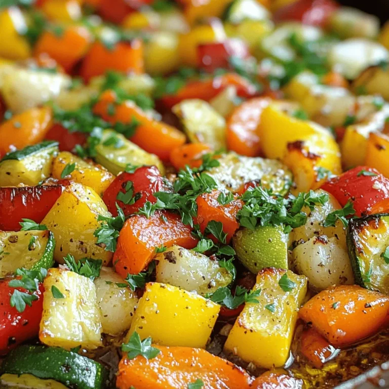 - 2 cups carrots, peeled and sliced into even rounds - 2 cups bell peppers (a mix of red, yellow, and green), diced into bite-sized pieces - 2 cups zucchini, sliced into half-moons - 1 large red onion, chopped into large chunks I love using these vegetables for roasting. Carrots add sweetness, while bell peppers bring color and crunch. Zucchini adds a nice softness, and red onion gives a savory touch. - 4 cloves garlic, finely minced - 3 tablespoons extra virgin olive oil - 1 teaspoon dried thyme - 1 teaspoon dried rosemary - 1 teaspoon smoked paprika Garlic is a must for flavor. I use extra virgin olive oil, as it enhances the taste. Thyme and rosemary bring earthy notes, while smoked paprika adds a warm, smoky depth. - Salt - Black pepper - Fresh parsley, finely chopped (for garnish) A sprinkle of salt and black pepper helps the flavors pop. I top the dish with fresh parsley for a vibrant finish. It really makes the dish shine! You can find the Full Recipe above for all the details you need to make this delightful dish. Set your oven to 425°F (220°C). This hot temperature helps the veggies get nice and crispy. Preheating makes sure they roast evenly. Chop your carrots, bell peppers, zucchini, and red onion. Aim for even pieces. This helps them cook at the same rate. Slice carrots into rounds. Dice bell peppers into small squares. Cut zucchini into half-moons. Chop the onion into large chunks. In a small bowl, whisk together minced garlic, extra virgin olive oil, dried thyme, dried rosemary, and smoked paprika. Add a pinch of salt and pepper to taste. This mix will give your veggies great flavor. Drizzle the seasoning over the chopped veggies in a large bowl. Toss them gently to coat. Line a baking sheet with parchment paper. Spread the veggies out in a single layer. Avoid overcrowding for better roasting. Put the baking sheet in your preheated oven. Roast for 25-30 minutes. Halfway through, stir the veggies to help them brown. They should be tender and golden when done. Once finished, take them out and let them cool slightly. Serve them on a dish and sprinkle fresh parsley on top. For the full recipe, refer back to the beginning of the article. To get the best results when roasting, keep a few things in mind. First, avoid overcrowding your baking sheet. If the veggies touch too much, they steam instead of roast. Aim to give them space to breathe. Second, stir the vegetables halfway through cooking. This helps them brown evenly and get that nice, crispy texture. Want to spice things up? Consider adding a pinch of red pepper flakes for heat. You can also try fresh herbs like basil or oregano. They can give your dish a fresh twist. A splash of balsamic vinegar can add a tangy depth to the flavor as well. Feel free to experiment with your favorite spices or herbs. Garlic Herb Roasted Vegetables pair well with many dishes. Serve them alongside grilled chicken or fish for a balanced meal. They also go well with grains like quinoa or rice. Mix them into a salad for added crunch and flavor. These roasted veggies can be the star of any meal. For the complete recipe, check out the *Full Recipe* section. {{image_4}} When it comes to Garlic Herb Roasted Vegetables, you can use what is fresh. In summer, enjoy bright zucchini, bell peppers, and tomatoes. These veggies roast well and keep their bright colors. In winter, turn to hearty options like carrots, sweet potatoes, and Brussels sprouts. They add a nice sweetness and depth to your dish. Using seasonal veggies not only tastes better but also supports local farmers. Fresh herbs can elevate your roasted veggies. Instead of dried thyme or rosemary, use fresh sprigs. Chop them finely and add about three times the amount. Fresh herbs bring a vibrant flavor that dried ones can’t match. You can also try basil or dill for a different twist. Each herb adds its own unique taste, so feel free to experiment! This recipe is naturally vegan and gluten-free. You can enjoy it without any worries. If you need more protein, add chickpeas or tofu before roasting. This keeps your meal balanced and filling. For a creamier touch, drizzle some tahini over the veggies after roasting. It adds flavor and richness without losing the healthy vibe. For the full recipe, check out the Garlic Herb Roasted Vegetables 🥦. Store leftover garlic herb roasted vegetables in an airtight container. This keeps them fresh. Place the container in the fridge. They stay good for about 3-5 days. Make sure to let them cool first. This prevents excess moisture, which can make veggies soggy. You can freeze roasted vegetables if you have extra. Freezing is a great way to save leftovers. First, let them cool completely. Then, spread them on a baking sheet. Freeze them until solid, which takes about 1-2 hours. After that, place them in a freezer bag or container. They will keep for up to 3 months. Label the bag with the date to track freshness. To reheat, you have a few options. The oven works best for keeping flavor. Preheat it to 350°F (175°C). Spread the vegetables on a baking sheet and heat for 10-15 minutes. This method keeps them crisp. You can also use a microwave if you're in a hurry. Heat them in a bowl for 1-2 minutes. Stir halfway to heat evenly. Enjoy your garlic herb roasted vegetables warm and tasty! For the complete recipe, check out the Full Recipe. Yes, you can use frozen vegetables. However, there are some things to know. Frozen vegetables have more water than fresh ones. This extra moisture can lead to steaming instead of roasting. To fix this, you can thaw and drain them first. Pat them dry with a towel before roasting. You may need to adjust the cooking time. Check them often to avoid overcooking. You can prep the vegetables a day in advance. Chop your carrots, bell peppers, zucchini, and red onion. Store them in an airtight container in the fridge. For the seasoning, mix the garlic, olive oil, and herbs. Keep this mixture in a separate jar. When you are ready to cook, combine them and roast. This saves time and makes the process easy. These roasted veggies pair well with many dishes. For meat lovers, grilled chicken or steak works great. If you prefer plant-based options, serve them with quinoa or rice. You can also add them to pasta for extra flavor. They make a colorful side dish for any meal. - Full Recipe: Garlic Herb Roasted Vegetables 🥦 Roasting garlic herb vegetables is easy and fun. We talked about the best veggies, seasonings, and tips for perfect roasting. I shared ways to change up the recipe with seasonal options and dietary needs. Storing leftovers and reheating them keeps your meals fresh. In the end, this dish is simple, tasty, and healthy. Feel free to get creative and enjoy your meals!