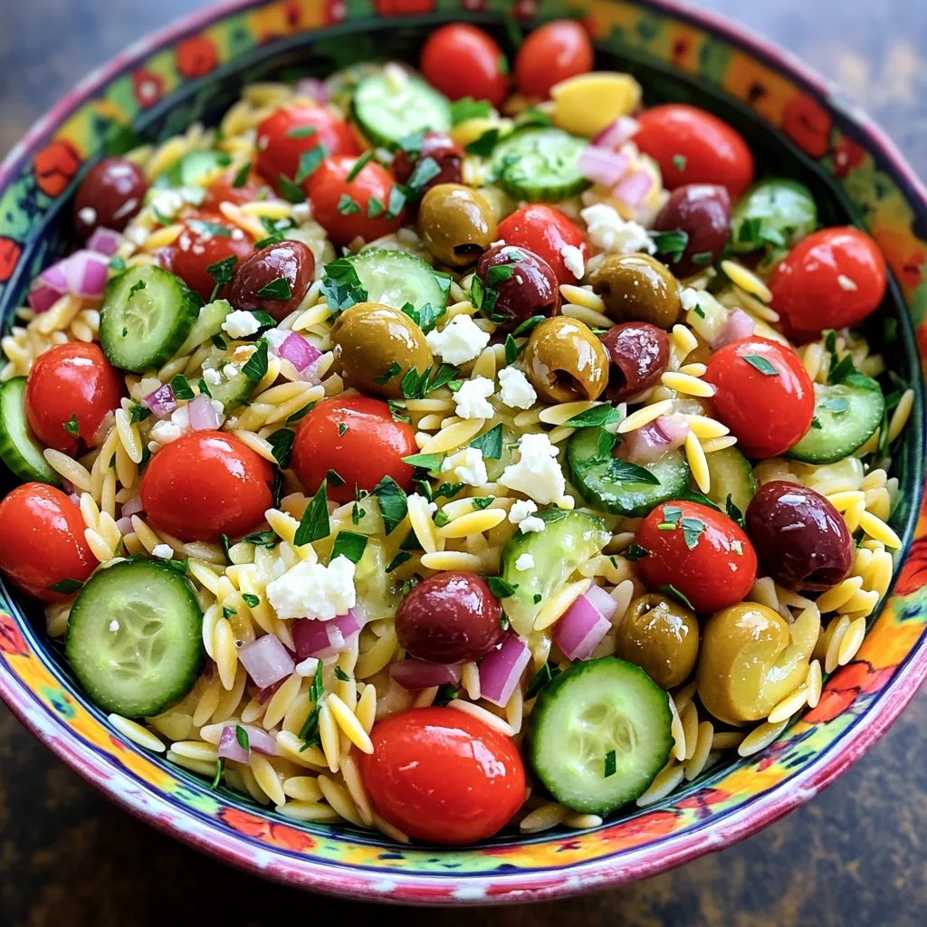 To make this tasty Greek Orzo Pasta Salad, you will need the following ingredients: - 1 cup orzo pasta - 1 ½ cups vegetable broth (or water) - 1 cup cherry tomatoes, halved - ½ cucumber, diced - ¼ red onion, finely chopped - ½ cup kalamata olives, pitted and sliced - 1 cup feta cheese, crumbled - ¼ cup fresh parsley, chopped - 2 tablespoons lemon juice - 2 tablespoons extra virgin olive oil - 1 teaspoon dried oregano - Salt and freshly ground black pepper to taste This Greek Orzo Pasta Salad is more than just delicious; it also has great nutrition. Each serving packs a good amount of protein from the feta cheese and fiber from the veggies. Here’s a breakdown of the nutrition per serving: - Calories: Approximately 300 - Protein: 10g - Carbohydrates: 35g - Dietary Fiber: 3g - Fat: 15g - Saturated Fat: 5g This salad is a balanced option for lunch or a side dish. It brings fresh flavors and nutrients to your plate. If you want to change things up, here are some fun swaps: - Orzo: Use quinoa or farro for a gluten-free version. - Feta Cheese: Try goat cheese or omit it for a vegan option. - Olives: Swap kalamata olives for green olives or capers for a different taste. - Vegetables: Add bell peppers, spinach, or artichokes for more color and flavor. These substitutions let you customize the salad to your taste and dietary needs. Enjoy experimenting! For the full recipe, check out Mediterranean Orzo Delight. Start by boiling 1 ½ cups of vegetable broth or water. Use a medium saucepan over medium-high heat. When it boils, add 1 cup of orzo pasta. Cook the orzo according to the package directions. This usually takes about 8-10 minutes. You want it to be al dente, which means it should still have a firm bite. Once done, drain the orzo in a fine-mesh strainer. Rinse it under cold water to stop the cooking. This helps keep the orzo from getting mushy. Then, pour the cooled orzo into a large mixing bowl and set it aside. While your orzo cools, it's time to chop the veggies. Take 1 cup of cherry tomatoes and cut them in half. Next, grab ½ of a cucumber and dice it into small cubes. Then, finely chop ¼ of a red onion. These fresh vegetables add color and crunch to your salad. Toss the halved tomatoes, diced cucumber, and chopped onion into the bowl with the orzo. Stir them together gently to mix. Now, let’s make a simple dressing. In a small bowl, whisk together 2 tablespoons of lemon juice and 2 tablespoons of extra virgin olive oil. Add 1 teaspoon of dried oregano, and a pinch of salt and freshly ground black pepper. Whisk until everything combines well. This dressing will give your salad a bright and zesty flavor. Drizzle your dressing over the orzo and vegetable mix. Use a spatula or large spoon to toss everything gently. Make sure all the ingredients are coated without breaking the orzo. Next, fold in ½ cup of crumbled feta cheese and ¼ cup of chopped fresh parsley. Mix gently so the feta stays intact. Taste your salad and adjust the seasoning with more salt, pepper, or lemon juice if needed. For the best flavor, cover the bowl and chill in the fridge for at least 30 minutes. This cooling time helps the flavors blend nicely. To make your Greek orzo pasta salad pop, focus on fresh ingredients. Use ripe cherry tomatoes and crisp cucumbers for the best taste. Here are some quick tips: - Add fresh herbs like basil or dill for extra zest. - Use high-quality olive oil for a richer flavor. - A dash of red wine vinegar can brighten the dish. This salad is great for many occasions. Serve it at picnics, barbecues, or family dinners. You can enjoy it as a light main dish or a side. Pair it with grilled chicken or fish for a full meal. If you want a heartier option, add chickpeas or grilled shrimp for protein. Make your dish eye-catching. Serve your Mediterranean orzo delight in a large, colorful bowl. Garnish with extra parsley and a few whole olives on top. This adds color and texture to your dish. You can also layer it in clear cups for individual servings. Let the vibrant colors shine through for a beautiful display! {{image_4}} You can make Greek Orzo Pasta Salad even heartier by adding protein. Some great options include: - Grilled chicken, diced - Shrimp, cooked and peeled - Canned chickpeas, rinsed and drained - Tuna, drained and flaked These proteins not only boost nutrition but also add different flavors. Adjust the amount to fit your taste. To make this salad vegetarian, simply leave out the feta cheese or use a dairy-free version. For a vegan option, replace the feta with avocado. Avocado adds creaminess without dairy. You can also add more veggies, like bell peppers or artichokes, for extra crunch. This keeps the dish fresh and vibrant. Using seasonal ingredients can enhance your salad's flavor. In summer, add fresh corn or zucchini. In fall, consider roasted butternut squash or Brussels sprouts. These ingredients change the dish and make it exciting all year round. You can mix and match based on what’s fresh and available. This makes your Greek Orzo Pasta Salad unique and fun! For the complete recipe, check out the [Full Recipe]. After enjoying your Greek orzo pasta salad, store leftovers in an airtight container. This helps keep the flavors fresh. Place the container in the fridge. Your salad will stay good for about 3 to 5 days. Make sure to check for any signs of spoilage before eating. You can freeze orzo pasta salad, but be aware that some ingredients may change texture. To freeze, pack the salad into a freezer-safe container. Leave some space at the top for expansion. It can last in the freezer for about 1 to 2 months. When ready, thaw in the fridge overnight. Reheating orzo pasta salad is simple. If you prefer it warm, use a microwave-safe dish. Heat on medium power for 30-second intervals, stirring in between. You can also reheat it on the stove over low heat. Add a splash of olive oil or lemon juice to revive flavors. Enjoy your meal at the temperature you like best! Greek Orzo Pasta Salad is a bright and tasty dish. It mixes orzo pasta with fresh veggies. You’ll find cherry tomatoes, cucumber, red onion, and kalamata olives in it. Feta cheese adds creaminess, while parsley gives a fresh touch. A simple lemon dressing ties all the flavors together. This salad is great as a side or a light meal. Yes, you can make Greek Orzo Pasta Salad ahead of time. In fact, making it a few hours in advance improves the flavor. Just prepare the salad and chill it in the fridge. The longer it sits, the more the flavors blend. Greek Orzo Pasta Salad lasts about three to five days in the fridge. Keep it in an airtight container to maintain freshness. If you notice any changes in color or smell, it’s best to toss it out. No, orzo is not gluten-free. It is made from wheat, similar to pasta. However, you can find gluten-free orzo made from rice or corn. Just check the package to be sure. For a gluten-free option, substitute orzo with quinoa or rice. We covered the key ingredients and their nutrition for Greek Orzo Pasta Salad. You learned how to cook orzo, prepare fresh veggies, and make a tasty dressing. I shared tips to boost flavor and ideas for serving. You can also find fun variations and storage tips. Making this salad is simple and fun. Enjoy trying new things in your kitchen!