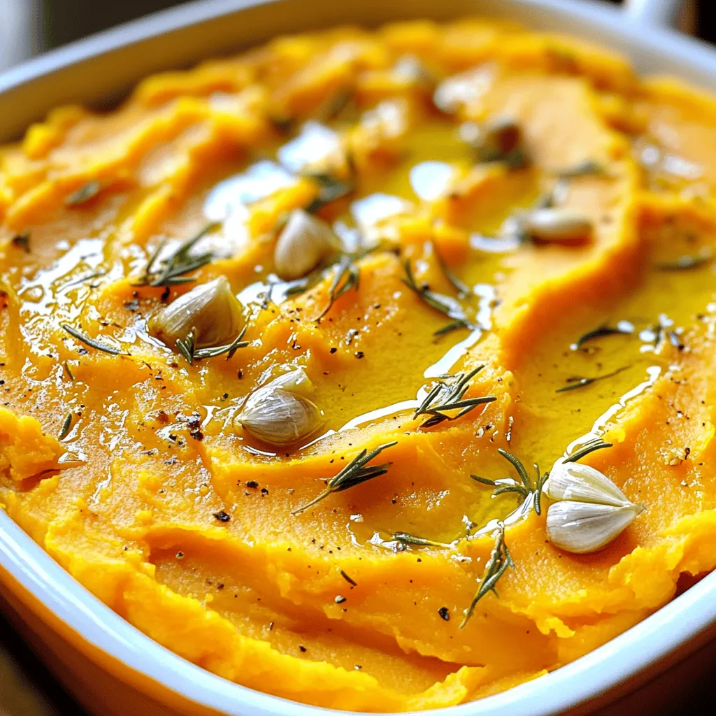 - Sweet Potatoes - Garlic - Olive Oil - Almond Milk (or milk of choice) - Butter (or vegan alternative) - Seasoning (Salt and Pepper) - Fresh Herbs (Rosemary or Parsley) To make roasted garlic sweet potato mash, you need some key ingredients. Sweet potatoes are the star here. They give a nice sweet taste and creamy texture. Garlic adds a rich, mellow flavor when roasted. Olive oil helps everything roast nicely and gives a smooth finish. You can choose almond milk or any milk you like for creaminess. Butter adds a rich taste, but you can switch it for vegan butter if you prefer. Salt and pepper are essential for flavor. Fresh herbs like rosemary or parsley add a pop of color and freshness to your dish. Gather these ingredients, and you're on your way! For the full recipe, continue exploring the steps to create your delicious mash. 1. Preheat Oven and Prepare Garlic Start by preheating your oven to 400°F (200°C). This heat will help brown your sweet potatoes and garlic well. Take your whole garlic bulb and cut off the top. This exposes the cloves. Drizzle one tablespoon of olive oil over the cloves. Make sure to coat them well. Wrap the garlic bulb tightly in aluminum foil and set it aside. 2. Coat and Season Sweet Potatoes Grab two large sweet potatoes. Peel them and cut them into cubes. In a large bowl, mix these cubes with one tablespoon of olive oil. Add a good amount of salt and pepper. Toss the sweet potatoes until they are fully coated. 3. Setup for Roasting Place the sweet potatoes on a large baking sheet in a single layer. This way, they cook evenly. Put both the baking sheet with sweet potatoes and the wrapped garlic bulb into the hot oven. 1. Cooking Time and Temperature Roast the sweet potatoes for about 25 to 30 minutes. They should be fork-tender and have a light caramel color. The garlic will roast alongside them. 2. Monitoring Garlic and Sweet Potatoes After about 30 minutes, check on the garlic. Carefully unwrap it from the foil. The cloves should be soft and sweet. Let it cool for a few minutes before handling. 1. Combining Ingredients In a big mixing bowl, combine the roasted sweet potatoes and squeeze the roasted garlic cloves into the bowl. They should pop out easily. 2. Achieving Creamy Consistency Pour in the almond milk and add the butter. Use a potato masher or fork to mash everything together. Keep mashing until the mix is creamy and smooth. 3. Adjusting Flavor Taste your mash and adjust the seasoning with more salt and pepper if needed. This will enhance the flavors even more. For the full recipe, check out the details above! Best Methods for Roasting Garlic Roasting garlic brings out its sweet, rich flavor. The best way is to cut off the top of a whole bulb. Drizzle it with olive oil and wrap it in foil. Place it in the oven with your sweet potatoes. Roast for about 30 minutes. The garlic will become soft and sweet. Choosing the Right Garlic When picking garlic, go for firm bulbs. Look for ones without any blemishes or sprouts. Fresh garlic will give the best taste to your dish. Cutting Techniques for Even Cooking For even cooking, cut sweet potatoes into uniform cubes. Aim for 1-inch pieces. This size helps them roast evenly and cook through. Alternative Ingredients for Variations You can switch things up by adding other root veggies. Carrots or parsnips work well. They add unique flavors and nutrients. You can also substitute almond milk for regular milk or coconut milk for a twist. Presentation Techniques To make your dish stand out, serve the mash in a deep bowl. Drizzle some olive oil on top and sprinkle extra herbs for color. These simple steps will make your dish look gourmet. Pairing Foods Roasted garlic sweet potato mash pairs well with many foods. Try it alongside grilled chicken, roasted vegetables, or a fresh salad. This mash can also complement rich dishes like braised meats or savory stews. For the full recipe, check out [Full Recipe]. {{image_4}} Additional Seasoning Options You can boost the flavor of your roasted garlic sweet potato mash easily. Try adding a pinch of nutmeg or cinnamon for warmth. A splash of lemon juice gives a nice zing. If you like heat, sprinkle in some cayenne pepper or chili flakes. Incorporating Other Vegetables Mixing in other roasted veggies can bring new tastes. Carrots or parsnips blend well with sweet potatoes. You can also add some roasted cauliflower for a creamy texture. Just make sure they are cooked until tender. Vegan and Dairy-Free Alternatives If you want a vegan version, swap butter with vegan butter. Use unsweetened almond milk or any plant-based milk. This keeps the dish creamy without dairy. Gluten-Free Options Good news! This recipe is naturally gluten-free. You don’t need to change a thing to enjoy it safely. Always check labels if you buy pre-made ingredients. Adding Spices from Different Cuisines Give your mash a global flair. Add cumin for a Middle Eastern touch. Try curry powder for an Indian spin. Each spice adds a unique layer of flavor. Cultural Variations of Sweet Potato Mash Many cultures have their spins on sweet potato mash. In South America, you might find it mixed with lime and cilantro. In the Caribbean, coconut milk can be used for a tropical twist. Explore these ideas to make the dish your own. For the full recipe, visit the Roasted Garlic Sweet Potato Mash section above. To keep your roasted garlic sweet potato mash fresh, start with proper cooling. Let the mash cool down to room temperature before storing. This helps prevent moisture buildup, which can make the mash soggy. For storage, I recommend using airtight containers. These keep the flavors locked in and prevent the mash from drying out. Resealable containers also work, but they may not seal as tightly as airtight ones. When it’s time to enjoy your mash again, reheating is key. The best way to reheat is in the oven. Preheat your oven to 350°F (175°C) and place the mash in an oven-safe dish. Cover it with foil to keep it moist. Heat for about 15–20 minutes, or until warmed through. If you need a quick option, use the microwave. Place the mash in a microwave-safe bowl and cover it. Heat in 30-second intervals, stirring in between. This helps heat evenly. For consistency, add a splash of almond milk or water while reheating. This will make the mash creamy again without drying it out. Want to save some for later? Freezing is a great option. First, let the mash cool completely. Then, scoop it into freezer-safe containers, leaving some space at the top. This allows for expansion as it freezes. To thaw, move it to the fridge overnight. If you need it fast, use the microwave. Just remember to stir it occasionally while thawing to keep it even. Following these tips will help you enjoy your roasted garlic sweet potato mash at its best! For the full recipe, check out the detailed instructions above. To make this dish vegan, simply swap out the butter and milk. Use vegan butter instead of regular butter. For the milk, unsweetened almond milk works well. You can also try oat milk or soy milk. These options keep the mash creamy and tasty without dairy. Yes, you can prepare this dish ahead of time. Cook the sweet potatoes and garlic as usual. Once mashed, let it cool. Store it in the fridge in a sealed container for up to three days. When you're ready to eat, reheat it gently. Add a splash of almond milk if it seems dry. Sweet potatoes are full of vitamins A and C. They also provide fiber and potassium, which are good for your heart. Garlic adds flavor and has many health benefits too. It can boost your immune system and has anti-inflammatory effects. Together, these ingredients make a healthy side dish. Sweet potatoes are done when they are fork-tender. You can poke them easily with a fork or knife. Look for a slight caramelization on the edges for extra flavor. If they are soft and golden, they are ready to mash. Enjoy the delicious results of your efforts! This blog post covered how to make delicious Roasted Garlic Sweet Potato Mash. We explored the key ingredients needed, like sweet potatoes, garlic, and olive oil. I shared step-by-step instructions, including tips for roasting and mashing for a creamy texture. You’ll find ways to customize the dish, with variations to suit different diets. Finally, we discussed how to store and reheat your mash for the best taste. Enjoy this dish as a tasty, healthy option that fits many meals!