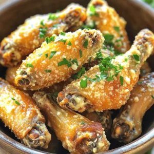 To make Air Fryer Garlic Parmesan Wings, gather these ingredients: - 2 pounds fresh chicken wings - 2 tablespoons extra virgin olive oil - 1 teaspoon garlic powder - 1 teaspoon onion powder - 1 teaspoon smoked paprika - Salt and freshly ground black pepper to taste - ½ cup finely grated Parmesan cheese - 2 tablespoons fresh parsley, finely chopped - 2 tablespoons unsalted butter, melted If you want to mix it up, try these alternatives: - Use chicken drumsticks instead of wings for a different bite. - Swap olive oil for avocado oil for a smoother taste. - Replace fresh parsley with dried herbs like oregano or thyme. - Use a cheese blend instead of Parmesan for a unique flavor. Getting the seasoning right is key. Here are some tips: - Always use fresh spices for better flavor. - Adjust the garlic powder to your taste; add more for a stronger kick. - For a spicy twist, add cayenne pepper or hot sauce. - Toss the wings in the seasoning mix well to ensure even coverage. These steps will help you create a flavor-packed dish that everyone will love. For the full recipe, check out the [Full Recipe]. First, gather your ingredients. You will need fresh chicken wings, olive oil, garlic powder, onion powder, smoked paprika, salt, pepper, Parmesan cheese, parsley, and melted butter. Next, preheat your air fryer to 400°F (200°C) for about 5 minutes. This step helps the wings get crispy. In a large bowl, add the chicken wings. Pour the olive oil over them. Sprinkle the garlic powder, onion powder, smoked paprika, salt, and pepper. Mix everything well. Make sure each wing gets coated for great flavor. Now, place the seasoned wings in the air fryer basket. Keep them in a single layer. This helps them cook evenly. If you have many wings, cook them in batches. Air fry the wings for 25-30 minutes. Halfway through, around 12-15 minutes, flip them over. This will help them brown nicely. When they finish cooking, they should look golden and crispy. For extra crispiness, do not overcrowd the basket. Give them space. You can also pat the wings dry before seasoning. This removes moisture and helps them crisp up. Using fresh ingredients, like high-quality olive oil and Parmesan, makes a big difference. If you want more flavor, let the wings marinate in the seasoning for at least 30 minutes before cooking. After cooking, toss the wings in the garlic Parmesan mixture to coat. This adds a rich flavor. Enjoy these tasty wings hot, right from the fryer. For the full recipe, check out the details above. For the best wings, always preheat your air fryer. Set it to 400°F (200°C) for about 5 minutes. This helps the wings cook evenly and get crispy. When you add the wings, make sure they are in a single layer. This allows hot air to circulate and cook them well. If you have a lot of wings, fry them in batches. This way, each batch comes out perfectly crispy. One common mistake is overcrowding the basket. If the wings are too close together, they will steam instead of fry. Another mistake is not drying the wings before cooking. Pat them dry with paper towels. This removes excess moisture and helps them crisp up better. Also, remember to flip the wings halfway through cooking. This ensures even browning and crispiness on both sides. To boost flavor, try adding different spices. For a kick, add cayenne pepper or chili powder. You can also use fresh herbs like rosemary or thyme. Mixing in lemon zest gives a bright, fresh taste. If you love garlic, use fresh minced garlic instead of garlic powder. Tossing the wings in a mix of melted butter and Parmesan right after cooking adds richness. You can also experiment with different cheeses, like blue cheese or feta, for a unique twist. For the full recipe, check the detailed instructions above. {{image_4}} You can switch up the flavors in these wings. Try adding hot sauce for heat. Mix in lemon zest for a zesty kick. You can also use different cheeses, like cheddar or blue cheese. If you love herbs, add dried oregano or thyme for extra flavor. Experiment with different spices like cayenne pepper or chili powder for a bold taste. Each change can make your wings unique. If you want a healthier version, use skinless chicken wings. For a lower-fat option, try using an air fryer spray instead of oil. You can replace Parmesan with nutritional yeast for a vegan twist. If you are gluten-free, ensure your spices are free from gluten. These swaps help keep the wings tasty and align with your diet. Serve the wings hot and fresh from the air fryer. Pair them with ranch or blue cheese dressing for dipping. You can add celery and carrot sticks on the side for crunch. These wings also go great with a fresh salad. For a fun twist, try serving them in a wrap or a sandwich. These ideas can make your meal even more enjoyable. For the full recipe, check out the detailed instructions above. You can store leftover wings in the fridge. Place them in an airtight container. They stay fresh for up to three days. If you want to keep them crispy, avoid stacking them. Let them cool first before sealing. This keeps that yummy flavor locked in. To freeze your wings, first cool them completely. Use a freezer-safe bag or container. Remove as much air as you can. Label the bag with the date. They last up to three months in the freezer. When you're ready to eat, let them thaw overnight in the fridge. To reheat, use your air fryer again for the best results. Preheat it to 350°F (175°C). Cook the wings for about 10 minutes. This method keeps them crispy. You can also use an oven, but the air fryer is my favorite. If you are in a hurry, a microwave works too, but the wings won’t be as crispy. You can find the full recipe for these wings earlier in the article. Enjoy! To make Air Fryer Garlic Parmesan Wings, start with fresh chicken wings. You need two pounds. Preheat your air fryer to 400°F (200°C) for five minutes. In a big bowl, mix the wings with olive oil, garlic powder, onion powder, smoked paprika, salt, and pepper. Toss them well to coat. Place the wings in a single layer in the air fryer basket. Cook for 25-30 minutes, flipping them halfway through. Once cooked, toss the wings in a mixture of melted butter, grated Parmesan cheese, and chopped parsley. Yes, you can use frozen wings! Just remember to increase the cooking time by about 5-10 minutes. Make sure to check if they are cooked through. You can season them the same way as fresh wings. The air fryer does a great job of cooking frozen wings. They will come out crispy and tasty, just like the fresh ones. Garlic parmesan wings taste great with various dipping sauces. Here are some popular options: - Ranch dressing - Blue cheese dressing - Honey mustard - Spicy buffalo sauce - Marinara sauce These sauces enhance the flavor and add a fun twist to each bite. Enjoy experimenting to find your favorite! For the complete recipe, check the Full Recipe section. In this blog post, we explored the best way to make air fryer garlic parmesan wings. We covered key ingredients, alternative suggestions, and seasoning tips to enhance flavor. The step-by-step instructions guide you through preparation and cooking for crispy results. We shared tips to avoid common mistakes and variations that cater to different tastes. Finally, we explained storage and reheating methods to keep your wings fresh. Enjoy your crispy wings, and remember, practice makes perfect. Happy cooking!