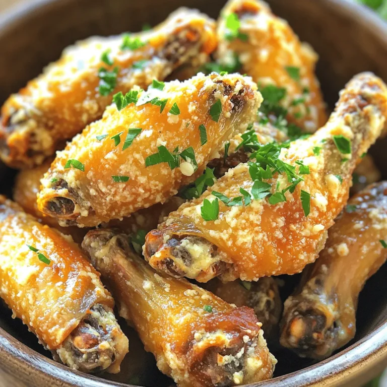 To make Air Fryer Garlic Parmesan Wings, gather these ingredients: - 2 pounds fresh chicken wings - 2 tablespoons extra virgin olive oil - 1 teaspoon garlic powder - 1 teaspoon onion powder - 1 teaspoon smoked paprika - Salt and freshly ground black pepper to taste - ½ cup finely grated Parmesan cheese - 2 tablespoons fresh parsley, finely chopped - 2 tablespoons unsalted butter, melted If you want to mix it up, try these alternatives: - Use chicken drumsticks instead of wings for a different bite. - Swap olive oil for avocado oil for a smoother taste. - Replace fresh parsley with dried herbs like oregano or thyme. - Use a cheese blend instead of Parmesan for a unique flavor. Getting the seasoning right is key. Here are some tips: - Always use fresh spices for better flavor. - Adjust the garlic powder to your taste; add more for a stronger kick. - For a spicy twist, add cayenne pepper or hot sauce. - Toss the wings in the seasoning mix well to ensure even coverage. These steps will help you create a flavor-packed dish that everyone will love. For the full recipe, check out the [Full Recipe]. First, gather your ingredients. You will need fresh chicken wings, olive oil, garlic powder, onion powder, smoked paprika, salt, pepper, Parmesan cheese, parsley, and melted butter. Next, preheat your air fryer to 400°F (200°C) for about 5 minutes. This step helps the wings get crispy. In a large bowl, add the chicken wings. Pour the olive oil over them. Sprinkle the garlic powder, onion powder, smoked paprika, salt, and pepper. Mix everything well. Make sure each wing gets coated for great flavor. Now, place the seasoned wings in the air fryer basket. Keep them in a single layer. This helps them cook evenly. If you have many wings, cook them in batches. Air fry the wings for 25-30 minutes. Halfway through, around 12-15 minutes, flip them over. This will help them brown nicely. When they finish cooking, they should look golden and crispy. For extra crispiness, do not overcrowd the basket. Give them space. You can also pat the wings dry before seasoning. This removes moisture and helps them crisp up. Using fresh ingredients, like high-quality olive oil and Parmesan, makes a big difference. If you want more flavor, let the wings marinate in the seasoning for at least 30 minutes before cooking. After cooking, toss the wings in the garlic Parmesan mixture to coat. This adds a rich flavor. Enjoy these tasty wings hot, right from the fryer. For the full recipe, check out the details above. For the best wings, always preheat your air fryer. Set it to 400°F (200°C) for about 5 minutes. This helps the wings cook evenly and get crispy. When you add the wings, make sure they are in a single layer. This allows hot air to circulate and cook them well. If you have a lot of wings, fry them in batches. This way, each batch comes out perfectly crispy. One common mistake is overcrowding the basket. If the wings are too close together, they will steam instead of fry. Another mistake is not drying the wings before cooking. Pat them dry with paper towels. This removes excess moisture and helps them crisp up better. Also, remember to flip the wings halfway through cooking. This ensures even browning and crispiness on both sides. To boost flavor, try adding different spices. For a kick, add cayenne pepper or chili powder. You can also use fresh herbs like rosemary or thyme. Mixing in lemon zest gives a bright, fresh taste. If you love garlic, use fresh minced garlic instead of garlic powder. Tossing the wings in a mix of melted butter and Parmesan right after cooking adds richness. You can also experiment with different cheeses, like blue cheese or feta, for a unique twist. For the full recipe, check the detailed instructions above. {{image_4}} You can switch up the flavors in these wings. Try adding hot sauce for heat. Mix in lemon zest for a zesty kick. You can also use different cheeses, like cheddar or blue cheese. If you love herbs, add dried oregano or thyme for extra flavor. Experiment with different spices like cayenne pepper or chili powder for a bold taste. Each change can make your wings unique. If you want a healthier version, use skinless chicken wings. For a lower-fat option, try using an air fryer spray instead of oil. You can replace Parmesan with nutritional yeast for a vegan twist. If you are gluten-free, ensure your spices are free from gluten. These swaps help keep the wings tasty and align with your diet. Serve the wings hot and fresh from the air fryer. Pair them with ranch or blue cheese dressing for dipping. You can add celery and carrot sticks on the side for crunch. These wings also go great with a fresh salad. For a fun twist, try serving them in a wrap or a sandwich. These ideas can make your meal even more enjoyable. For the full recipe, check out the detailed instructions above. You can store leftover wings in the fridge. Place them in an airtight container. They stay fresh for up to three days. If you want to keep them crispy, avoid stacking them. Let them cool first before sealing. This keeps that yummy flavor locked in. To freeze your wings, first cool them completely. Use a freezer-safe bag or container. Remove as much air as you can. Label the bag with the date. They last up to three months in the freezer. When you're ready to eat, let them thaw overnight in the fridge. To reheat, use your air fryer again for the best results. Preheat it to 350°F (175°C). Cook the wings for about 10 minutes. This method keeps them crispy. You can also use an oven, but the air fryer is my favorite. If you are in a hurry, a microwave works too, but the wings won’t be as crispy. You can find the full recipe for these wings earlier in the article. Enjoy! To make Air Fryer Garlic Parmesan Wings, start with fresh chicken wings. You need two pounds. Preheat your air fryer to 400°F (200°C) for five minutes. In a big bowl, mix the wings with olive oil, garlic powder, onion powder, smoked paprika, salt, and pepper. Toss them well to coat. Place the wings in a single layer in the air fryer basket. Cook for 25-30 minutes, flipping them halfway through. Once cooked, toss the wings in a mixture of melted butter, grated Parmesan cheese, and chopped parsley. Yes, you can use frozen wings! Just remember to increase the cooking time by about 5-10 minutes. Make sure to check if they are cooked through. You can season them the same way as fresh wings. The air fryer does a great job of cooking frozen wings. They will come out crispy and tasty, just like the fresh ones. Garlic parmesan wings taste great with various dipping sauces. Here are some popular options: - Ranch dressing - Blue cheese dressing - Honey mustard - Spicy buffalo sauce - Marinara sauce These sauces enhance the flavor and add a fun twist to each bite. Enjoy experimenting to find your favorite! For the complete recipe, check the Full Recipe section. In this blog post, we explored the best way to make air fryer garlic parmesan wings. We covered key ingredients, alternative suggestions, and seasoning tips to enhance flavor. The step-by-step instructions guide you through preparation and cooking for crispy results. We shared tips to avoid common mistakes and variations that cater to different tastes. Finally, we explained storage and reheating methods to keep your wings fresh. Enjoy your crispy wings, and remember, practice makes perfect. Happy cooking!