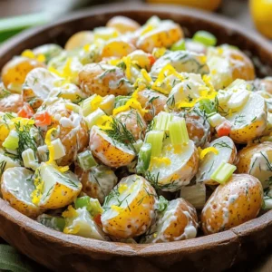 - 2 pounds baby potatoes - 1/4 cup fresh dill, finely chopped - 1/3 cup creamy Greek yogurt - 2 tablespoons mayonnaise (optional for a richer taste) - 1 lemon, zested and juiced - 2 green onions, thinly sliced - 1 clove garlic, finely minced - Sea salt and freshly ground black pepper, to taste - 1/4 cup celery, finely diced - 1/4 cup red bell pepper, finely diced You need fresh baby potatoes for a nice texture. They hold their shape well. The dill adds a bright and fresh taste. You can find it in your local grocery store. Greek yogurt gives creaminess without too much fat. Mayonnaise is optional, but it can make the salad richer. Use a fresh lemon for zest and juice. The zest adds a bright flavor, while the juice adds tang. Green onions bring a mild onion taste. Garlic adds depth and flavor. Sea salt and pepper help enhance all the flavors. The celery and red bell pepper give a nice crunch. They also add color to your dish. If you want to make a big batch, adjust the amounts. You can find the Full Recipe for detailed steps and serving ideas. - Greek yogurt alternatives: You can use sour cream or a plant-based yogurt. - Mayonnaise options: Try avocado or hummus for a healthy twist. - Dairy-free alternatives: Use coconut yogurt or leave out dairy entirely. Experiment with these swaps to fit your taste and dietary needs! Boiling the potatoes Start by placing two pounds of halved baby potatoes into a large pot. Add enough cold water to cover the potatoes by about an inch. Sprinkle in a pinch of sea salt for flavor. Heat the pot over high heat until the water boils. Once boiling, lower the heat to medium-low. Let the potatoes simmer for 15 to 20 minutes. Check for doneness by piercing them with a fork. If it goes in easily, they are ready. Preparing the dressing While the potatoes boil, it's time to make the dressing. In a small bowl, whisk together 1/3 cup of creamy Greek yogurt and 2 tablespoons of mayonnaise, if you want extra richness. Add the zest and juice of one lemon, minced garlic, and a pinch of salt and pepper. Whisk everything until it’s creamy and smooth. Mixing warm potatoes with the dressing Once the potatoes are cooked and drained, transfer them to a mixing bowl while they are still warm. Pour the tangy dressing over the potatoes. This helps the potatoes soak up the flavors better. Gently fold the dressing in with a spatula, ensuring all potatoes are coated well. Adding fresh herbs and vegetables Next, add in 1/4 cup of finely chopped fresh dill, 2 sliced green onions, and 1/4 cup each of diced celery and red bell pepper. These ingredients bring freshness and color to the salad. Mix everything gently until well combined. Refrigeration time For the best taste, chill the potato salad in the refrigerator for at least 30 minutes. This allows the flavors to meld together. It also makes the salad refreshing and cool, perfect for hot days. Presentation tips When ready to serve, place the salad in an elegant bowl. You can garnish it with extra sprigs of dill or lemon wedges. This adds an appealing touch and makes the dish more inviting. Enjoy your Lemon Dill Potato Salad as a bright side at any meal! To make the best lemon dill potato salad, focus on the potatoes. Choose baby potatoes for their creamy texture. Boil them until they are fork-tender, about 15-20 minutes. This ensures a soft, yet firm bite. Next, balance the flavors well. Use fresh dill for a bright taste. The lemon juice adds zing, while the creamy Greek yogurt gives richness. Taste your salad as you mix. Adjust salt, pepper, or lemon juice as needed. This simple step makes a big difference. Storing leftovers properly keeps your salad fresh. Place any extra potato salad in an airtight container. This helps keep flavors intact. It can last in the fridge for up to four days. Just remember to give it a stir before serving again. This potato salad pairs well with grilled meats. Serve it alongside chicken or fish for a complete meal. It also shines at picnics and gatherings. Its bright flavors and creamy texture make it a hit. You can serve it cold or at room temperature for easy enjoyment. For the full recipe, check [Full Recipe]. Enjoy making this delicious dish! {{image_4}} You can change the flavor of your Lemon Dill Potato Salad by adding other herbs. Try mixing in fresh parsley or chives for a new twist. These herbs brighten up the dish even more. You can also add ingredients like crispy bacon or tangy feta cheese. Both options bring extra texture and flavor. Bacon adds a savory crunch, while feta gives a creamy, salty bite. For those who follow a vegan diet, you can easily make a vegan version of Lemon Dill Potato Salad. Swap out the Greek yogurt for a thick dairy-free yogurt. You can also skip the mayonnaise to keep it light. This version is just as tasty and satisfying. If you want low-carb options, consider using cauliflower instead of potatoes. It still holds flavor well and gives that comforting feel. You can also explore regional twists on this salad. For a Mediterranean flavor, add olives and sun-dried tomatoes. These ingredients bring a rich taste that pairs well with the lemon. If you prefer a Southern-style twist, try adding hard-boiled eggs and a dash of mustard. This version gives a creamy bite that many people love. Each variation offers a unique take on a classic dish, making it fun to explore! Can you make Lemon Dill Potato Salad ahead of time? Yes, you can make this salad a day before you need it. It tastes even better when chilled overnight. Just keep it covered in the fridge. What type of potatoes are best for potato salad? Baby potatoes work great for potato salad. They hold their shape well and have a nice, creamy texture. You can also use Yukon Golds for a similar effect. Caloric content per serving Each serving has about 180 calories. This makes it a light side dish that pairs well with many meals. Health benefits of key ingredients - Potatoes: Good source of vitamins and fiber. - Dill: Rich in antioxidants and may aid digestion. - Greek yogurt: Packed with protein and lower in fat than sour cream. How to fix a bland potato salad If your salad tastes bland, add a bit more salt and lemon juice. They can bring the flavors to life. You can also mix in more fresh herbs. Dealing with overly watery dressing If your dressing is too watery, add more Greek yogurt. This will thicken the dressing and enhance the creamy texture. You can also try adding a bit of Dijon mustard for flavor and thickness. This Lemon Dill Potato Salad is fresh and zesty. It features baby potatoes, dill, Greek yogurt, and lemon. Ingredients: - 2 pounds baby potatoes, halved - 1/4 cup fresh dill, finely chopped - 1/3 cup creamy Greek yogurt - 2 tablespoons mayonnaise (optional for a richer taste) - 1 lemon, zested and juiced - 2 green onions, thinly sliced - 1 clove garlic, finely minced - Sea salt and freshly ground black pepper, to taste - 1/4 cup celery, finely diced - 1/4 cup red bell pepper, finely diced Instructions: 1. First, place the halved baby potatoes in a large pot. Fill with cold water to cover the potatoes by an inch. Add salt to the water. 2. Heat the pot over high heat until boiling. Then, lower the heat to medium-low. Simmer for 15-20 minutes, until a fork easily pierces the potatoes. 3. Drain the potatoes in a colander and let them cool for a few minutes. Then, transfer the warm potatoes to a mixing bowl. 4. In another bowl, whisk the Greek yogurt, mayonnaise (if using), lemon zest, lemon juice, minced garlic, and a pinch of salt and pepper until creamy. 5. Pour the dressing over the warm potatoes. Gently fold in the dill, green onions, celery, and red bell pepper. Mix until coated. 6. Taste the salad and adjust the seasonings if needed. Add more salt, pepper, or lemon juice for flavor. 7. Chill the potato salad in the refrigerator for at least 30 minutes before serving. This helps the flavors blend. Prep Time: 15 minutes Total Time: 1 hour Servings: 6 Serve this dish in a nice bowl. Garnish with extra dill or lemon wedges for a beautiful touch. Enjoy this refreshing salad on warm days! In this article, we explored how to make a delicious Lemon Dill Potato Salad. We detailed the key ingredients and offered handy substitutions, so you can adapt the recipe to fit your needs. The step-by-step guide helps you create the perfect dish, while tips ensure great flavor and texture. Don't forget the variations for a unique twist. This salad is perfect for gatherings or as a tasty side for grilled meats. Enjoy creating a dish that is simple, fresh, and packed with flavor. You now have all the tools to impress anyone with your cooking!