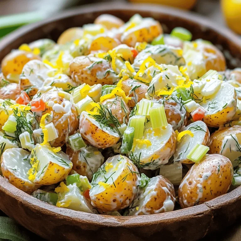 - 2 pounds baby potatoes - 1/4 cup fresh dill, finely chopped - 1/3 cup creamy Greek yogurt - 2 tablespoons mayonnaise (optional for a richer taste) - 1 lemon, zested and juiced - 2 green onions, thinly sliced - 1 clove garlic, finely minced - Sea salt and freshly ground black pepper, to taste - 1/4 cup celery, finely diced - 1/4 cup red bell pepper, finely diced You need fresh baby potatoes for a nice texture. They hold their shape well. The dill adds a bright and fresh taste. You can find it in your local grocery store. Greek yogurt gives creaminess without too much fat. Mayonnaise is optional, but it can make the salad richer. Use a fresh lemon for zest and juice. The zest adds a bright flavor, while the juice adds tang. Green onions bring a mild onion taste. Garlic adds depth and flavor. Sea salt and pepper help enhance all the flavors. The celery and red bell pepper give a nice crunch. They also add color to your dish. If you want to make a big batch, adjust the amounts. You can find the Full Recipe for detailed steps and serving ideas. - Greek yogurt alternatives: You can use sour cream or a plant-based yogurt. - Mayonnaise options: Try avocado or hummus for a healthy twist. - Dairy-free alternatives: Use coconut yogurt or leave out dairy entirely. Experiment with these swaps to fit your taste and dietary needs! Boiling the potatoes Start by placing two pounds of halved baby potatoes into a large pot. Add enough cold water to cover the potatoes by about an inch. Sprinkle in a pinch of sea salt for flavor. Heat the pot over high heat until the water boils. Once boiling, lower the heat to medium-low. Let the potatoes simmer for 15 to 20 minutes. Check for doneness by piercing them with a fork. If it goes in easily, they are ready. Preparing the dressing While the potatoes boil, it's time to make the dressing. In a small bowl, whisk together 1/3 cup of creamy Greek yogurt and 2 tablespoons of mayonnaise, if you want extra richness. Add the zest and juice of one lemon, minced garlic, and a pinch of salt and pepper. Whisk everything until it’s creamy and smooth. Mixing warm potatoes with the dressing Once the potatoes are cooked and drained, transfer them to a mixing bowl while they are still warm. Pour the tangy dressing over the potatoes. This helps the potatoes soak up the flavors better. Gently fold the dressing in with a spatula, ensuring all potatoes are coated well. Adding fresh herbs and vegetables Next, add in 1/4 cup of finely chopped fresh dill, 2 sliced green onions, and 1/4 cup each of diced celery and red bell pepper. These ingredients bring freshness and color to the salad. Mix everything gently until well combined. Refrigeration time For the best taste, chill the potato salad in the refrigerator for at least 30 minutes. This allows the flavors to meld together. It also makes the salad refreshing and cool, perfect for hot days. Presentation tips When ready to serve, place the salad in an elegant bowl. You can garnish it with extra sprigs of dill or lemon wedges. This adds an appealing touch and makes the dish more inviting. Enjoy your Lemon Dill Potato Salad as a bright side at any meal! To make the best lemon dill potato salad, focus on the potatoes. Choose baby potatoes for their creamy texture. Boil them until they are fork-tender, about 15-20 minutes. This ensures a soft, yet firm bite. Next, balance the flavors well. Use fresh dill for a bright taste. The lemon juice adds zing, while the creamy Greek yogurt gives richness. Taste your salad as you mix. Adjust salt, pepper, or lemon juice as needed. This simple step makes a big difference. Storing leftovers properly keeps your salad fresh. Place any extra potato salad in an airtight container. This helps keep flavors intact. It can last in the fridge for up to four days. Just remember to give it a stir before serving again. This potato salad pairs well with grilled meats. Serve it alongside chicken or fish for a complete meal. It also shines at picnics and gatherings. Its bright flavors and creamy texture make it a hit. You can serve it cold or at room temperature for easy enjoyment. For the full recipe, check [Full Recipe]. Enjoy making this delicious dish! {{image_4}} You can change the flavor of your Lemon Dill Potato Salad by adding other herbs. Try mixing in fresh parsley or chives for a new twist. These herbs brighten up the dish even more. You can also add ingredients like crispy bacon or tangy feta cheese. Both options bring extra texture and flavor. Bacon adds a savory crunch, while feta gives a creamy, salty bite. For those who follow a vegan diet, you can easily make a vegan version of Lemon Dill Potato Salad. Swap out the Greek yogurt for a thick dairy-free yogurt. You can also skip the mayonnaise to keep it light. This version is just as tasty and satisfying. If you want low-carb options, consider using cauliflower instead of potatoes. It still holds flavor well and gives that comforting feel. You can also explore regional twists on this salad. For a Mediterranean flavor, add olives and sun-dried tomatoes. These ingredients bring a rich taste that pairs well with the lemon. If you prefer a Southern-style twist, try adding hard-boiled eggs and a dash of mustard. This version gives a creamy bite that many people love. Each variation offers a unique take on a classic dish, making it fun to explore! Can you make Lemon Dill Potato Salad ahead of time? Yes, you can make this salad a day before you need it. It tastes even better when chilled overnight. Just keep it covered in the fridge. What type of potatoes are best for potato salad? Baby potatoes work great for potato salad. They hold their shape well and have a nice, creamy texture. You can also use Yukon Golds for a similar effect. Caloric content per serving Each serving has about 180 calories. This makes it a light side dish that pairs well with many meals. Health benefits of key ingredients - Potatoes: Good source of vitamins and fiber. - Dill: Rich in antioxidants and may aid digestion. - Greek yogurt: Packed with protein and lower in fat than sour cream. How to fix a bland potato salad If your salad tastes bland, add a bit more salt and lemon juice. They can bring the flavors to life. You can also mix in more fresh herbs. Dealing with overly watery dressing If your dressing is too watery, add more Greek yogurt. This will thicken the dressing and enhance the creamy texture. You can also try adding a bit of Dijon mustard for flavor and thickness. This Lemon Dill Potato Salad is fresh and zesty. It features baby potatoes, dill, Greek yogurt, and lemon. Ingredients: - 2 pounds baby potatoes, halved - 1/4 cup fresh dill, finely chopped - 1/3 cup creamy Greek yogurt - 2 tablespoons mayonnaise (optional for a richer taste) - 1 lemon, zested and juiced - 2 green onions, thinly sliced - 1 clove garlic, finely minced - Sea salt and freshly ground black pepper, to taste - 1/4 cup celery, finely diced - 1/4 cup red bell pepper, finely diced Instructions: 1. First, place the halved baby potatoes in a large pot. Fill with cold water to cover the potatoes by an inch. Add salt to the water. 2. Heat the pot over high heat until boiling. Then, lower the heat to medium-low. Simmer for 15-20 minutes, until a fork easily pierces the potatoes. 3. Drain the potatoes in a colander and let them cool for a few minutes. Then, transfer the warm potatoes to a mixing bowl. 4. In another bowl, whisk the Greek yogurt, mayonnaise (if using), lemon zest, lemon juice, minced garlic, and a pinch of salt and pepper until creamy. 5. Pour the dressing over the warm potatoes. Gently fold in the dill, green onions, celery, and red bell pepper. Mix until coated. 6. Taste the salad and adjust the seasonings if needed. Add more salt, pepper, or lemon juice for flavor. 7. Chill the potato salad in the refrigerator for at least 30 minutes before serving. This helps the flavors blend. Prep Time: 15 minutes Total Time: 1 hour Servings: 6 Serve this dish in a nice bowl. Garnish with extra dill or lemon wedges for a beautiful touch. Enjoy this refreshing salad on warm days! In this article, we explored how to make a delicious Lemon Dill Potato Salad. We detailed the key ingredients and offered handy substitutions, so you can adapt the recipe to fit your needs. The step-by-step guide helps you create the perfect dish, while tips ensure great flavor and texture. Don't forget the variations for a unique twist. This salad is perfect for gatherings or as a tasty side for grilled meats. Enjoy creating a dish that is simple, fresh, and packed with flavor. You now have all the tools to impress anyone with your cooking!