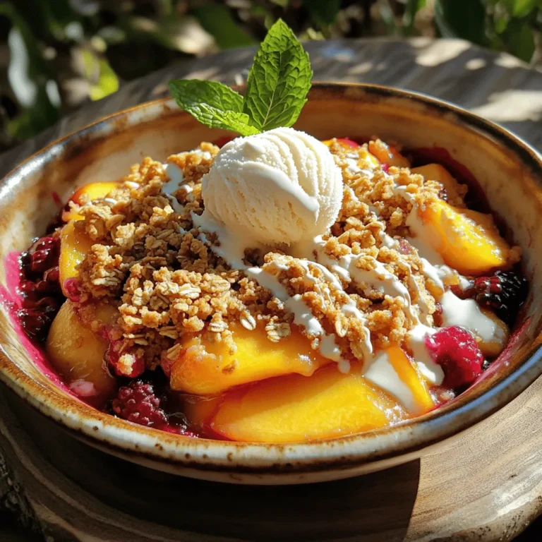 - 4 large ripe peaches, peeled and sliced - 1 cup mixed berries (strawberries, blueberries, raspberries) - 1/4 cup granulated sugar - 1 tablespoon fresh lemon juice - 1 teaspoon ground cinnamon - 1 cup rolled oats - 1/2 cup all-purpose flour - 1/2 cup packed brown sugar - 1/2 cup unsalted butter, melted - 1/4 teaspoon salt For this Peach and Berry Crisp, use fresh, ripe fruit. The peaches give a sweet base, while the mixed berries add a burst of flavor. Sugar enhances the sweetness, and lemon juice adds a nice zing. Ground cinnamon brings warmth to the dish. For the topping, I like to use rolled oats. They give a great texture that contrasts well with the soft fruit. All-purpose flour and brown sugar help bind the topping together, while melted butter adds richness. A touch of salt balances the sweet flavors perfectly. This recipe is simple and quick, making it perfect for any occasion. You can find the full recipe in the article above. Enjoy making this delicious dessert! - Preheat your oven to 350°F (175°C). - In a large bowl, add the sliced peaches and mixed berries. - Sprinkle in the granulated sugar, fresh lemon juice, and ground cinnamon. - Gently toss the fruit until it is well coated. - Take the fruit mixture and transfer it to a greased 9x13 inch baking dish. - Spread the fruit evenly across the bottom of the dish. - In another bowl, mix rolled oats, all-purpose flour, packed brown sugar, melted butter, and salt. - Use your fingers or a fork to combine until it’s crumbly. - Evenly spread the oat topping over the fruit layer. - Place the dish in the preheated oven. - Bake for 30-35 minutes. You want it golden brown and bubbly. - After baking, cool for about 10 minutes before serving. This simple process leads to a delightful Peach and Berry Crisp. For the complete recipe, refer to the Full Recipe. Enjoy! To make the best Peach and Berry Crisp, focus on your fruit. Use ripe, in-season peaches. They will taste sweet and juicy. The berries should be fresh, too. Choose strawberries, blueberries, and raspberries for a colorful mix. Adjust the sugar based on the fruit's natural sweetness. If your peaches are sweet, use less sugar. This balance will enhance the flavors. Serve the crisp warm for the best experience. A scoop of vanilla ice cream makes it even better. You can also top it with whipped cream for a soft touch. For a pop of color, add fresh mint leaves as a garnish. They brighten up the dish and add a nice flavor contrast. Enjoy this dessert with family and friends. Your Peach and Berry Crisp will surely impress! {{image_4}} You can change the fruit in this crisp. Try using apples or pears for a different taste. If you want a berry-focused crisp, use only blueberries. They add a sweet and tangy flavor. You can mix and match fruits based on what is in season. This flexibility makes the dessert fun and fresh. If you want a healthier version, swap out the butter with coconut oil. This gives the crisp a nice flavor and makes it dairy-free. You can also use whole wheat flour instead of all-purpose flour. This adds extra fiber and nutrients. Both of these changes keep the crisp tasty while making it a bit healthier. For the full recipe, check out the Peach and Berry Crisp section above. Store leftover Peach and Berry Crisp in an airtight container. This keeps it fresh and tasty. You can keep it in the refrigerator for up to 3 days. The flavors will blend nicely, making it even more delicious. You can freeze the unbaked mixture for later use. This is a great way to save time. When you are ready to bake, thaw it in the fridge overnight. Follow the original instructions to bake it just right. This way, you can enjoy this delightful dessert anytime! Yes, but adjust baking time as needed. Frozen fruit may release extra water, so check your crisp after 25 minutes. You want the topping golden brown and the fruit bubbling. Ensure butter is well incorporated and avoid overbaking. Mix the topping just until it looks crumbly. If it bakes too long, it can turn hard and crunchy instead of crisp and tender. Suggestions include ice cream, yogurt, or a drizzle of caramel sauce. A scoop of vanilla ice cream adds creaminess. Yogurt can give a nice tang. Caramel sauce brings extra sweetness. Yes, substitute butter with a plant-based option and adjust sugar if desired. Use coconut oil or vegan butter for richness. Check the sugar level based on your fruit's sweetness. For the best results, try a vegan ice cream on top! This blog post guides you through making a delicious Peach and Berry Crisp. You learned about key ingredients like fresh fruit, sweeteners, and a crunchy topping. We walked through simple steps to prep, assemble, and bake your crisp. Keep in mind the tips for perfecting your dessert and explore different fruit combinations. Whether you serve it warm with ice cream or try healthier swaps, this recipe can fit your taste. Enjoy your homemade treat, and share it with friends or family!
