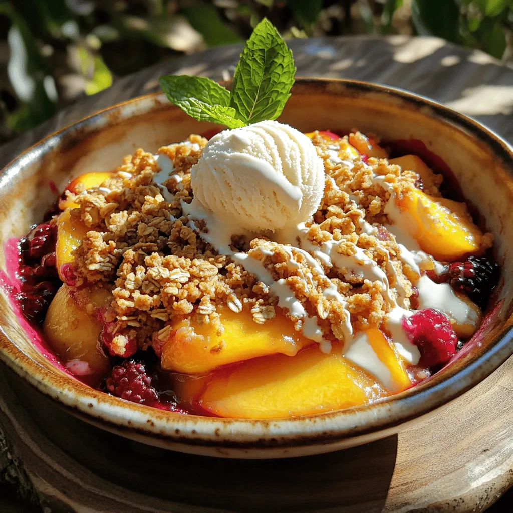 - 4 large ripe peaches, peeled and sliced - 1 cup mixed berries (strawberries, blueberries, raspberries) - 1/4 cup granulated sugar - 1 tablespoon fresh lemon juice - 1 teaspoon ground cinnamon - 1 cup rolled oats - 1/2 cup all-purpose flour - 1/2 cup packed brown sugar - 1/2 cup unsalted butter, melted - 1/4 teaspoon salt For this Peach and Berry Crisp, use fresh, ripe fruit. The peaches give a sweet base, while the mixed berries add a burst of flavor. Sugar enhances the sweetness, and lemon juice adds a nice zing. Ground cinnamon brings warmth to the dish. For the topping, I like to use rolled oats. They give a great texture that contrasts well with the soft fruit. All-purpose flour and brown sugar help bind the topping together, while melted butter adds richness. A touch of salt balances the sweet flavors perfectly. This recipe is simple and quick, making it perfect for any occasion. You can find the full recipe in the article above. Enjoy making this delicious dessert! - Preheat your oven to 350°F (175°C). - In a large bowl, add the sliced peaches and mixed berries. - Sprinkle in the granulated sugar, fresh lemon juice, and ground cinnamon. - Gently toss the fruit until it is well coated. - Take the fruit mixture and transfer it to a greased 9x13 inch baking dish. - Spread the fruit evenly across the bottom of the dish. - In another bowl, mix rolled oats, all-purpose flour, packed brown sugar, melted butter, and salt. - Use your fingers or a fork to combine until it’s crumbly. - Evenly spread the oat topping over the fruit layer. - Place the dish in the preheated oven. - Bake for 30-35 minutes. You want it golden brown and bubbly. - After baking, cool for about 10 minutes before serving. This simple process leads to a delightful Peach and Berry Crisp. For the complete recipe, refer to the Full Recipe. Enjoy! To make the best Peach and Berry Crisp, focus on your fruit. Use ripe, in-season peaches. They will taste sweet and juicy. The berries should be fresh, too. Choose strawberries, blueberries, and raspberries for a colorful mix. Adjust the sugar based on the fruit's natural sweetness. If your peaches are sweet, use less sugar. This balance will enhance the flavors. Serve the crisp warm for the best experience. A scoop of vanilla ice cream makes it even better. You can also top it with whipped cream for a soft touch. For a pop of color, add fresh mint leaves as a garnish. They brighten up the dish and add a nice flavor contrast. Enjoy this dessert with family and friends. Your Peach and Berry Crisp will surely impress! {{image_4}} You can change the fruit in this crisp. Try using apples or pears for a different taste. If you want a berry-focused crisp, use only blueberries. They add a sweet and tangy flavor. You can mix and match fruits based on what is in season. This flexibility makes the dessert fun and fresh. If you want a healthier version, swap out the butter with coconut oil. This gives the crisp a nice flavor and makes it dairy-free. You can also use whole wheat flour instead of all-purpose flour. This adds extra fiber and nutrients. Both of these changes keep the crisp tasty while making it a bit healthier. For the full recipe, check out the Peach and Berry Crisp section above. Store leftover Peach and Berry Crisp in an airtight container. This keeps it fresh and tasty. You can keep it in the refrigerator for up to 3 days. The flavors will blend nicely, making it even more delicious. You can freeze the unbaked mixture for later use. This is a great way to save time. When you are ready to bake, thaw it in the fridge overnight. Follow the original instructions to bake it just right. This way, you can enjoy this delightful dessert anytime! Yes, but adjust baking time as needed. Frozen fruit may release extra water, so check your crisp after 25 minutes. You want the topping golden brown and the fruit bubbling. Ensure butter is well incorporated and avoid overbaking. Mix the topping just until it looks crumbly. If it bakes too long, it can turn hard and crunchy instead of crisp and tender. Suggestions include ice cream, yogurt, or a drizzle of caramel sauce. A scoop of vanilla ice cream adds creaminess. Yogurt can give a nice tang. Caramel sauce brings extra sweetness. Yes, substitute butter with a plant-based option and adjust sugar if desired. Use coconut oil or vegan butter for richness. Check the sugar level based on your fruit's sweetness. For the best results, try a vegan ice cream on top! This blog post guides you through making a delicious Peach and Berry Crisp. You learned about key ingredients like fresh fruit, sweeteners, and a crunchy topping. We walked through simple steps to prep, assemble, and bake your crisp. Keep in mind the tips for perfecting your dessert and explore different fruit combinations. Whether you serve it warm with ice cream or try healthier swaps, this recipe can fit your taste. Enjoy your homemade treat, and share it with friends or family!