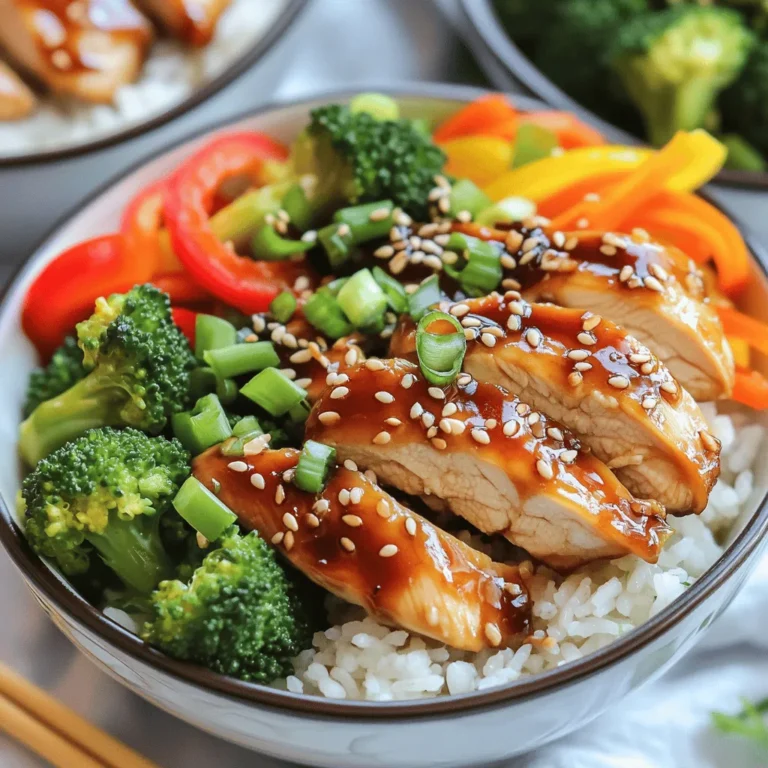 To create a tasty teriyaki chicken bowl, you need a few key ingredients. Here’s what to gather: - Chicken Breasts: 2 chicken breasts, thinly sliced into strips - Marinade Components: - 1/4 cup low-sodium soy sauce - 2 tablespoons honey - 1 tablespoon rice vinegar - 1 teaspoon sesame oil - 1 tablespoon minced ginger - 2 cloves garlic, minced - Jasmine Rice and Cooking Liquid: - 1 cup jasmine rice - 2 cups water or chicken broth (for a richer taste) - Vegetables: - 1 cup broccoli florets - 1 bell pepper, thinly sliced (choose red or yellow for color) - 1 carrot, julienned - Garnishes: - 2 green onions, sliced (for garnish) - Sesame seeds (for garnish) This list covers all the essentials for your teriyaki chicken bowls. Each ingredient plays a role in building flavor and texture. Enjoy the process of putting it all together! For the full recipe, follow the detailed instructions provided. To start, we need to mix the marinade. In a medium bowl, combine: - 1/4 cup low-sodium soy sauce - 2 tablespoons honey - 1 tablespoon rice vinegar - 1 teaspoon sesame oil - 1 tablespoon minced ginger - 2 cloves minced garlic Whisk it all together until it blends well. Next, add the chicken strips and coat them fully. Cover the bowl with plastic wrap. Let it marinate for at least 30 minutes at room temperature, or up to 2 hours in the fridge. This step makes the chicken taste really good. For the rice, rinse it first. Place 1 cup of jasmine rice in a strainer. Rinse it under cold water until the water runs clear. This removes extra starch and helps the rice cook better. In a medium saucepan, add 2 cups of water or chicken broth. Bring it to a boil. Once boiling, add the rinsed rice. Turn the heat down low, cover it, and let it simmer for 15-18 minutes. The rice will absorb all the liquid and become fluffy. After cooking, let it sit for 5 minutes covered. Now let’s sauté the vegetables. Heat a large skillet over medium heat. Add a splash of water or a little oil. Once it’s hot, toss in: - 1 cup broccoli florets - 1 sliced bell pepper - 1 julienned carrot Cook these for about 4-5 minutes. Stir them occasionally. You want them bright and tender. When done, take the veggies out of the skillet and set them aside. In the same skillet, add the marinated chicken and all the marinade. Turn the heat to medium-high. Cook the chicken for 6-8 minutes, stirring now and then. You want it fully cooked and a little caramelized. Check that it reaches an internal temperature of 165°F (75°C) for safety. Let’s put it all together! Fluff the cooked rice with a fork. Divide the rice into bowls. Now, top each bowl with the sautéed vegetables and the tasty teriyaki chicken. For a nice touch, sprinkle sliced green onions and sesame seeds on top. This adds flavor and makes the dish look great! Serve your colorful teriyaki bowls in bright dishes to highlight all the vibrant ingredients. Enjoy your delicious creation! For the full recipe, check out the detailed instructions above. For the best flavor, marinate the chicken for at least 30 minutes. This helps the chicken soak up all the tasty marinade. If you have time, try marinating for up to 2 hours in the fridge. This gives the chicken an even deeper flavor. If you want to switch things up, you can use tofu instead of chicken. Tofu absorbs flavors well and works great in this dish. You could also use shrimp or beef for a different twist. To make fluffy rice, rinse it well before cooking. This removes extra starch and keeps it from being sticky. Use a 1:1 ratio of rice to water or broth. Bring it to a boil, then lower the heat and cover. Let it simmer until all the liquid is gone. For the vegetables, cook them just until tender. This keeps them bright and crunchy. You can also add other veggies like snap peas, mushrooms, or zucchini to add variety. For a beautiful presentation, use colorful bowls. The bright colors of the chicken and veggies will look stunning against a white or contrasting bowl. Add a lime wedge on the side for a fresh twist. Pair your teriyaki chicken bowl with a light drink. Green tea or a cold lemonade works well. If you're feeling fancy, a light sake could be perfect too. {{image_4}} If you want to switch things up, try different proteins. Tofu is a great choice if you want a plant-based option. It absorbs the teriyaki sauce well, giving it a tasty flavor. Cut the tofu into cubes and marinate it just like the chicken. Beef is another option. Use flank steak or sirloin for best results. Slice the beef thinly against the grain. Marinate it the same way and cook it for a short time. This will keep the beef tender. Shrimp works well too. Just make sure to peel and devein them first. Marinate the shrimp briefly, only about 15 minutes, and cook them in the hot skillet. They cook fast, usually in just a few minutes. You can use many vegetables in teriyaki bowls. Bell peppers and broccoli are classics. But you can also add snap peas for crunch. Mushrooms add a rich flavor. Zucchini and asparagus are great too. Cut them into bite-sized pieces for even cooking. Eggplant can also work if you roast it first. Mix and match your favorites based on what you have. Rice is a staple in teriyaki bowls, but there are fun alternatives. Quinoa is a great substitute. It is high in protein and cooks quickly. Rinse it well before cooking to remove bitterness. Cauliflower rice is perfect for a low-carb option. Just pulse cauliflower florets in a food processor until they look like rice. Sauté it lightly with some garlic for flavor. Both options are healthy and tasty. They let you enjoy teriyaki bowls while changing the base. You can find the full recipe for the teriyaki chicken bowls in the previous section. Your teriyaki chicken bowls can last in the fridge for up to four days. Store them in an airtight container. This keeps them fresh and tasty. Just make sure to let them cool before sealing. You can freeze the chicken and veggies for up to three months. To freeze, place them in freezer bags. Remove as much air as possible before sealing. This helps prevent freezer burn. When you're ready to eat, thaw overnight in the fridge. Reheating can be quick and easy. You can use a microwave or the stove. - Microwave: Place the bowl in the microwave. Heat for 1-2 minutes, stirring halfway through. Add a splash of water to keep it moist. - Stove: Heat a skillet over medium heat. Add a little oil or water, then add the chicken and veggies. Cook until heated through, about 5-7 minutes. Both methods work well, but the stove can keep the chicken crispy. Enjoy your meal just as tasty as when you first made it! For the full recipe, check the earlier sections. To make teriyaki sauce, you need simple ingredients. Here’s what you’ll need: - 1/4 cup low-sodium soy sauce - 2 tablespoons honey - 1 tablespoon rice vinegar - 1 teaspoon sesame oil - 1 tablespoon minced ginger - 2 cloves garlic, minced Mix these ingredients in a bowl. Whisk until smooth. This sauce adds a sweet and salty flavor. You can adjust the honey for more sweetness. Jasmine rice is an excellent choice for teriyaki chicken bowls. It has a soft texture and a floral aroma. Other rice options include brown rice and basmati rice. Brown rice adds extra fiber but takes longer to cook. Basmati rice has a nutty flavor but may not be as sticky. Jasmine rice holds the sauce well, making each bite flavorful. Yes, you can prepare teriyaki chicken bowls in advance. Here are some tips: - Marinate the chicken the night before. This allows the flavors to deepen. - Cook the rice and vegetables a few hours ahead. Store them in separate containers. - Assemble the bowls just before serving. This keeps everything fresh. You can find great teriyaki chicken bowls at many restaurants. Look for Asian cuisine spots or sushi bars. Chains like Panda Express often have them, too. Local eateries may have unique versions worth trying. Ask about their special sauces for a twist on the classic taste. You can modify this recipe for different diets. For gluten-free options, use tamari instead of soy sauce. To make it low-calorie, use less honey or substitute with a sugar alternative. You can also use skinless chicken breasts or lean protein like tofu. These changes keep the dish healthy while still being tasty. This blog post covered how to make delicious Teriyaki Chicken Bowls. We discussed ingredients, marinating chicken, cooking rice, and sautéing vegetables. Each step helps create a balanced meal you'll love. As you assemble the bowls, remember to make them look great. Don't forget to explore variations and storage tips to enjoy later. Happy cooking!